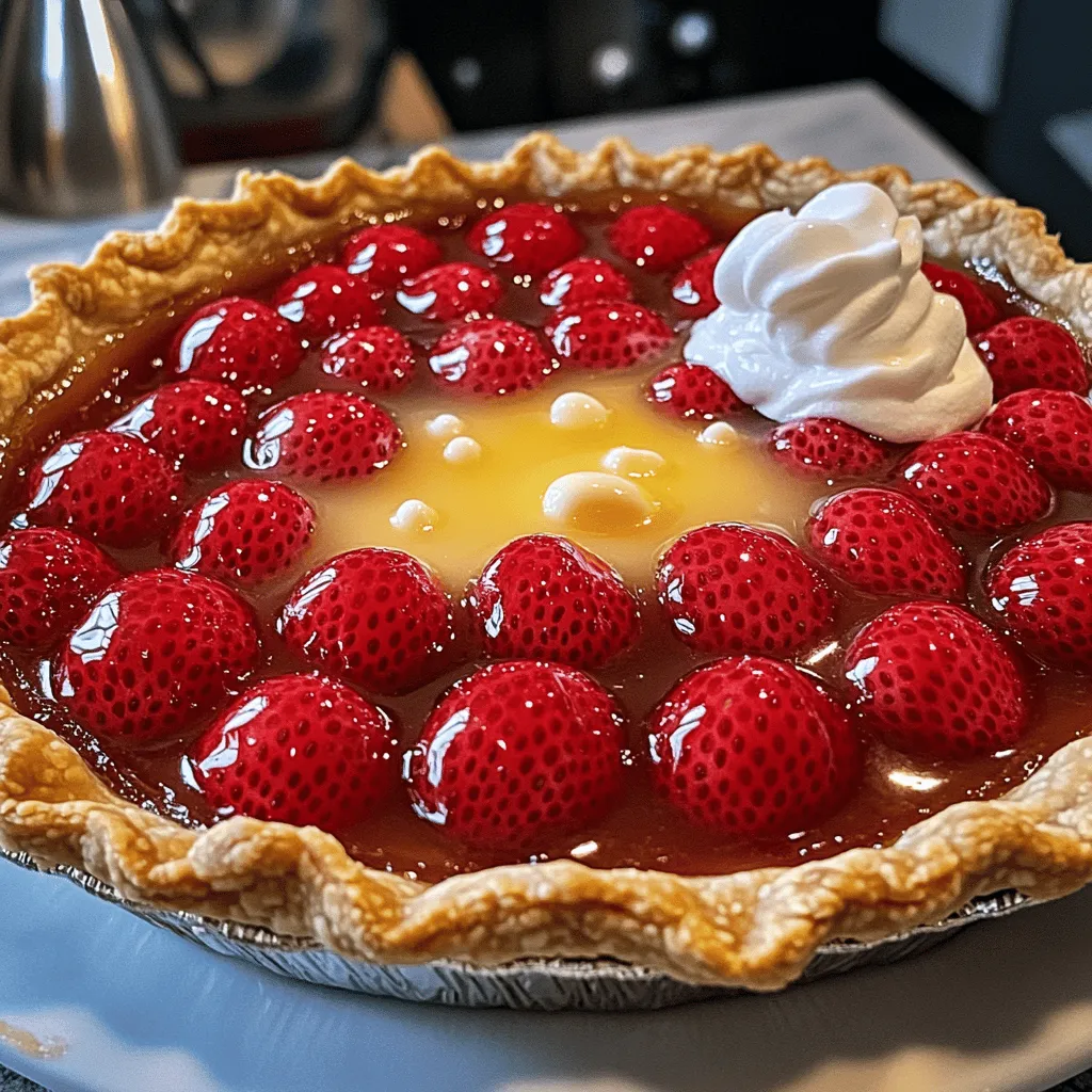 To make the best strawberry pie, you need: - 1 pre-made pie crust (or homemade, if preferred) - 4 cups fresh strawberries, hulled and halved - 1 cup granulated sugar (divided) - 2 tablespoons cornstarch - 1 tablespoon lemon juice - 1 teaspoon vanilla extract - 1/4 teaspoon salt - 1 tablespoon unsalted butter, cut into small pieces - Whipped cream or vanilla ice cream for serving (optional) For this pie, I recommend quality brands for great taste: - Pie Crust: Look for Marie Callender’s or Pillsbury for pre-made options. - Sugar: Use Domino or C&H for consistent sweetness. - Cornstarch: Argo is a reliable brand for thickening. - Butter: Choose Land O'Lakes or Challenge for rich flavor. If you have allergies or want to make swaps, try these: - Pie Crust: Use gluten-free crust for a gluten-free option. - Sugar: Substitute with coconut sugar for a healthier choice. - Cornstarch: Arrowroot powder works well if you cannot use cornstarch. - Dairy-Free: Replace unsalted butter with coconut oil or vegan butter. Feel free to explore these options to suit your taste and dietary needs! 1. Prepare the Strawberries: In a large bowl, mix the halved strawberries with 1/2 cup sugar. Toss gently to coat them. Let them sit for about 15 minutes. This helps the strawberries release their juices. 2. Make the Filling: In a small bowl, combine the remaining 1/2 cup sugar, cornstarch, lemon juice, vanilla extract, and salt. Mix well until everything is combined. 3. Cook the Mixture: Pour the strawberry mix into a pot over medium heat. Add the cornstarch mix. Stir often until it bubbles and thickens, about 5-7 minutes. This step enhances the flavor and gives the strawberries a shiny glaze. Remove from heat and let it cool slightly. 4. Preheat the Oven: While the filling cools, set your oven to 375°F (190°C). 5. Assemble the Pie: Pour the strawberry filling into the pie crust. Spread it out evenly. Dot the top with small butter pieces to add richness. 6. Bake: Cover the pie loosely with aluminum foil. Bake for 25-30 minutes. Remove the foil and bake for another 10-15 minutes until the crust turns golden and the filling bubbles. 7. Cool: Let the pie cool at room temperature for at least 2 hours. This time helps it set before serving. 8. Serve: Slice the pie and top it with whipped cream or vanilla ice cream if you like. - Choose ripe strawberries. They should be bright red and firm. - Wash them gently under cool water. Pat them dry with a paper towel. - Remove the green tops carefully with a knife or huller. - Cut strawberries evenly to ensure they cook at the same rate. - If you have extra strawberries, you can freeze them for later use. - Use fresh strawberries in the summer when they are in season. They taste best at this time. - Frozen strawberries are great in winter or when fresh ones are not available. They work well in pies. - If using frozen strawberries, thaw them first and drain excess liquid. This helps avoid a soggy pie. To make a great pie crust, keep it cold. Use chilled butter and ice-cold water. This helps the crust stay flaky. Roll it out on a cool surface. If it gets too warm, pop it in the fridge for a few minutes. One big mistake is overworking the dough. This makes it tough. Mix just until combined. Also, don’t skip the chilling step. It helps the crust hold shape while baking. Lastly, check the browning. If it gets too dark, cover it with foil. You can add zest to your pie. Grate lemon or orange peel into the filling. This gives a bright taste. Try mixing in some fresh mint leaves for a refreshing twist. For a richer flavor, add a touch of almond extract too. Remember to balance flavors by adjusting sugar as needed. {{image_2}} You can make a richer strawberry pie by adding cream cheese. Start with 8 ounces of softened cream cheese. Mix it with 1/3 cup of sugar and 1 teaspoon of vanilla. Spread this mixture onto the pie crust before adding the strawberry filling. The cream cheese adds a smooth texture and a nice tang that works well with the strawberries. If you need a gluten-free option, use a gluten-free pie crust. You can find these at many stores. You could also make your own with almond flour or gluten-free baking mixes. Just be sure to check the ingredients. The filling stays the same, so your pie remains just as delicious and fresh! Try adding seasonal fruits for new flavors. In spring, mix in some rhubarb for a tart kick. In summer, add fresh peaches for sweetness. You can even add herbs like mint or basil for a fun twist. These small changes can make your strawberry pie stand out and impress your family and friends. To store leftover strawberry pie, cover it tightly with plastic wrap or aluminum foil. Place it in the fridge for up to three days. This keeps the pie fresh and the crust from getting soggy. If you have a slice left, use a pie server to lift it out gently. This keeps the filling intact and looks nice on your plate. If you want to save your pie for later, you can freeze it! First, let the pie cool completely. Wrap it in plastic wrap, then in aluminum foil. This prevents freezer burn. You can freeze it for up to three months. When you're ready to eat it, thaw it overnight in the fridge. To reheat your strawberry pie, preheat your oven to 350°F (175°C). Remove any plastic wrap or foil, and place the pie in an oven-safe dish. Heat it for about 10-15 minutes. This warms the filling and crust without making it soggy. Serve it warm with whipped cream or ice cream for a tasty treat. For more details on making the pie, check the Full Recipe. To make your pie less sweet, reduce the sugar. Use only 1/2 cup instead of 1 cup. You can also use less sugar in the filling. Try adding more lemon juice. The tart flavor will balance the sweetness. If you want, add fresh mint. It gives a nice flavor without extra sugar. Yes, you can use other fruits. Blueberries and raspberries work well. You can mix different berries for a fun twist. Apples or peaches can also be used. Just remember to adjust the sugar based on the fruit's sweetness. Each fruit will bring its own taste and texture. Serve your pie with whipped cream. A scoop of vanilla ice cream is also great. For a twist, try serving it with yogurt. You can even drizzle some chocolate sauce over it. Each option will add a new layer of flavor to your pie. You learned how to make a great strawberry pie. We covered the best ingredients, cooking steps, and tips to avoid mistakes. I shared fun ways to change the pie and how to store it. Remember, fresh strawberries give the best taste, but frozen can work too. Try the variations to keep it exciting. With a little care, you can impress everyone with your pie. Enjoy baking and sharing this delicious treat!