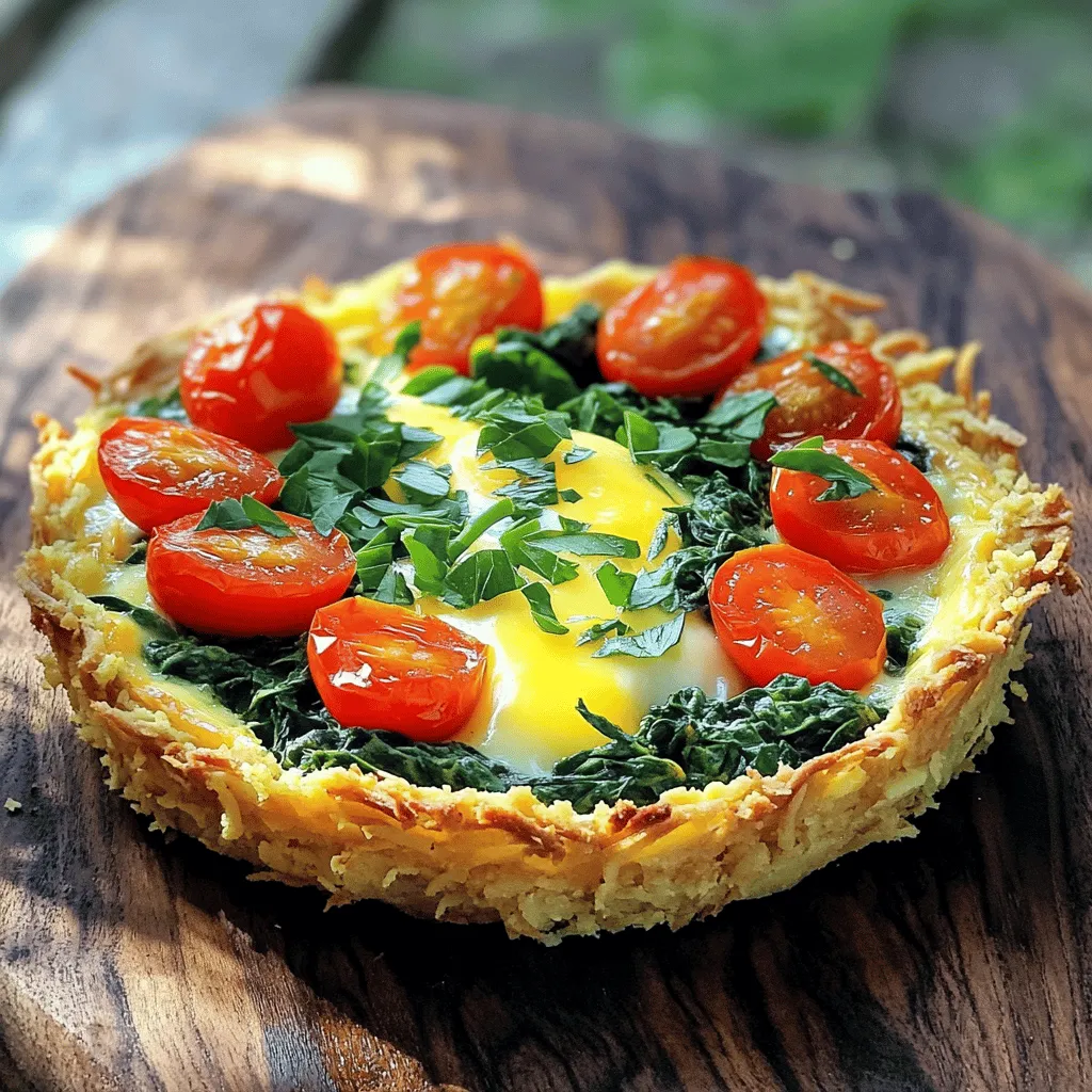 - 2 cups frozen hash browns, thawed - 1 cup shredded mozzarella cheese - 1 cup fresh spinach, chopped - 1/2 cup cherry tomatoes, halved - 4 large eggs - 1 cup whole milk