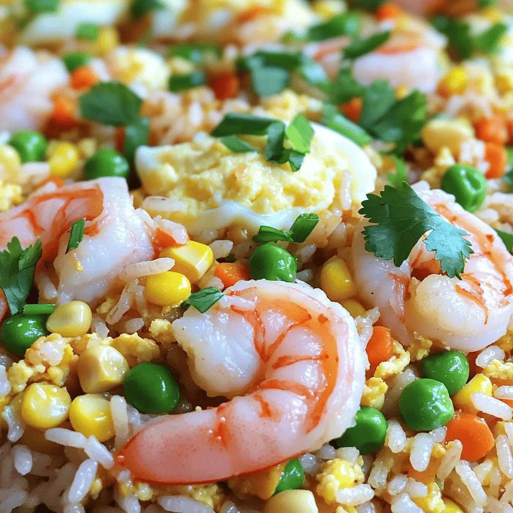 - 2 cups cooked jasmine rice (preferably chilled) - 1 lb shrimp, peeled and deveined - 2 tablespoons olive oil - 3 cloves garlic, minced - 1 small onion, finely chopped - 1 cup mixed vegetables (peas, carrots, and corn) - 2 eggs, beaten - 3 tablespoons soy sauce - 1 tablespoon sesame oil - 1 teaspoon ginger, grated - 2 green onions, sliced - Salt and pepper to taste - Fresh cilantro for garnish (optional) To make great shrimp fried rice, you need the right ingredients. Using chilled jasmine rice is key. This rice has a light and fluffy texture, perfect for frying. Fresh shrimp adds a sweet and savory taste. Always peel and devein your shrimp for the best results. Next, garlic and onion bring a strong flavor. Minced garlic gives a nice aroma while the onion adds sweetness. Mixed vegetables like peas, carrots, and corn create color and nutrition. Eggs are a must for richness. They also help bind the rice. Soy sauce and sesame oil enhance the dish's taste, giving it that umami punch. Grated ginger adds warmth and spice. Sliced green onions not only garnish but also add a fresh crunch. Season with salt and pepper to balance everything out. Feel free to use fresh cilantro to make your dish pop. For the full recipe, check out the [Full Recipe]. - Cook jasmine rice and chill it. - Prepare shrimp and vegetables. To start, you need to cook the jasmine rice. I suggest making it ahead of time and chilling it in the fridge. This helps the rice firm up, making it perfect for frying. You can cook it the night before for the best results. While the rice cools, prepare your shrimp and vegetables. Make sure to peel and devein the shrimp. Chop your onion and garlic finely to enhance the flavor. - Cooking shrimp and removing from the pan. - Sautéing garlic and onions. - Adding mixed vegetables and ginger. - Scrambling eggs and combining ingredients. Now, heat a large frying pan or wok over medium-high heat. Add one tablespoon of olive oil. Once it’s hot, toss in the shrimp. Cook until they turn pink and opaque, about 2-3 minutes. Remove the shrimp and set them aside. In the same pan, add the rest of the olive oil. Sauté the minced garlic and chopped onion for 2-3 minutes until the onion is soft and fragrant. Next, add your mixed vegetables and grated ginger. Cook for another 2-3 minutes until the veggies are warm. Push the veggies to one side of the pan. Pour in the beaten eggs on the empty side and scramble them until just set. Mix the eggs with the vegetables to combine everything. - Combining cooked shrimp and rice. - Seasoning and serving suggestions. Now, it’s time to bring it all together. Add your chilled rice to the pan, followed by the cooked shrimp. Drizzle soy sauce and sesame oil over the mixture. Stir well to ensure everything is combined and heated through. Finally, season with salt and pepper to taste. Add sliced green onions for a fresh touch. Scoop the shrimp fried rice into bowls or plates. You can garnish with fresh cilantro if you like. Enjoy this quick and easy dish that packs a punch of flavor! For the full recipe, check out the Shrimp Fried Rice Fiesta. Using chilled rice is key for great fried rice. Freshly cooked rice can get mushy. Chill the rice in the fridge for at least an hour. Overnight is best for texture. This helps each grain stay separate. Cooking shrimp perfectly takes just a few minutes. Sauté shrimp over medium-high heat. Watch for the shrimp to turn pink and opaque. This usually takes 2-3 minutes. Remove them from the pan to avoid overcooking. To boost flavor, try adding a splash more soy sauce. You can also toss in a bit of oyster sauce for depth. Fresh ginger adds a nice kick. Consider using herbs like cilantro or basil for freshness. Just chop them and mix them in before serving. One big mistake is overcooking shrimp. Rubber shrimp isn’t fun to eat. Always monitor the color closely. If shrimp are gray too long, they will become tough. Another mistake is not mixing the ingredients well. You want every bite to have flavor. Stir thoroughly to combine all elements. Make sure the rice is heated through and well-distributed. {{image_2}} You can switch shrimp for chicken or tofu. This makes the dish fun and new. For chicken, use small, bite-sized pieces. Cook them until they are golden. For tofu, press it to remove extra water. Cut it into cubes and sauté until crispy. Both can add great texture and flavor. You can also use fresh seafood alternatives. Consider scallops or crab meat. These options bring a sweet taste that pairs well with rice. Just remember to cook them quickly, so they stay tender. Mixing vegetables can change the whole dish. You can use broccoli, bell peppers, or snap peas. They add crunch and color. Swap out the mixed vegetables for what you have on hand. Frozen veggies work too! Seasonal variations can make it special. In spring, add asparagus or peas. In summer, use zucchini or corn. Fall can have mushrooms or squash. Each season gives a new twist to your fried rice. If you need gluten-free options, use tamari instead of soy sauce. It tastes just as good and works in this recipe. You can also find gluten-free soy sauce at many stores. For vegan adaptations, skip the shrimp and eggs. Instead, use more veggies or plant-based protein. You can also add crushed tofu for extra protein. This way, everyone can enjoy a tasty meal! For the complete recipe, check out the Full Recipe. After making shrimp fried rice, let it cool. Place leftovers in an airtight container. Store them in the fridge. This keeps the rice fresh for about three to four days. When reheating, use a pan or microwave. If using a pan, add a splash of water. This helps keep the rice moist. Heat it on low, stirring often. If using a microwave, cover the bowl with a damp paper towel. This adds steam and warms the rice evenly. You can freeze shrimp fried rice for longer storage. First, let it cool completely. Then, place it in a freezer-safe bag. Make sure to remove as much air as possible. This will help prevent freezer burn. It can last for about one to two months. To thaw, move it to the fridge overnight. For a quicker method, run the bag under cold water. Once thawed, reheat it in a pan or microwave. Add a bit of water if it seems dry. Stored shrimp fried rice lasts about three to four days in the fridge. If frozen, it remains good for one to two months. To check for spoilage, look for off smells or unusual colors. If it seems dry or hard, it's time to toss it out. Always trust your senses before eating. To avoid rubbery shrimp, cook them quickly. Heat your pan well before adding the shrimp. When they turn pink and opaque, they are done. This usually takes about 2-3 minutes. Don't overcook them; they will continue to cook a bit after you take them off the heat. Yes, you can use cooked rice. Just make sure it's chilled. This helps to keep the grains separate. If you use warm rice, it may clump together. For best results, leftover rice works great in this recipe. Jasmine rice is my favorite for fried rice. It has a nice aroma and a fluffy texture. You can also use long-grain rice or basmati rice. These types hold up well when fried and mix nicely with other ingredients. To add spice, try adding red pepper flakes or sriracha. Mix these in when you add the soy sauce. You can also toss in diced jalapeños for a fresh kick. Adjust the amount to match your heat preference. This blog post guides you through making a delicious shrimp fried rice. We covered the ingredients, preparation steps, and cooking techniques to ensure great flavor. I shared tips to avoid common mistakes and offered variations for different diets. Remember, using cold rice and cooking shrimp properly are key for the best results. Enjoy trying out the many ways to customize this dish to fit your needs!