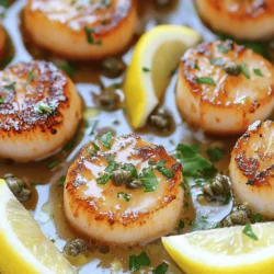 - 1 pound sea scallops, patted dry - Salt and black pepper to taste - 2 tablespoons olive oil - 2 tablespoons unsalted butter - 2 cloves garlic, minced - 1 tablespoon capers, rinsed and drained - Zest of 1 lemon - 2 tablespoons fresh lemon juice - 1 tablespoon chopped fresh parsley I love these ingredients! They create a bright and tasty dish. The sea scallops shine as the star. Patted dry, they create a lovely sear. This gives a golden crust that keeps the inside tender. For the sauce, we use simple items: butter, garlic, and capers. These flavors meld perfectly. The butter adds richness, while garlic gives warmth. Capers bring a salty punch that wakes up the dish. Lemon zest and juice add a fresh burst. They brighten the sauce and balance the rich scallops. Fresh parsley adds a pop of color and flavor. You can find the full recipe [here](#). Enjoy cooking this simple yet elegant dish! Pat the scallops dry with paper towels. This step is key for a nice sear. If the scallops are wet, they will steam instead of brown. Next, season both sides with salt and black pepper. This simple step adds great flavor. Heat a large skillet over medium-high heat. Add 2 tablespoons of olive oil. When the oil starts to shimmer, place the scallops in the pan. Make sure to leave space between each scallop. This helps them cook evenly. Sear the scallops for 2-3 minutes without moving them. Look for a nice golden crust. Then, flip the scallops and cook for another 2-3 minutes. When both sides are golden and fully cooked, remove them from the pan. Set them aside on a warm plate. In the same pan, reduce the heat to medium. Add 2 tablespoons of unsalted butter and let it melt. Once it's melted, add 2 cloves of minced garlic. Sauté the garlic for about 30 seconds until it becomes fragrant. This adds a rich aroma to the sauce. Next, stir in 1 tablespoon of capers, the zest of 1 lemon, and 2 tablespoons of fresh lemon juice. Scrape any browned bits from the pan. These bits add extra flavor. Let the sauce simmer for 1-2 minutes. This helps the flavors blend well. Return the scallops to the pan. Gently toss them in the lemon caper sauce for about a minute. This lets the scallops soak up the delicious sauce. To serve, place the scallops on a plate. Drizzle the lemon caper sauce over them. For a nice touch, sprinkle with 1 tablespoon of chopped fresh parsley. You can add lemon wedges on the side for extra zest. For the full recipe, check out the complete guide. To get a great sear on your scallops, start by drying them well. Moisture will prevent a golden crust. Use paper towels to pat each scallop dry. This simple step makes a big difference. Next, heat your skillet. Use medium-high heat and add olive oil. Wait until the oil shimmers before adding the scallops. This means it is hot enough. If the oil is too cool, the scallops will not sear properly. You can switch up flavors in your sauce. Try adding a splash of white wine for depth. You can also use Dijon mustard for a tangy touch. For a bit of heat, add red pepper flakes. Herbs can elevate the sauce. Fresh dill or basil can bring new life to your dish. Mix and match herbs to find your favorite flavor profile. Pair your scallops with light side dishes. A crisp salad or sautéed asparagus works well. These sides keep the meal fresh and bright. For wine, choose a dry white. A Sauvignon Blanc or a Pinot Grigio complements the lemon caper sauce. The right wine enhances the meal and adds to the experience. For the full recipe of Pan Seared Scallops with Lemon Caper Sauce, check the earlier sections. {{image_2}} You can switch scallops for shrimp or fish. Shrimp cooks faster, so reduce the time. For fish, adjust the cook time based on thickness. A thick piece may need an extra minute. Thin fish fillets cook quickly and may need less time. This way, you can enjoy a new taste while keeping the same lemon caper sauce. Feel free to play with citrus flavors. Try lime or orange juice for a twist. You can also mix in spices like paprika or cumin for warmth. These small changes can make a big flavor impact. Experiment with different herbs, too! Fresh dill or basil can brighten the dish. To make this dish gluten-free, ensure all ingredients are safe. Most items here are naturally gluten-free. For a vegan version, swap scallops for mushrooms or tofu. Use olive oil instead of butter. Adjust cooking times based on what you choose. The sauce can stay the same, keeping that zesty flavor. To store cooked scallops, let them cool first. Place the scallops in an airtight container. Use parchment paper between layers to avoid sticking. You can keep them in the fridge for up to two days. After that, the texture may start to change. For freezing scallops, do this before cooking. Rinse and pat them dry. Place them in a single layer on a baking sheet and freeze. Once frozen, transfer them to a freezer bag, removing as much air as possible. They can stay frozen for up to three months. For cooked scallops, let them cool and follow the same steps. When you are ready to use them, thaw in the fridge overnight. This keeps them juicy and tender. To reheat scallops, avoid using the microwave. Instead, place them in a skillet over low heat. Add a splash of water or broth to keep them moist. Cover the pan to help retain heat. Cook until warmed through, about five minutes. Common mistakes include cooking them too long or at high heat. This can make them rubbery. Always check for warmth instead of time. With these tips, you can enjoy your scallops again without losing flavor. For this recipe, I recommend using sea scallops. They are larger and meatier than bay scallops. Sea scallops have a sweet taste and a firm texture. Bay scallops are smaller and cook faster, but they can be less meaty. If you want a great sear and a nice bite, sea scallops are the way to go. You can tell scallops are done when they are opaque and firm to the touch. They should have a nice golden crust on the outside. If you poke them with a fork, they should spring back. Overcooked scallops can become rubbery, so keep a close eye on them while cooking. Yes, you can make the lemon caper sauce ahead of time. Just store it in an airtight container in the fridge. When you are ready to serve, gently reheat the sauce in a pan. Stir in a bit of fresh lemon juice to brighten the flavors. This keeps the sauce fresh and ready to go when you cook the scallops. For the full recipe, check out the detailed steps provided earlier. In this blog post, we explored how to prepare delicious sea scallops with a lemon caper sauce. You learned the key ingredients, step-by-step instructions, and tips for perfecting your dish. Remember, patted-dry scallops lead to the best sear. Don’t hesitate to experiment with other proteins or sauces to fit your taste. Lastly, proper storage and reheating methods ensure you enjoy leftovers without losing flavor. Enjoy your cooking journey!