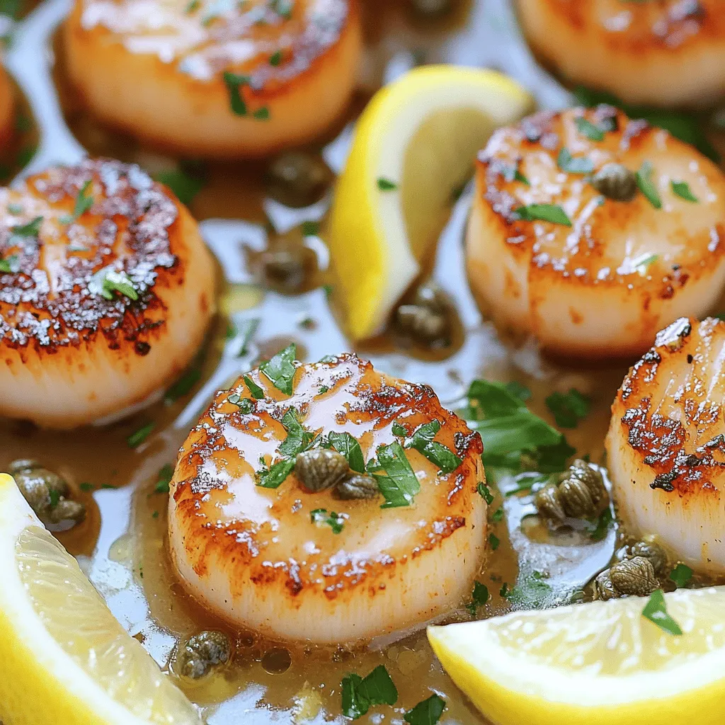 - 1 pound sea scallops, patted dry - Salt and black pepper to taste - 2 tablespoons olive oil - 2 tablespoons unsalted butter - 2 cloves garlic, minced - 1 tablespoon capers, rinsed and drained - Zest of 1 lemon - 2 tablespoons fresh lemon juice - 1 tablespoon chopped fresh parsley I love these ingredients! They create a bright and tasty dish. The sea scallops shine as the star. Patted dry, they create a lovely sear. This gives a golden crust that keeps the inside tender. For the sauce, we use simple items: butter, garlic, and capers. These flavors meld perfectly. The butter adds richness, while garlic gives warmth. Capers bring a salty punch that wakes up the dish. Lemon zest and juice add a fresh burst. They brighten the sauce and balance the rich scallops. Fresh parsley adds a pop of color and flavor. You can find the full recipe [here](#). Enjoy cooking this simple yet elegant dish! Pat the scallops dry with paper towels. This step is key for a nice sear. If the scallops are wet, they will steam instead of brown. Next, season both sides with salt and black pepper. This simple step adds great flavor. Heat a large skillet over medium-high heat. Add 2 tablespoons of olive oil. When the oil starts to shimmer, place the scallops in the pan. Make sure to leave space between each scallop. This helps them cook evenly. Sear the scallops for 2-3 minutes without moving them. Look for a nice golden crust. Then, flip the scallops and cook for another 2-3 minutes. When both sides are golden and fully cooked, remove them from the pan. Set them aside on a warm plate. In the same pan, reduce the heat to medium. Add 2 tablespoons of unsalted butter and let it melt. Once it's melted, add 2 cloves of minced garlic. Sauté the garlic for about 30 seconds until it becomes fragrant. This adds a rich aroma to the sauce. Next, stir in 1 tablespoon of capers, the zest of 1 lemon, and 2 tablespoons of fresh lemon juice. Scrape any browned bits from the pan. These bits add extra flavor. Let the sauce simmer for 1-2 minutes. This helps the flavors blend well. Return the scallops to the pan. Gently toss them in the lemon caper sauce for about a minute. This lets the scallops soak up the delicious sauce. To serve, place the scallops on a plate. Drizzle the lemon caper sauce over them. For a nice touch, sprinkle with 1 tablespoon of chopped fresh parsley. You can add lemon wedges on the side for extra zest. For the full recipe, check out the complete guide. To get a great sear on your scallops, start by drying them well. Moisture will prevent a golden crust. Use paper towels to pat each scallop dry. This simple step makes a big difference. Next, heat your skillet. Use medium-high heat and add olive oil. Wait until the oil shimmers before adding the scallops. This means it is hot enough. If the oil is too cool, the scallops will not sear properly. You can switch up flavors in your sauce. Try adding a splash of white wine for depth. You can also use Dijon mustard for a tangy touch. For a bit of heat, add red pepper flakes. Herbs can elevate the sauce. Fresh dill or basil can bring new life to your dish. Mix and match herbs to find your favorite flavor profile. Pair your scallops with light side dishes. A crisp salad or sautéed asparagus works well. These sides keep the meal fresh and bright. For wine, choose a dry white. A Sauvignon Blanc or a Pinot Grigio complements the lemon caper sauce. The right wine enhances the meal and adds to the experience. For the full recipe of Pan Seared Scallops with Lemon Caper Sauce, check the earlier sections. {{image_2}} You can switch scallops for shrimp or fish. Shrimp cooks faster, so reduce the time. For fish, adjust the cook time based on thickness. A thick piece may need an extra minute. Thin fish fillets cook quickly and may need less time. This way, you can enjoy a new taste while keeping the same lemon caper sauce. Feel free to play with citrus flavors. Try lime or orange juice for a twist. You can also mix in spices like paprika or cumin for warmth. These small changes can make a big flavor impact. Experiment with different herbs, too! Fresh dill or basil can brighten the dish. To make this dish gluten-free, ensure all ingredients are safe. Most items here are naturally gluten-free. For a vegan version, swap scallops for mushrooms or tofu. Use olive oil instead of butter. Adjust cooking times based on what you choose. The sauce can stay the same, keeping that zesty flavor. To store cooked scallops, let them cool first. Place the scallops in an airtight container. Use parchment paper between layers to avoid sticking. You can keep them in the fridge for up to two days. After that, the texture may start to change. For freezing scallops, do this before cooking. Rinse and pat them dry. Place them in a single layer on a baking sheet and freeze. Once frozen, transfer them to a freezer bag, removing as much air as possible. They can stay frozen for up to three months. For cooked scallops, let them cool and follow the same steps. When you are ready to use them, thaw in the fridge overnight. This keeps them juicy and tender. To reheat scallops, avoid using the microwave. Instead, place them in a skillet over low heat. Add a splash of water or broth to keep them moist. Cover the pan to help retain heat. Cook until warmed through, about five minutes. Common mistakes include cooking them too long or at high heat. This can make them rubbery. Always check for warmth instead of time. With these tips, you can enjoy your scallops again without losing flavor. For this recipe, I recommend using sea scallops. They are larger and meatier than bay scallops. Sea scallops have a sweet taste and a firm texture. Bay scallops are smaller and cook faster, but they can be less meaty. If you want a great sear and a nice bite, sea scallops are the way to go. You can tell scallops are done when they are opaque and firm to the touch. They should have a nice golden crust on the outside. If you poke them with a fork, they should spring back. Overcooked scallops can become rubbery, so keep a close eye on them while cooking. Yes, you can make the lemon caper sauce ahead of time. Just store it in an airtight container in the fridge. When you are ready to serve, gently reheat the sauce in a pan. Stir in a bit of fresh lemon juice to brighten the flavors. This keeps the sauce fresh and ready to go when you cook the scallops. For the full recipe, check out the detailed steps provided earlier. In this blog post, we explored how to prepare delicious sea scallops with a lemon caper sauce. You learned the key ingredients, step-by-step instructions, and tips for perfecting your dish. Remember, patted-dry scallops lead to the best sear. Don’t hesitate to experiment with other proteins or sauces to fit your taste. Lastly, proper storage and reheating methods ensure you enjoy leftovers without losing flavor. Enjoy your cooking journey!