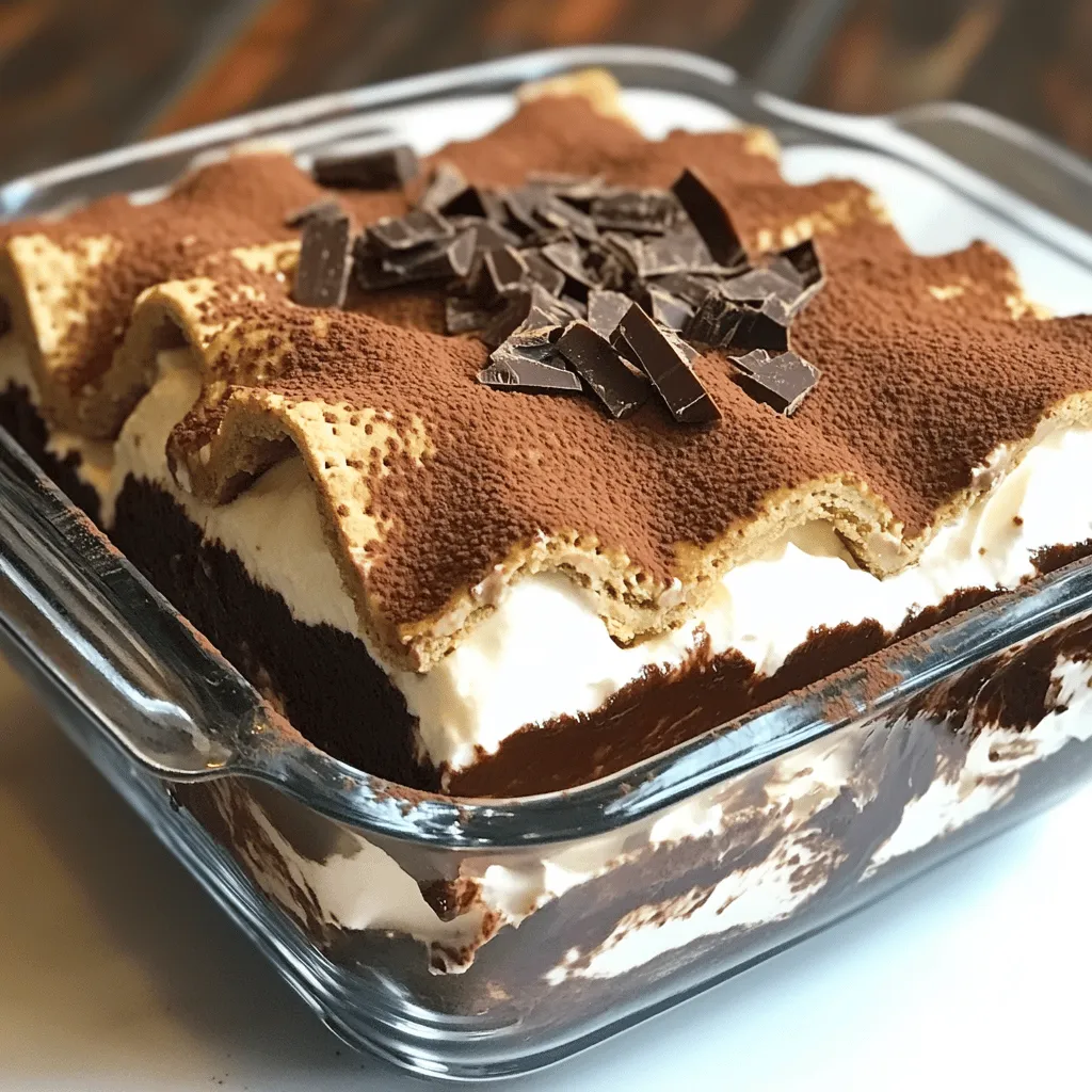 To make this delightful chocolate lasagna, you need a few simple ingredients. Here’s what you’ll need: - 12 full-size chocolate graham crackers - 2 cups milk - 1 package (3.4 oz) instant chocolate pudding mix - 1 package (8 oz) cream cheese, softened - 1 cup powdered sugar - 1 cup whipped topping (e.g., Cool Whip) - 1 cup semi-sweet chocolate chips - 1/4 cup cocoa powder (for dusting) - Chocolate shavings or curls, for garnish These ingredients come together to create layers of rich chocolate and creamy goodness. The chocolate graham crackers give a nice crunch, while the pudding and cream cheese add smoothness. The whipped topping makes everything light and fluffy. Don’t forget to check the Full Recipe for all the details! First, grab a medium bowl. Pour in 2 cups of milk. Add 1 package of instant chocolate pudding mix. Whisk them together until smooth. Let the mixture sit for about 5 minutes. This helps it thicken up nicely. Next, take another bowl. Beat 1 package of softened cream cheese with an electric mixer until smooth. Then, slowly mix in 1 cup of powdered sugar. Keep mixing until they blend well. Gently fold in 1 cup of whipped topping. This makes the layer light and fluffy. Now, you can start layering. In a 9x13 inch baking dish, lay 6 chocolate graham crackers flat. Spread half of the cream cheese mixture over the crackers. Then, add half of the prepared chocolate pudding. Make sure to smooth it out evenly. For the next layer, add another 6 chocolate graham crackers. Top with the rest of the cream cheese mixture. Finally, spread the remaining pudding on top. Cover the dish with plastic wrap. Refrigerate it for at least 4 hours, or overnight if possible. This lets the flavors mix and the layers firm up. For the full recipe, check out the details provided above! To make a fluffy cream cheese mixture, start with room-temperature cream cheese. This helps it blend better. Use an electric mixer for best results. Mix on medium speed until smooth. Gradually add powdered sugar while mixing. Finally, fold in the whipped topping gently. This keeps the air in, making it light. For equipment, a mixing bowl and electric mixer work well. A rubber spatula helps when folding in the whipped topping. Make sure your tools are clean for the best texture. For even layers, use a flat spatula. This helps spread the cream cheese and pudding smoothly. When adding the crackers, press them down gently. This keeps everything compact and neat. To prevent the crackers from getting soggy, layer them quickly. Don't let the pudding sit too long before spreading it. You can also add a thin layer of cream cheese on the crackers. This barrier helps keep them crisp. Serve chocolate lasagna chilled for the best taste. It’s perfect right out of the fridge. For garnishing, dust cocoa powder on top before serving. You can also add chocolate shavings or curls for flair. These touches make the dessert look extra special. For the full recipe, check out the detailed instructions above. Enjoy your delicious creation! {{image_2}} You can swap graham crackers for other desserts. Try chocolate wafers or even cookies. They add a fun twist to your chocolate lasagna. Using flavored pudding mixes is also an option. Vanilla or caramel pudding can bring new tastes to the dish. For gluten-free options, use gluten-free cookies or crackers. They work well in place of regular graham crackers. If you need a dairy-free version, use vegan cream cheese and plant-based whipped topping. These choices keep the dessert rich and tasty. Want to spice things up? Add mint or espresso flavors to the pudding. A dash of peppermint extract can make it refreshing. You can also mix in coffee for a deeper flavor. Incorporating fruit layers can give a burst of freshness. Add sliced strawberries or bananas between the layers for a fruity surprise. These variations make the dessert fun and unique. If you want to explore the full recipe, check out the details in the earlier sections. Store your chocolate lasagna in an airtight container. This helps keep it fresh. You can use a glass dish with a lid or wrap it tightly with plastic wrap. Proper storage keeps the layers from drying out. Chocolate lasagna lasts for up to 5 days in the fridge. After that, the texture may change, and it might not taste as good. You can freeze chocolate lasagna if you want to save some for later. To freeze, cover it well with plastic wrap and then with aluminum foil. This protects it from freezer burn. You can freeze it for up to 2 months. When you are ready to eat it, take it out of the freezer. Place it in the fridge to thaw overnight. This method helps keep the texture nice and creamy. Enjoy your dessert just as delicious as when you first made it! Yes, chocolate lasagna is great for making ahead. You should prepare it a day before you plan to serve it. This allows the layers to set and flavors to blend. Store it in the fridge, covered with plastic wrap. Enjoy it cold for the best taste! To firm up your chocolate lasagna, increase the chilling time. Aim for at least 6 hours or overnight if possible. You can also use less whipped topping in the cream cheese layer. This will help create a denser dessert that holds its shape better. If you need a substitute for cream cheese, try mascarpone cheese. It has a smooth texture and rich taste. You can also use Greek yogurt for a lighter option. Just make sure to adjust the sweetness if using yogurt. Chocolate lasagna can be made to fit some special diets. For a gluten-free option, use gluten-free graham crackers. For dairy-free needs, substitute cream cheese and whipped topping with plant-based alternatives. Check labels to ensure all ingredients meet dietary needs. Absolutely! Homemade whipped cream is a fantastic choice. Just whip heavy cream with a bit of sugar until soft peaks form. This will add a fresh taste to your chocolate lasagna. Plus, it avoids any preservatives found in store-bought options. In this post, we explored how to make a delicious chocolate lasagna. We discussed the ingredients, step-by-step instructions, and helpful tips. I shared ideas for variations and how to store it. Remember, you can customize this treat to fit any diet. Feel free to experiment with flavors or toppings. Enjoy making and sharing this delightful dessert with friends and family!
