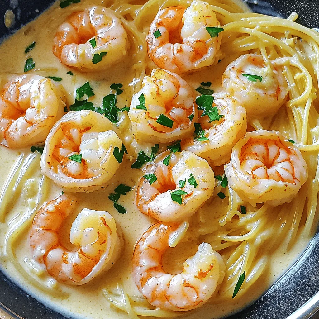 - 1 pound raw shrimp, peeled and deveined - 3 tablespoons butter - 4 cloves garlic, minced - 1 cup heavy cream - 1/2 cup grated Parmesan cheese - Salt and pepper to taste - 1 teaspoon red pepper flakes (optional) - 2 tablespoons fresh parsley, chopped (for garnish) - Cooked pasta or rice (for serving) To make Easy Creamy Garlic Shrimp, gather these simple yet rich ingredients. Start with fresh shrimp, as they provide the best flavor. The butter gives a nice base to your dish. Garlic adds that wonderful aroma and taste. Heavy cream makes it creamy and dreamy. Parmesan cheese adds depth and richness. Don't forget to season with salt and pepper. If you like a bit of heat, red pepper flakes work great. Finally, garnish with parsley for color and freshness. Serve it over pasta or rice to soak up all that delicious sauce. You can find the Full Recipe for easy cooking steps to create this mouthwatering dish. - Step 1: Melt the butter over medium heat. In a large skillet, add the butter. Let it melt slowly. This step builds a rich flavor base. - Step 2: Sauté garlic until fragrant. Add the minced garlic to the melted butter. Stir it for about 1-2 minutes. Watch closely so it does not burn. The smell will be amazing! - Step 3: Add shrimp to the skillet. Increase the heat to medium-high. Toss in the raw shrimp. Cook for 2-3 minutes until the shrimp turns pink. This means they are cooked through. - Step 4: Pour in heavy cream and stir. Next, pour in the heavy cream. Stir well to combine the cream with the butter and garlic. This creates a creamy sauce that coats the shrimp. - Step 5: Mix in Parmesan cheese. Add the grated Parmesan cheese to the skillet. Stir until it melts into the sauce. This adds a nice cheesy flavor. - Step 6: Season and simmer. Finally, season with salt and pepper. If you like a kick, add red pepper flakes. Let it simmer for another 2 minutes. This thickens the sauce and brings all the flavors together. Now, you can enjoy this dish over cooked pasta or rice for a complete meal. For the full recipe, check out the Easy Creamy Garlic Shrimp section. Choosing the right shrimp Select fresh or frozen shrimp that is raw and deveined. Look for shrimp that is firm and has a slight ocean scent. Avoid shrimp with a strong fishy smell. For this recipe, I prefer medium to large shrimp. They cook evenly and stay juicy. How to avoid overcooking shrimp Shrimp cooks quickly. Aim for 2-3 minutes in the skillet. Watch for color change from gray to pink. Remove shrimp as soon as they turn pink. Overcooking makes shrimp rubbery and tough. Adding herbs and spices Boost flavor by adding fresh herbs like parsley or basil. A pinch of red pepper flakes gives a nice kick. You can also include lemon zest for a fresh taste. These flavors elevate the dish and make it special. Serving suggestions with sides Serve creamy garlic shrimp over pasta or rice. This adds a hearty base. Add a side of steamed veggies for color and crunch. Garlic bread pairs well too, soaking up the creamy sauce. Best skillet types Use a large skillet for even cooking. A non-stick skillet makes cleanup easy. Cast iron works well for heat retention, but requires more care. Always preheat your skillet before adding shrimp. Recommended tools for ease Keep a sturdy spatula on hand. It helps flip shrimp without breaking them. Measuring cups and a garlic press make prep faster. A good knife is essential for mincing garlic finely. For the full recipe, check out the details above. {{image_2}} You can switch the shrimp for chicken or scallops. Chicken thighs work great. Cook them until golden brown. Then, follow the same steps as in the recipe. Scallops are another tasty choice. Sear them for about 2-3 minutes. They cook fast, so watch them closely. For a vegetarian option, use mushrooms. Slice them thick and sauté until they’re soft. They soak up the sauce well. Adding sun-dried tomatoes brings a burst of flavor. Chop them up and add them when you pour in the cream. They add a nice tang. You can also toss in fresh spinach or kale. Add them after the cream, and let them wilt. They boost nutrition and color. Each bite will feel fresh and lively. For low-carb options, skip the pasta or rice. Serve the creamy garlic shrimp over zucchini noodles instead. This keeps it light and healthy. If you need a dairy-free sauce, use coconut milk. It gives a creamy texture without dairy. Just make sure to adjust the seasoning since coconut has a sweeter taste. These swaps help fit different diets while keeping the dish delicious. To keep your creamy garlic shrimp fresh, refrigerate it right away. Place the shrimp in an airtight container. Make sure it cools to room temperature before sealing. This helps keep moisture in and prevents bacteria growth. For freezing, use freezer-safe bags or containers. Remove as much air as possible to avoid freezer burn. Label the container with the date for easy tracking. You can reheat shrimp in both the microwave and on the stovetop. The microwave is quick and easy. Use a microwave-safe dish and cover it loosely to keep moisture in. Heat in short bursts, stirring often. For stovetop reheating, use low heat in a skillet. Add a splash of cream or water to keep it creamy. This helps avoid rubbery shrimp. Always check that shrimp is hot all the way through before serving. In the fridge, creamy garlic shrimp lasts about 3 days. Store it properly to maintain freshness. If you notice a sour smell, off color, or unusual texture, it's best to throw it away. These are signs of spoilage. Always trust your senses when it comes to food safety. For the best taste, enjoy it within the first couple of days. For the full recipe, check out Easy Creamy Garlic Shrimp. You can tell shrimp is cooked by its color and texture. Look for a bright pink hue. The shrimp should curl into a C shape. If it turns white and opaque, it's ready. Cook it for about 2-3 minutes per side. Overcooked shrimp become tough. Yes, you can make creamy garlic shrimp ahead of time. Cook it as usual, then cool it down. Store it in an airtight container in the fridge. For best results, reheat it gently on the stove. Add a splash of cream to keep it rich and smooth. Creamy garlic shrimp pairs well with many sides. Here are some great options: - Cooked pasta, like fettuccine or linguine - White rice or jasmine rice - Steamed broccoli or asparagus - Garlic bread or a fresh salad These sides will complement the rich flavors of the shrimp. Enjoy your meal! For the full recipe, check out the Easy Creamy Garlic Shrimp section. This creamy garlic shrimp recipe is quick and easy. You learned about the key ingredients, simple steps, and helpful tips for success. Consider your options to change flavors or proteins. Storing leftovers and reheating correctly will keep your dish tasty. With these insights, you can create a meal that impresses everyone. Enjoy the process and have fun in the kitchen!