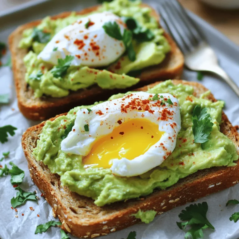 - Whole-grain bread - Ripe avocado - Eggs For this avocado toast with poached egg, the main ingredients are simple yet flavorful. The whole-grain bread gives a hearty base. It adds fiber and nutrients to your meal. Choose fresh, ripe avocado for the best taste. It should be creamy and slightly soft. Eggs are the star of this dish. They provide protein and richness. - Lemon juice - Red chili flakes - Fresh herbs You can add lemon juice for a bright flavor. It also helps the avocado stay fresh. Red chili flakes add a nice kick. Use fresh herbs like parsley or cilantro for a burst of color and taste. These optional add-ins let you customize your toast to your liking. - Salt and pepper Don’t forget the basics: salt and pepper. These seasonings will enhance all the flavors. Just a pinch of each is enough to make your dish shine. Season your avocado spread to suit your taste. This step is key for a delightful meal. For the full recipe, check the Avocado Toast Delight with Poached Egg section. Enjoy your cooking! Start by toasting two slices of whole-grain bread. Use a toaster or skillet to make them golden and crispy. Whole grain adds flavor and texture. It also gives you fiber and nutrients. I like to toast my bread just until it has a nice crunch. This will hold the avocado well. Next, grab a ripe avocado. Cut it in half and remove the pit. Scoop the green flesh into a bowl. Mash it up with a fork until creamy. Add one tablespoon of lemon juice. This keeps the avocado fresh and bright. Season it with salt and pepper to taste. You can also add red chili flakes for some heat if you like. Now, let’s poach the eggs. Fill a pot with about three inches of water. Bring it to a gentle simmer. Add one tablespoon of white vinegar. This helps the eggs keep their shape. Crack each egg into a small bowl. Gently slide the egg into the water. Do this one at a time. Poach the eggs for about three to four minutes. You want the whites set and yolks runny. Use a slotted spoon to remove the eggs. Let any excess water drain off. Now that you have your toast, avocado spread, and perfectly poached eggs, it’s time to assemble! Spread the mashed avocado on each slice of toast, then top with the poached egg. Enjoy your tasty and simple meal! For the full recipe, check the previous section. To get that perfect runny yolk, timing is key. Cook the egg for just 3-4 minutes. The whites should set, while the yolk stays soft. This gives you that delightful, creamy texture. Using vinegar helps the egg whites stay together. It makes a neater poached egg. Add about one tablespoon of white vinegar to your simmering water. This small step can really make a difference. You can get creative with your toppings! Here are some ideas: - Sliced radishes for a crunchy bite. - Feta cheese adds a creamy and salty flavor. - Smoked salmon gives a rich taste that pairs well with avocado. - Sliced tomatoes bring freshness and color. - Diced jalapeños for a spicy kick. Mix and match these toppings to make your toast unique. Pair your avocado toast with drinks like: - Freshly squeezed orange juice for a bright start. - A cup of herbal tea for a calming touch. - Smoothies packed with fruits for a nutrient boost. You can also serve it with a side of mixed greens. This adds a fresh crunch to your meal. Enjoy your tasty avocado toast with poached egg! For the full details and steps, check the Full Recipe. {{image_2}} This dish packs a punch with flavor and nutrition. Each serving of avocado toast with poached egg contains around 350 calories. The whole-grain bread adds fiber, while the avocado contributes healthy fats. The egg provides protein, making this meal both filling and satisfying. Avocados are nutrient powerhouses. They are rich in monounsaturated fats, which are good for your heart. They also contain vitamins E, K, and B6, which help support skin and brain health. Eggs are a great source of protein and contain choline, which is vital for brain function. Whole-grain bread adds fiber, aiding digestion and keeping you full longer. If you follow a gluten-free diet, you can easily swap the whole-grain bread for gluten-free bread. Many brands offer tasty alternatives that provide a similar texture and flavor. This meal can fit into various diets, making it a versatile choice for everyone. If you want to keep things light, you can also enjoy the avocado and poached egg on its own, skipping the bread altogether. For the full recipe, check out the [Full Recipe]. To keep your avocado toast fresh, store it in separate parts. Avocado turns brown quickly. To slow this down, place the leftover avocado in an airtight container. Squeeze a bit of lemon juice over it. This helps keep the color bright. For the toast, wrap it tightly in plastic wrap or place it in a container. This keeps it from getting stale. When reheating, aim to maintain the toast's crispiness. Preheat your oven to 350°F (175°C). Place the toast on a baking sheet. Heat for about 5-7 minutes until warm. Avoid microwaving, as this can make the bread soggy. If you've stored the poached eggs, you can reheat them in hot water. Just drop them in for about 1-2 minutes to warm them up without cooking them further. Freezing poached eggs is not recommended. The texture changes when thawed. Instead, cook the eggs fresh as needed. If you want to freeze avocado, mash it first and add lemon juice. Place it in a freezer-safe bag, removing as much air as possible. This keeps it good for about 3-6 months. You can then thaw it in the fridge before using. For the full recipe, check the link for details. You can poach eggs without vinegar by using a few easy tricks. One method involves using a silicone mold. Place the mold in simmering water, crack an egg into it, and cover. This keeps the egg's shape neat. Another method is to stir the water to create a whirlpool. Crack the egg in the center. The motion helps the egg white wrap around the yolk. For both methods, keep the water at a gentle simmer. This helps cook the eggs evenly. You want the whites firm and the yolks runny. Yes, you can use many types of bread for avocado toast. Sourdough adds a nice tang. Rye bread gives a hearty flavor. Gluten-free bread is great for those with dietary needs. You can also try bagels or English muffins. Each choice can change the taste and texture. Experiment to find your favorite! There are many tasty ways to add protein to your avocado toast. Here are some ideas: - Eggs: Poached, fried, or scrambled eggs work well. - Greek yogurt: Spread it on top for creaminess. - Nuts or seeds: Sprinkle chia seeds or chopped nuts for crunch. - Cottage cheese: This adds flavor and protein. - Smoked salmon: A rich, savory topping. Mix and match toppings to keep your meals exciting. For more ideas, check out the Full Recipe! Avocado toast is simple to make with main ingredients like whole-grain bread, ripe avocado, and eggs. Optional add-ins, such as lemon juice or fresh herbs, take it to the next level. Remember to toast your bread and master poaching eggs for the best results. In summary, this dish is quick, tasty, and healthy. Experiment with variations and toppings to suit your taste. Enjoy exploring options that fit your diet and elevate your avocado toast game!