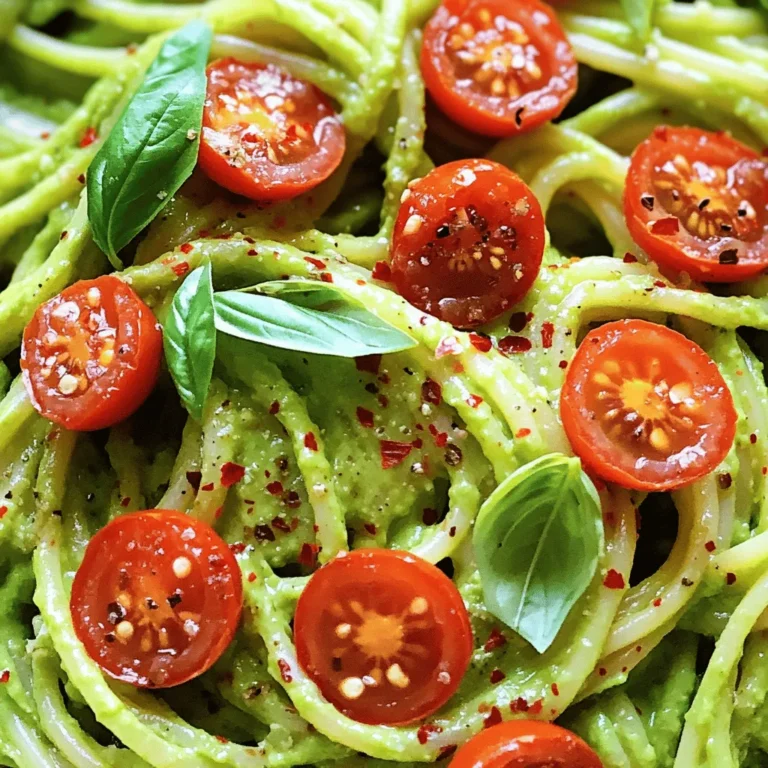 To make creamy avocado pasta, you need fresh and tasty ingredients. Here is what you will need: - 2 ripe avocados - 2 cups pasta (spaghetti or fettuccine) - 2 cloves garlic, minced - 1/4 cup fresh basil leaves, chopped - 2 tablespoons lemon juice - 1/4 cup Greek yogurt (or vegan alternative) - Salt and pepper to taste - 1 tablespoon olive oil - Optional garnishes: cherry tomatoes, red pepper flakes Each ingredient plays an important role in creating a creamy, flavorful dish. The ripe avocados provide a smooth texture and rich taste. Pasta is the base, giving you that satisfying bite. Garlic adds a sharp flavor that balances the creaminess. Fresh basil brings a bright, herbal note. Lemon juice adds a zing that wakes up the dish. Greek yogurt gives creaminess and tang, but you can use a vegan alternative if you prefer. Salt and pepper enhance all the flavors, while olive oil adds richness. Cherry tomatoes and red pepper flakes can make your dish pop with color and flavor. You can find the full recipe above, which guides you through creating this delightful meal. To cook pasta al dente, bring a large pot of salted water to a boil. Add your pasta and cook it according to the package instructions, usually around 8 to 10 minutes. Al dente means the pasta is firm yet tender. This texture helps it hold up well with the creamy avocado sauce. One crucial step is to reserve pasta water. Before you drain the pasta, scoop out about one cup of the cooking water. This starchy water is a secret weapon. You can use it later to adjust the sauce's consistency, making it stick better to the pasta. Using a food processor is the best way to make the avocado sauce. It saves time and gives you a smooth blend. Start by adding the ripe avocados, minced garlic, chopped basil, lemon juice, Greek yogurt, and olive oil into the processor. Blend until it is creamy and silky. If your sauce is too thick, add a little bit of the reserved pasta water. This water helps you reach the perfect creamy texture. Once the pasta is cooked and the sauce is ready, it’s time to combine them. In a large mixing bowl, toss the pasta with the avocado sauce. Make sure every piece of pasta gets a good coating. If the sauce feels dry, add more reserved pasta water until it clings nicely. For serving, plate the pasta and add halved cherry tomatoes on top. This adds color and freshness. You can also sprinkle some extra basil leaves or red pepper flakes for a bit of spice. Enjoy your beautiful and delicious meal! For a complete guide, check the Full Recipe. To make your creamy avocado pasta shine, choose ripe avocados. Look for these signs: - The skin should be dark green or almost black. - Gently squeeze the avocado; it should yield slightly to pressure. - Avoid overripe avocados that feel mushy or have dark spots. To store avocados, keep them at room temperature. If they are ripe, store them in the fridge to slow spoilage. You can also place a cut avocado in a bowl with lemon juice to prevent browning. If you want a richer sauce, add more Greek yogurt or an extra avocado. This gives your dish a nice creamy texture. If your sauce feels too thick, use reserved pasta water. Start with a small amount, mix, and add more if needed. Spices and herbs can elevate your creamy avocado pasta. Here are some suggestions: - Add a pinch of garlic powder for warmth. - Fresh herbs like parsley or cilantro can enhance the flavor. - Mix in a dash of smoked paprika for a unique twist. Consider topping your pasta with fresh cherry tomatoes and nuts for a crunchy bite. Red pepper flakes offer a spicy kick if you like it hot. For a little crunch, try adding toasted pine nuts or walnuts. {{image_2}} For a vegan twist on creamy avocado pasta, swap Greek yogurt with a dairy-free alternative. You can use silken tofu or coconut yogurt for a similar texture. These options keep the dish creamy while being plant-based. Add nutritional yeast for a cheesy flavor boost. You can also mix in some spinach or kale for extra nutrients. Want to boost the protein? Grilled chicken or shrimp makes a great addition. Simply cook them separately and toss them with the pasta and sauce. If you prefer plant-based proteins, try adding chickpeas or lentils. They add texture and make the dish heartier without meat. Make this dish shine all year! In spring, toss in fresh peas or asparagus. In summer, add cherry tomatoes for sweetness and color. For fall, roasted pumpkin cubes or sautéed mushrooms work well. In winter, consider adding sautéed kale or broccoli. Each season offers unique flavors that can transform your creamy avocado pasta. To keep your creamy avocado pasta fresh, place it in an airtight container. Make sure to cool the pasta down first. This helps avoid steam, which can make it soggy. You can store it in the fridge for up to three days. If you want to enjoy it later, consider freezing it. But know that the texture may change after thawing. When you're ready to eat the leftovers, avoid the microwave if you can. Microwaves can make the pasta mushy. Instead, try reheating it on the stove. Add a splash of olive oil or a little reserved pasta water to help bring it back to life. Toss gently over low heat until warm. Serve with fresh cherry tomatoes and more basil for a tasty boost. To make this dish dairy-free, you can swap Greek yogurt for a plant-based option. Here are some great choices: - Coconut yogurt - Cashew cream - Almond yogurt These alternatives keep the creamy texture while adding unique flavors. Just ensure you pick unsweetened versions to match the dish's savory taste. Yes, you can prepare the avocado sauce ahead of time! Store it in an airtight container. To keep it fresh and green, press plastic wrap directly onto the sauce's surface. It usually stays good for up to two days in the fridge. When ready to use, give it a quick stir and add a splash of lemon juice if needed. You can use many types of pasta for this recipe! Here are some great alternatives: - Fettuccine - Penne - Farfalle - Zucchini noodles (for a low-carb option) These pasta types work well because they hold the creamy sauce nicely, giving you every bit of flavor in each bite. This blog explains how to make creamy avocado pasta with simple ingredients. You learned to choose ripe avocados, cook pasta just right, and blend a smooth sauce. We covered tips for extra flavor and different variations, like vegan options and adding protein. Now, you can enjoy a tasty, healthy meal. Try it out and customize it to your taste!