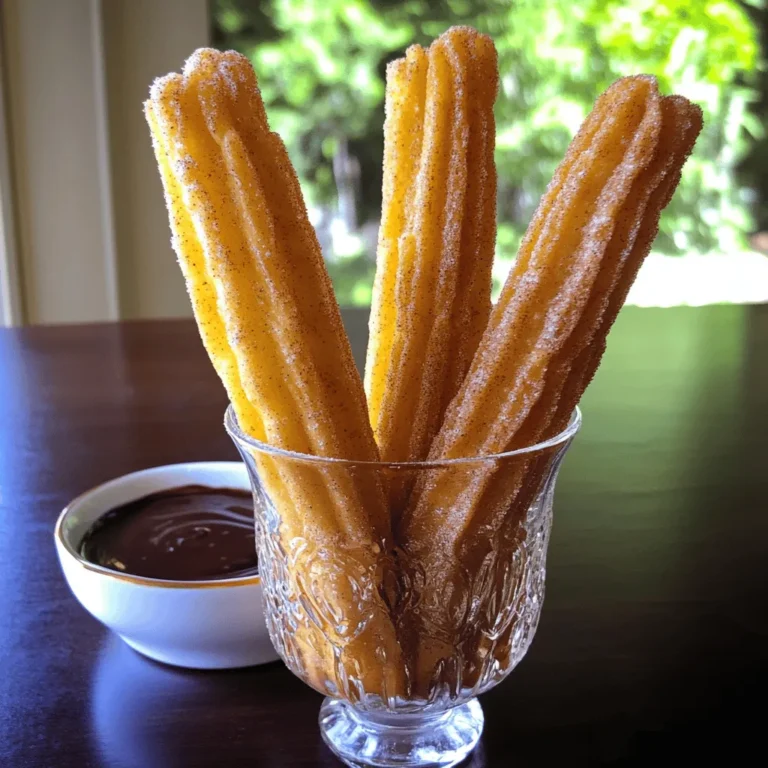 To make these tasty churros, you need the following items: - 1 cup water - 2 tablespoons vegetable oil - 2 tablespoons granulated sugar - 1 cup all-purpose flour - 1/4 teaspoon salt - 1 teaspoon baking powder - 2 large eggs - 1/2 cup granulated sugar (for coating) - 1 tablespoon ground cinnamon - Vegetable oil (for frying) Using fresh ingredients makes a big difference in flavor. Fresh flour gives a light texture. Fresh eggs help the dough rise well. Using good quality oil for frying adds a nice crisp. Always check the dates on your ingredients. Fresh items will make your churros taste amazing. You can switch some ingredients if needed. For a healthier option, use coconut oil instead of vegetable oil. If you want gluten-free churros, try almond flour or a gluten-free blend. You can use brown sugar for a richer flavor in the coating. If you like a different spice, try nutmeg or cardamom instead of cinnamon. This way, you can enjoy churros your way! For the full recipe, check out the Sweet Dream Churros. To start, you will need a saucepan. Combine 1 cup of water, 2 tablespoons of vegetable oil, and 2 tablespoons of sugar in it. Heat over medium heat. Stir often until it boils. Once it boils, take it off the heat. Now, add 1 cup of flour, 1/4 teaspoon of salt, and 1 teaspoon of baking powder all at once. Stir with a wooden spoon. Mix until the dough pulls away from the pan. Let the dough cool for a few minutes. Then, add 2 large eggs one at a time. Stir well after each egg. The dough should be smooth and glossy. After that, put the dough into a piping bag with a star-shaped tip. Next, heat about 2 inches of vegetable oil in a deep frying pan. Aim for 350°F (180°C). Once hot, carefully pipe 4-6 inch strips of dough into the oil. Use scissors to cut them off. Fry them in batches for about 2-3 minutes on each side. Cook until they turn golden brown. When they are ready, take them out with a slotted spoon. Place them on a paper towel-lined plate to drain the oil. Now, prepare the cinnamon sugar. In a shallow dish, mix 1/2 cup of granulated sugar with 1 tablespoon of ground cinnamon. While the churros are warm, roll them in the cinnamon sugar mixture. Make sure they are evenly coated. Serve the churros warm. You can pair them with chocolate sauce or dulce de leche for dipping. Enjoy this delightful treat! For the full recipe, check out the Sweet Dream Churros section. To make churros that are soft inside and crisp outside, follow these tips. First, mix the dough well. This helps develop the right texture. When you pipe the dough, keep it thick but smooth. If it is too runny, the churros won’t hold their shape. Fry them in hot oil, around 350°F (180°C). This temperature ensures they cook evenly. Watch out for a few common mistakes. Do not skip the resting time after mixing the dough. This helps it firm up. Make sure the oil is hot enough before frying. If it’s not hot, your churros will soak up too much oil. Finally, avoid overcrowding the frying pan. This lowers the oil temperature and can lead to soggy churros. Serve your churros warm for the best taste. You can pair them with chocolate sauce or dulce de leche. For a fun twist, try adding a sprinkle of sea salt on top of the cinnamon sugar. This adds an exciting flavor contrast. You can also stack them in a tall glass. This makes for a lovely presentation. For the full recipe, check out the Sweet Dream Churros! {{image_2}} You can change the flavor of churros to match your mood. For a chocolate twist, add cocoa powder to the dough. This gives your churros a rich taste. You can also dip them in warm chocolate sauce. If you like matcha, mix some matcha powder into the dough. It adds a nice green color and a unique flavor. Making churros gluten-free is easy. Use a gluten-free flour blend instead of regular flour. This keeps the dough light and fluffy. For a dairy-free option, replace the eggs with a flaxseed mixture. Simply mix one tablespoon of ground flaxseed with three tablespoons of water. Let it sit for a few minutes to thicken before adding it to the dough. These swaps make churros friendly for all diets. Serving churros can be a fun experience. Try making churro sundaes. Stack crunchy churros in a bowl and top them with ice cream. Drizzle chocolate or caramel sauce over the top. You can also add whipped cream and sprinkles for extra fun. Another idea is to serve churros with a warm dipping sauce. Chocolate sauce or dulce de leche works great. These ideas make churros more exciting and delicious. For the full recipe, check out the Sweet Dream Churros! After enjoying your churros, you might have some left. To keep them fresh, let them cool first. Place them in an airtight container. Keep them at room temperature for one to two days. If you want to store them longer, refrigerate them. Churros can last up to a week in the fridge. Reheating churros can be tricky. You want them crispy, not soggy. To reheat, preheat your oven to 350°F (175°C). Place the churros on a baking sheet. Heat them for about 5-7 minutes. This method helps them regain their crunch. Avoid using the microwave, as it can make them soft. Freezing churros is a great way to save some for later. First, let the churros cool completely. Then, arrange them in a single layer on a baking sheet. Freeze them until solid. Once frozen, transfer them to a zip-top bag. They can last up to three months in the freezer. To enjoy later, reheat them straight from the freezer in the oven. This way, you can have a sweet treat anytime! For the full recipe, check out the Sweet Dream Churros. Churros are sweet fried dough sticks. They originate from Spain, where they are popular breakfast treats. You can find them at fairs and markets too. Traditionally, churros are enjoyed with hot chocolate. They have a crispy outside and a soft inside, making them delightful. Yes, you can bake churros, but they will be different. Baked churros won’t be as crispy. To bake, pipe the dough onto a baking sheet and spray with oil. Bake at 375°F for about 20 minutes. They will turn golden, but keep in mind they might not have the same texture as fried ones. To check if the oil is ready, use a thermometer. Heat the oil to 350°F (180°C). If you don’t have a thermometer, drop a small piece of dough in. If it sizzles and rises to the top, the oil is hot. Frying at the right temperature ensures churros cook evenly and become golden brown. For more details on making these delicious treats, check out the Full Recipe. Making cinnamon sugar churros is fun and tasty. You learned about the right ingredients, like fresh ones, and how to make the dough. We covered how to fry and coat churros for a sweet crunch. I shared tips to avoid mistakes and create great flavors. You can even store and reheat leftovers. Try different serving ideas for more fun. Enjoy making churros and creating your own touch! They are a crowd-pleaser.