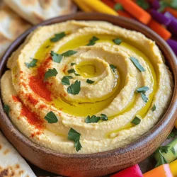 - 1 cup canned chickpeas, drained and rinsed - 4 cloves roasted garlic - 3 tablespoons tahini - 2 tablespoons fresh lemon juice - 2 tablespoons extra virgin olive oil - 1/2 teaspoon ground cumin - 1/2 teaspoon salt - 2-3 tablespoons water (as needed for consistency) - Paprika - Chopped parsley To make roasted garlic hummus, you need simple ingredients. Canned chickpeas are easy to find. Roasted garlic adds a rich flavor. You can roast garlic at home. Just wrap it in foil and bake it. Tahini gives your hummus a creamy texture. Fresh lemon juice adds brightness. Next, you need extra virgin olive oil. It adds smoothness and richness. Ground cumin gives a warm, earthy taste. Salt enhances all the flavors. Use water to adjust the thickness. For garnishing, sprinkle paprika for color. Chopped parsley adds a fresh touch. These ingredients create a delicious hummus. You can find the full recipe in the earlier section. Enjoy making your hummus! Preheating the oven Start by preheating your oven to 400°F (200°C). This step is key for getting the garlic nice and soft. Wrapping garlic cloves Next, take four whole garlic cloves. Wrap them in aluminum foil. Drizzle a little olive oil and sprinkle some salt before sealing the foil. This helps the garlic roast evenly and adds flavor. Roasting time and tips Place the wrapped garlic in the oven. Roast for about 25-30 minutes. You want the garlic to be golden and soft. When it's done, let it cool for a few minutes before unwrapping. This makes it easier to handle. Combining ingredients in a food processor In your food processor, add the drained chickpeas, roasted garlic cloves, tahini, lemon juice, olive oil, ground cumin, and salt. This mix gives the hummus its rich flavor. Achieving the right consistency Blend everything together until it's smooth. If the hummus is too thick, add water a little at a time. Keep blending until you reach a creamy texture. This part is crucial for making it easy to dip. Tasting and seasoning adjustments Once blended, taste your hummus. If you want more zest, add a bit more lemon juice or salt. Adjusting the flavor makes a big difference. Presentation tips for serving Transfer the hummus to a nice serving bowl. Use a spoon to make a small well in the center. Drizzle some olive oil inside the well. Sprinkle paprika and chopped parsley on top for a pop of color. Serve with warm pita bread or fresh veggies for the best experience. For the full recipe, check out Roasted Garlic Hummus Delight. To get that perfect creaminess in your roasted garlic hummus, start with well-cooked chickpeas. Canned chickpeas work best since they are tender and easy to blend. For extra smoothness, peel the skins off each chickpea. This step is optional but helps. When you blend, let your food processor run for a few minutes. This makes the hummus silky. If it feels too thick, add water slowly. Use one tablespoon at a time until you get the right texture. Adding spices can level up your hummus. Try a pinch of smoked paprika for a smoky taste. Cumin adds warmth, while a dash of cayenne gives a nice kick. You can also mix in fresh herbs like cilantro or basil for a fresh twist. Don’t forget to taste as you go. Adjust the flavors to your liking. A bit more lemon juice can brighten the taste, while extra salt can enhance it. For dipping, warm pita bread is a classic choice. Fresh veggie sticks like carrots, cucumbers, and bell peppers are crunchy and healthy. You can also use toasted pita chips for a crispy bite. Pair your hummus with drinks like a light white wine or sparkling water. It also works well with Mediterranean dishes like falafel or grilled meats. The flavors complement each other beautifully. Enjoy every bite! {{image_2}} Add a kick to your hummus by using red pepper flakes or diced jalapeños. Adding these spices gives your hummus a warm heat. Start with a pinch of red pepper flakes. Blend it in and taste. If you want more heat, add more flakes. For jalapeños, chop them finely and mix them in. This gives your hummus a bold twist that spice lovers will enjoy. For a Mediterranean flair, try adding olives or sun-dried tomatoes. Chop them finely and mix them into the hummus. Olives bring a salty, briny flavor, while sun-dried tomatoes add a rich sweetness. You can also blend them in for a smooth texture. This variation pairs well with pita bread and fresh veggies, making it perfect for gatherings or a light snack. If you need a nut-free option, you can skip the tahini. Substitute with sunflower seed butter or omit it entirely. Use more olive oil to keep the creaminess. This version still tastes great and works well for those with nut allergies. It allows everyone to enjoy this tasty dip without worry. For the full recipe, check out the detailed steps. Roasted garlic hummus lasts about five days in the fridge. Store it in an airtight container. This keeps it fresh and tasty. Always check for any signs of spoilage before eating. If it smells off or has mold, it’s best to toss it. You can freeze roasted garlic hummus for up to three months. To freeze, scoop the hummus into a freezer-safe container. Leave some space at the top for expansion. When you want to eat it, move it to the fridge to thaw overnight. You can also defrost it in the microwave for a quick option. Stir well after thawing to restore its creamy texture. Use airtight containers to keep your hummus fresh. Glass containers work best but plastic ones are fine too. Just make sure they seal well. This will help maintain flavor and prevent spills. Consider labeling your containers with the date you made the hummus. It makes tracking its freshness easier. For the best quality, store it properly. You can use sunflower seed butter or almond butter as a substitute for tahini. Both options add creaminess and flavor. If you want a nut-free choice, try using yogurt or a mix of olive oil and ground sesame seeds. These alternatives keep the hummus rich and tasty. Yes, you can use fresh garlic, but it will change the taste. Fresh garlic has a sharp flavor. If you prefer a milder taste, consider using less fresh garlic. You might start with one clove and add more if you want. Roasted garlic gives a sweet and nutty flavor, so it’s great for this recipe. This recipe is already vegan! It uses chickpeas, garlic, tahini, and olive oil, which all fit a vegan diet. Just make sure to check that all your ingredients are plant-based. This ensures your hummus stays vegan-friendly and delicious. Roasted garlic hummus is a healthy snack. It offers protein and fiber from chickpeas. Garlic has many health benefits, too. It can boost your immune system and add flavor without extra calories. Just watch how much olive oil you use if you count calories. You can find roasted garlic hummus at most grocery stores. Look in the refrigerated section with other dips. Many brands offer it, so you can try different ones. You can also find a recipe to make your own hummus at home, like the Full Recipe I shared. We've covered how to make delicious Roasted Garlic Hummus from scratch. You now know the main ingredients and have step-by-step instructions to follow. Remember, choosing fresh ingredients makes a big difference. Adjust the flavors to fit your taste, and don't forget to try the variations. Hummus is easy to store and can last a while in the fridge. With these tips and tricks, you can enjoy a tasty dip that fits any occasion. Now, grab your ingredients, get blending, and enjoy your homemade hummus!
