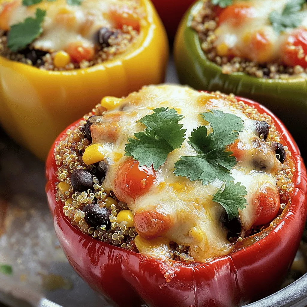 To make veggie stuffed peppers, gather these items: - 4 large bell peppers (any color) - 1 cup quinoa, rinsed - 2 cups vegetable broth - 1 cup black beans, drained and rinsed - 1 cup corn (frozen or fresh) - 1 cup cherry tomatoes, halved - 1 small red onion, finely chopped - 2 cloves garlic, minced - 1 teaspoon cumin - 1 teaspoon smoked paprika - Salt and pepper to taste - 1 cup shredded cheese (mozzarella or a dairy-free option) - Fresh cilantro, chopped (for garnish) Feel free to add these for extra flavor or nutrition: - Diced zucchini or mushrooms - Chopped spinach or kale - Different beans like kidney or pinto - Whole grains like farro or couscous - Hot sauce or chili flakes for spice Each serving of veggie stuffed peppers packs a nutritious punch: - Calories: 350 - Protein: 15g - Carbohydrates: 50g - Fiber: 12g - Fat: 10g - Vitamins A and C: High This dish is not just tasty; it is also full of nutrients. Enjoy the colorful mix of flavors and health benefits. For more details, check out the Full Recipe. Start by preheating your oven to 375°F (190°C). This step warms up the oven for even cooking. Next, take your bell peppers. Cut off the tops and remove the seeds and membranes. Place the peppers upright in a baking dish. This keeps them steady while baking. In a medium saucepan, combine 1 cup of rinsed quinoa and 2 cups of vegetable broth. Bring it to a boil over high heat. As soon as it boils, lower the heat to low. Cover it and let it simmer for about 15 minutes. The quinoa should be fluffy when it’s done. While the quinoa cooks, heat a little oil in a large skillet over medium heat. Add the finely chopped red onion and minced garlic. Sauté for about 3 to 4 minutes until soft and fragrant. Then, stir in 1 cup of black beans, 1 cup of corn, and 1 cup of halved cherry tomatoes. Add 1 teaspoon of cumin, 1 teaspoon of smoked paprika, salt, and pepper. Cook for another 5 minutes until everything is warm. Once the quinoa is ready, fluff it with a fork. Add the quinoa to the skillet with the veggie mixture. Stir everything together until well combined. Now it’s time to stuff the peppers! Spoon the quinoa and veggie mixture into each bell pepper and pack it lightly. Top each with a sprinkle of shredded cheese. Cover the baking dish with foil to keep the peppers moist. Place it in the oven and bake for 30 minutes. After that, remove the foil and bake for an additional 10 to 15 minutes. This helps the peppers become tender and the cheese bubbly and golden. After baking, let them cool slightly. Garnish with fresh cilantro before serving. For the full recipe, check out the details above. To get the best texture in your stuffed peppers, cook the quinoa just right. Rinse it well before cooking. Use vegetable broth instead of water for more flavor. When the quinoa is done, fluff it with a fork. This keeps it light and airy. Mix the quinoa with veggies while they are still warm. This helps them blend better. Seasoning makes your stuffed peppers pop! Start with cumin and smoked paprika; these add depth. Don't forget salt and pepper to taste. Add the spices while cooking the onion and garlic. This step releases their flavors fully. Taste your mix before stuffing the peppers. Adjust the seasoning if needed. This ensures each bite is packed with flavor. If you want to skip dairy, there are great cheese alternatives. Nutritional yeast gives a cheesy flavor without dairy. Try cashew cheese for a creamy texture. You can also use vegan cheese shreds made from nuts or soy. These options melt well and add a nice finish to your peppers. Don't hold back—experiment to find your favorite! For the full recipe, check out the detailed instructions. {{image_2}} You can switch up your filling to keep things fresh. Try using different grains like rice, farro, or barley. Each grain brings a unique texture. For legumes, chickpeas or lentils work great too. You can even mix in vegetables like spinach or mushrooms. These additions can boost flavor and nutrition. Feel free to get creative with your favorites! If you like a kick, add some heat! You can mix in diced jalapeños or red pepper flakes. Hot sauce is another easy way to spice things up. You might also try a chipotle pepper for a smoky flavor. Adjust the amount to match your spice level. Remember, a little goes a long way! Toppings can make your stuffed peppers pop. Try adding different cheeses like feta or pepper jack for extra flavor. You can also sprinkle on crushed tortilla chips for crunch. For a burst of freshness, top with avocado or a dollop of sour cream. Fresh herbs like cilantro or parsley make great garnishes too. These small touches can elevate your dish. For the complete recipe, check out the Full Recipe and enjoy making your own tasty veggie stuffed peppers! To keep leftover stuffed peppers fresh, place them in an airtight container. Make sure they cool down first. Store them in the fridge for up to four days. If you want to keep them longer, consider freezing. For the best taste, reheat stuffed peppers in the oven. Preheat your oven to 350°F (175°C). Place the peppers on a baking sheet. Cover them with foil to keep them moist. Heat for about 20 minutes or until they are warm. You can also use the microwave. Heat them for one to two minutes, but this may make them a bit soggy. To freeze stuffed peppers, let them cool completely. Wrap each pepper tightly in plastic wrap. Place them in a freezer-safe bag or container. They can last up to three months in the freezer. When you're ready to eat, thaw them in the fridge overnight. Reheat them using the oven for the best flavor. Follow the steps from the reheating section for the best results. For the full recipe, check the section above. You can make these stuffed peppers ahead of time. Start by prepping the filling. Cook the quinoa and mix it with the veggies. You can store this filling in the fridge for up to two days. When you are ready to bake, just stuff the peppers, top with cheese, and bake as usual. This method saves time and lets the flavors blend nicely. Yes, you can use other vegetables! Zucchini, eggplant, or tomatoes work well. Cut them in half and scoop out the insides. Stuff them just like you would with peppers. Each option gives a unique taste and look to your meal. Explore different veggies to find your favorite. To avoid soggy stuffed peppers, follow a few simple steps. First, don’t overcook the veggies before stuffing. You want them to stay firm. Second, remove excess moisture from your filling. Rinse beans and drain corn well. Lastly, cover the baking dish with foil only for part of the baking time. This keeps moisture in but allows the peppers to roast and crisp up at the end. In this post, we covered how to make delicious veggie stuffed peppers. We listed all the ingredients, including options for custom flavors. You learned step-by-step how to prepare, cook, and bake the dish. We shared tips for texture and seasoning, along with variations to try. Finally, we explained how to store leftovers for future meals. Remember, stuffed peppers are versatile and fun to make. Enjoy experimenting with your own ideas!