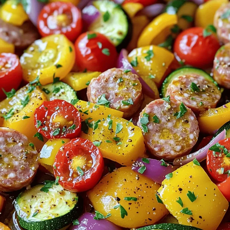 - 1 pound smoked chicken sausage, sliced - 2 bell peppers (one red, one yellow), chopped - 1 medium red onion, diced - 1 zucchini, sliced - 1 cup cherry tomatoes, halved - 2 tablespoons olive oil - 1 teaspoon smoked paprika - 1 teaspoon garlic powder - 1 teaspoon Italian seasoning - Salt and pepper to taste To make this dish, you need a few simple and fresh ingredients. The smoked chicken sausage brings a rich flavor. You can find it at most grocery stores. I prefer using bell peppers, red onion, zucchini, and cherry tomatoes. They add color and nutrition. A drizzle of olive oil helps everything roast nicely. The spices enhance the taste, giving it a warm, savory kick. - Different types of sausage - Other vegetables (e.g., carrots, broccoli) - Fresh herbs for garnish You can switch up the sausage if you want. Turkey, pork, or even plant-based options work great. Feel free to add other veggies like carrots or broccoli. They can change the flavor and texture. Fresh herbs like parsley can make your dish look and taste even better. Adding these options allows for creativity in the kitchen! For the full recipe, check out the complete guide. 1. Preheat your oven to 400°F (200°C). This helps cook the dish evenly. 2. Line a large baking sheet with parchment paper. This makes cleanup easy. 3. Slice the sausage into rounds. 4. Chop the bell peppers into bite-sized pieces. 5. Dice the red onion into small bits. 6. Slice the zucchini into half-moons. 7. Halve the cherry tomatoes. 1. In a large bowl, combine the sliced sausage and all the chopped veggies. 2. Drizzle the olive oil over the mixture. This adds flavor and helps cook. 3. Sprinkle smoked paprika, garlic powder, Italian seasoning, salt, and pepper on top. 4. Toss everything together until well coated. You want every piece to get flavor. 5. Spread the mixture evenly on the prepared baking sheet. This allows even cooking. 6. Bake in the preheated oven for 25-30 minutes. Stir halfway through for even browning. 1. Once cooked, remove the pan from the oven. 2. Toss the dish with fresh parsley for a bright finish. 3. Serve immediately and enjoy the tasty flavors of the roasted sausage and veggies. To ensure even cooking, cut your veggies and sausage into similar sizes. This helps them cook at the same rate. Stir halfway through baking for the best results. For crispy veggies, use a higher oven temperature. This helps to caramelize them, bringing out their natural sweetness. Using different spice blends can change the whole dish. Try adding chili powder for heat or cumin for warmth. Marinating the sausage overnight adds depth to the flavors. Use olive oil, lemon juice, and your favorite herbs for a simple marinade. Parchment paper is key for easy cleanup and prevents sticking. It helps your food roast evenly. Space the ingredients out on the baking sheet to allow air to circulate. Crowding them can lead to steaming instead of roasting. This simple step makes a big difference in texture and flavor. For the full recipe, check out [Full Recipe]. {{image_2}} You can change the sausage type for different flavors. Turkey sausage is a great choice if you want less fat. Vegan sausage works well too for a plant-based option. You might also try chicken or pork sausage. Each protein will bring its unique taste to the dish. Using seasonal vegetables can make your meal fresh and exciting. In spring, consider asparagus or snap peas. In fall, add butternut squash or Brussels sprouts. Each veggie has different cooking times. For hard vegetables like carrots, add them early. For softer ones like zucchini, add them later to avoid overcooking. Experimenting with seasonings can change your dish's flavor completely. Try adding cumin and chili powder for a southwest twist. You can also use lemon zest and dill for a fresh taste. Adding zesty sauces like barbecue or hot sauce just before serving can elevate the dish even more. These little changes can make each meal unique. To store leftovers, let the dish cool first. Place it in an airtight container. This helps keep it fresh. You can keep it in the fridge for up to three days. A glass container works well. It lets you see what’s inside. You can also use plastic containers. Just make sure they are sealed tight. The best way to reheat this dish is in the oven. Preheat the oven to 350°F (175°C). Spread the food on a baking sheet. Heat for about 10-15 minutes. This keeps the sausage and veggies nice and warm. You can also use a microwave. Just cover the dish with a damp paper towel. This prevents it from drying out. Stir halfway through to heat evenly. For longer storage, you can freeze the leftovers. Allow the dish to cool completely. Then, place it in a freezer-safe container. Use a vacuum seal bag for best results. Label it with the date. You can freeze it for up to three months. To thaw, place it in the fridge overnight. For quicker thawing, use the microwave on defrost. Always reheat until hot before eating. Enjoy your meal again later! You can find the full recipe [here](#). To make this recipe gluten-free, choose gluten-free sausage. Many brands offer tasty options. Look for condiments that do not contain gluten. Read labels to be sure. You can also use gluten-free soy sauce or hot sauce for added flavor. Yes, you can use frozen vegetables. They are quick and easy. However, they may release more moisture. To fix this, increase the cooking time by 5 to 10 minutes. Stir them halfway through cooking to ensure they cook evenly. This dish pairs well with several sides. Consider serving it with: - Rice or quinoa for a hearty meal - A fresh green salad for crunch - Crusty bread to soak up juices - Mashed potatoes for comfort food These options enhance the meal and make it more filling. This blog post covered how to make a tasty sheet pan sausage and veggies. We discussed the main ingredients like smoked chicken sausage and colorful veggies. You learned step-by-step how to prepare, cook, and finish the dish. I shared tips for the best flavor and texture, along with storage information. Remember, you can customize this dish in many ways to fit your taste. Making it your own will make every meal fun! Enjoy your cooking!