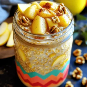 To make Apple Cinnamon Overnight Oats, you need some simple ingredients. Here's what you'll need: - 1 cup rolled oats - 1 ½ cups almond milk (or any milk of choice) - 1 medium apple, diced (preferably a sweet variety like Fuji or Honeycrisp) - 1 tablespoon chia seeds - 1 teaspoon cinnamon - 2 tablespoons maple syrup (or honey) - ¼ cup Greek yogurt (optional, for creaminess) - Nuts (like walnuts or pecans) for topping - Extra apple slices and cinnamon for garnish These ingredients come together to create a tasty and filling breakfast. You can add more flavors to make your oats even better. Here are some ideas: - A splash of vanilla extract for sweetness - A tablespoon of nut butter for creaminess - Dried fruits like raisins or cranberries for some chew - A pinch of nutmeg for extra warmth - Seeds like pumpkin or sunflower for crunch Feel free to mix and match! These add-ins help personalize your meal. If you have dietary needs, you can make some easy swaps. Here are some options: - Use gluten-free oats if you avoid gluten - Swap almond milk for coconut, soy, or oat milk - Use a plant-based yogurt instead of Greek yogurt for vegan options - Replace maple syrup with agave nectar if needed These substitutions help everyone enjoy this delicious dish! Follow the [Full Recipe] to see how to prepare it. Making apple cinnamon overnight oats is easy and fun. You need about ten minutes to prepare. You will mix everything in one bowl. Then, let it sit in the fridge overnight. This allows the oats to soak up flavors and soften. 1. Combine Ingredients: Start by taking a medium bowl. Add 1 cup of rolled oats, 1 ½ cups of almond milk, 1 tablespoon of chia seeds, and 1 teaspoon of cinnamon. Mix them well. 2. Add Sweetness and Apples: Next, add 2 tablespoons of maple syrup and 1 diced apple. If you want creaminess, stir in ¼ cup of Greek yogurt. 3. Mix Well: Stir all the ingredients together until they are fully combined. 4. Transfer to Jars: Spoon the mixture into individual jars or bowls. Leave some space at the top for the chia seeds to expand. 5. Cover and Chill: Cover the jars or bowls with a lid or plastic wrap. Place them in the fridge for at least 4 hours or overnight. 6. Stir and Serve: In the morning, take the jars out. Give the oats a good stir. If it’s too thick, add a splash of almond milk. 7. Top It Off: Finish by adding extra apple slices, a sprinkle of cinnamon, and a handful of nuts for crunch. - Right Oats: Use rolled oats for the best texture. They soak up liquid well but stay chewy. - Chia Seeds: These seeds help thicken the oats. Don’t skip them if you want a creamy mix. - Milk Adjustments: If you like your oats thicker, use less milk. For creamier oats, add more milk in the morning. Using these steps and tips, you can enjoy a tasty and healthy breakfast with apple cinnamon overnight oats. For the complete recipe, be sure to check the Full Recipe! To make great overnight oats, follow these simple tips: - Use rolled oats. They soak up liquid well and stay chewy. - Choose the right milk. Almond milk adds a nice flavor, but feel free to use any type. - Mix well. Stir all ingredients together thoroughly for even flavor. - Leave space. When you fill jars, leave room for oats to expand. - Chill overnight. Let your oats sit in the fridge for at least 4 hours. Avoid these common mistakes to ensure tasty oats: - Using instant oats. They can turn mushy and lose texture. - Skipping the sweetener. A little maple syrup or honey boosts the flavor. - Not measuring correctly. Too much or too little liquid can ruin the dish. - Forgetting to stir. If you don’t mix, the chia seeds might clump. - Ignoring toppings. Nuts, extra fruit, and spices make your oats more fun! Customize your oats to fit your taste: - Add fruits. Try berries, bananas, or even peaches for different flavors. - Try spices. Besides cinnamon, nutmeg or vanilla can add a nice twist. - Mix in nuts or seeds. Add walnuts, pecans, or pumpkin seeds for crunch. - Go dairy-free. Use coconut or oat yogurt for a creamy touch. - Experiment with sweeteners. Swap maple syrup for agave or stevia. For the full recipe, check out the complete Apple Cinnamon Overnight Oats guide! {{image_2}} You can change the taste of your Apple Cinnamon Overnight Oats by using different fruits. Here are some fun ideas: - Bananas: Use ripe bananas for a sweet, creamy texture. - Berries: Add blueberries or strawberries for a fresh and tangy kick. - Peaches: Diced peaches give a juicy and sweet flavor. - Pineapple: Chunks of pineapple add a tropical twist. Mix and match these fruits to find your favorite flavor! Adding nuts and seeds boosts the nutrition of your overnight oats. Here are some tasty swaps: - Almonds: Sliced or chopped almonds add crunch and healthy fats. - Walnuts: Chopped walnuts bring a rich and earthy taste. - Sunflower Seeds: These give a nice crunch and extra protein. - Pumpkin Seeds: Also known as pepitas, they add a fun texture and flavor. Feel free to try different combinations to suit your taste. If you want to make your Apple Cinnamon Overnight Oats dairy-free or vegan, it’s easy! Here are some tips: - Milk: Use almond milk, coconut milk, or oat milk instead of dairy milk. - Yogurt: Swap Greek yogurt for a plant-based yogurt made from nuts or soy. - Sweeteners: Use maple syrup or agave syrup instead of honey. These swaps keep your oats tasty and suitable for everyone! For the full recipe, check out the details above. After enjoying your apple cinnamon overnight oats, you may have some left. Store any leftovers in airtight jars or containers. This keeps them fresh and tasty. Make sure to seal them well to avoid any air getting in. You can keep them in the fridge for easy access. Apple cinnamon overnight oats last well in the fridge. They can stay fresh for about 3 to 5 days. If you notice any changes in smell or texture, it’s best to toss them out. Stick to this time frame to enjoy your oats at their best. You can also freeze apple cinnamon overnight oats for later use. Portion them into freezer-safe jars or bags. They freeze well for up to 3 months. When you're ready to eat, simply thaw them in the fridge overnight. This method makes meal prep easy and stress-free. For the full recipe, visit the recipe section above. Apple Cinnamon Overnight Oats last for about 3 to 5 days in the fridge. Store them in airtight containers. This keeps them fresh. You can enjoy them all week. Just check for any changes in smell or texture before eating. Yes, you can use quick oats instead of rolled oats. Quick oats cook faster and absorb liquid more quickly. This may change the texture. Your overnight oats might be creamier but less chewy. If you like a softer texture, quick oats work great. Overnight oats are packed with nutrients. They are high in fiber, which helps digestion. The oats also provide energy and keep you full longer. Adding fruits boosts vitamins and antioxidants. Chia seeds offer omega-3 fatty acids too. Overall, it's a healthy breakfast choice. Yes, you can make this recipe without dairy. Use almond milk, oat milk, or any plant-based milk. Dairy-free yogurt can replace Greek yogurt. This keeps it creamy without dairy. You can enjoy the flavors and still stick to a dairy-free diet. For the full recipe, check out the Apple Cinnamon Bliss Overnight Oats. In this article, we uncovered how to make delicious apple cinnamon overnight oats. You learned about essential ingredients, step-by-step preparation, and tips for perfect texture. We discussed variations and storage options, ensuring you can enjoy this dish long-term. Remember, customizing your oats can enhance flavors to suit your taste. With these easy steps, you can create a healthy breakfast that fits your needs. Now, enjoy your oats and experiment with new flavors!