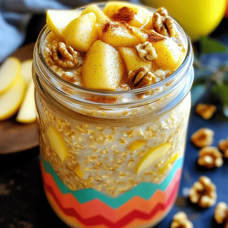 To make Apple Cinnamon Overnight Oats, you need some simple ingredients. Here's what you'll need: - 1 cup rolled oats - 1 ½ cups almond milk (or any milk of choice) - 1 medium apple, diced (preferably a sweet variety like Fuji or Honeycrisp) - 1 tablespoon chia seeds - 1 teaspoon cinnamon - 2 tablespoons maple syrup (or honey) - ¼ cup Greek yogurt (optional, for creaminess) - Nuts (like walnuts or pecans) for topping - Extra apple slices and cinnamon for garnish These ingredients come together to create a tasty and filling breakfast. You can add more flavors to make your oats even better. Here are some ideas: - A splash of vanilla extract for sweetness - A tablespoon of nut butter for creaminess - Dried fruits like raisins or cranberries for some chew - A pinch of nutmeg for extra warmth - Seeds like pumpkin or sunflower for crunch Feel free to mix and match! These add-ins help personalize your meal. If you have dietary needs, you can make some easy swaps. Here are some options: - Use gluten-free oats if you avoid gluten - Swap almond milk for coconut, soy, or oat milk - Use a plant-based yogurt instead of Greek yogurt for vegan options - Replace maple syrup with agave nectar if needed These substitutions help everyone enjoy this delicious dish! Follow the [Full Recipe] to see how to prepare it. Making apple cinnamon overnight oats is easy and fun. You need about ten minutes to prepare. You will mix everything in one bowl. Then, let it sit in the fridge overnight. This allows the oats to soak up flavors and soften. 1. Combine Ingredients: Start by taking a medium bowl. Add 1 cup of rolled oats, 1 ½ cups of almond milk, 1 tablespoon of chia seeds, and 1 teaspoon of cinnamon. Mix them well. 2. Add Sweetness and Apples: Next, add 2 tablespoons of maple syrup and 1 diced apple. If you want creaminess, stir in ¼ cup of Greek yogurt. 3. Mix Well: Stir all the ingredients together until they are fully combined. 4. Transfer to Jars: Spoon the mixture into individual jars or bowls. Leave some space at the top for the chia seeds to expand. 5. Cover and Chill: Cover the jars or bowls with a lid or plastic wrap. Place them in the fridge for at least 4 hours or overnight. 6. Stir and Serve: In the morning, take the jars out. Give the oats a good stir. If it’s too thick, add a splash of almond milk. 7. Top It Off: Finish by adding extra apple slices, a sprinkle of cinnamon, and a handful of nuts for crunch. - Right Oats: Use rolled oats for the best texture. They soak up liquid well but stay chewy. - Chia Seeds: These seeds help thicken the oats. Don’t skip them if you want a creamy mix. - Milk Adjustments: If you like your oats thicker, use less milk. For creamier oats, add more milk in the morning. Using these steps and tips, you can enjoy a tasty and healthy breakfast with apple cinnamon overnight oats. For the complete recipe, be sure to check the Full Recipe! To make great overnight oats, follow these simple tips: - Use rolled oats. They soak up liquid well and stay chewy. - Choose the right milk. Almond milk adds a nice flavor, but feel free to use any type. - Mix well. Stir all ingredients together thoroughly for even flavor. - Leave space. When you fill jars, leave room for oats to expand. - Chill overnight. Let your oats sit in the fridge for at least 4 hours. Avoid these common mistakes to ensure tasty oats: - Using instant oats. They can turn mushy and lose texture. - Skipping the sweetener. A little maple syrup or honey boosts the flavor. - Not measuring correctly. Too much or too little liquid can ruin the dish. - Forgetting to stir. If you don’t mix, the chia seeds might clump. - Ignoring toppings. Nuts, extra fruit, and spices make your oats more fun! Customize your oats to fit your taste: - Add fruits. Try berries, bananas, or even peaches for different flavors. - Try spices. Besides cinnamon, nutmeg or vanilla can add a nice twist. - Mix in nuts or seeds. Add walnuts, pecans, or pumpkin seeds for crunch. - Go dairy-free. Use coconut or oat yogurt for a creamy touch. - Experiment with sweeteners. Swap maple syrup for agave or stevia. For the full recipe, check out the complete Apple Cinnamon Overnight Oats guide! {{image_2}} You can change the taste of your Apple Cinnamon Overnight Oats by using different fruits. Here are some fun ideas: - Bananas: Use ripe bananas for a sweet, creamy texture. - Berries: Add blueberries or strawberries for a fresh and tangy kick. - Peaches: Diced peaches give a juicy and sweet flavor. - Pineapple: Chunks of pineapple add a tropical twist. Mix and match these fruits to find your favorite flavor! Adding nuts and seeds boosts the nutrition of your overnight oats. Here are some tasty swaps: - Almonds: Sliced or chopped almonds add crunch and healthy fats. - Walnuts: Chopped walnuts bring a rich and earthy taste. - Sunflower Seeds: These give a nice crunch and extra protein. - Pumpkin Seeds: Also known as pepitas, they add a fun texture and flavor. Feel free to try different combinations to suit your taste. If you want to make your Apple Cinnamon Overnight Oats dairy-free or vegan, it’s easy! Here are some tips: - Milk: Use almond milk, coconut milk, or oat milk instead of dairy milk. - Yogurt: Swap Greek yogurt for a plant-based yogurt made from nuts or soy. - Sweeteners: Use maple syrup or agave syrup instead of honey. These swaps keep your oats tasty and suitable for everyone! For the full recipe, check out the details above. After enjoying your apple cinnamon overnight oats, you may have some left. Store any leftovers in airtight jars or containers. This keeps them fresh and tasty. Make sure to seal them well to avoid any air getting in. You can keep them in the fridge for easy access. Apple cinnamon overnight oats last well in the fridge. They can stay fresh for about 3 to 5 days. If you notice any changes in smell or texture, it’s best to toss them out. Stick to this time frame to enjoy your oats at their best. You can also freeze apple cinnamon overnight oats for later use. Portion them into freezer-safe jars or bags. They freeze well for up to 3 months. When you're ready to eat, simply thaw them in the fridge overnight. This method makes meal prep easy and stress-free. For the full recipe, visit the recipe section above. Apple Cinnamon Overnight Oats last for about 3 to 5 days in the fridge. Store them in airtight containers. This keeps them fresh. You can enjoy them all week. Just check for any changes in smell or texture before eating. Yes, you can use quick oats instead of rolled oats. Quick oats cook faster and absorb liquid more quickly. This may change the texture. Your overnight oats might be creamier but less chewy. If you like a softer texture, quick oats work great. Overnight oats are packed with nutrients. They are high in fiber, which helps digestion. The oats also provide energy and keep you full longer. Adding fruits boosts vitamins and antioxidants. Chia seeds offer omega-3 fatty acids too. Overall, it's a healthy breakfast choice. Yes, you can make this recipe without dairy. Use almond milk, oat milk, or any plant-based milk. Dairy-free yogurt can replace Greek yogurt. This keeps it creamy without dairy. You can enjoy the flavors and still stick to a dairy-free diet. For the full recipe, check out the Apple Cinnamon Bliss Overnight Oats. In this article, we uncovered how to make delicious apple cinnamon overnight oats. You learned about essential ingredients, step-by-step preparation, and tips for perfect texture. We discussed variations and storage options, ensuring you can enjoy this dish long-term. Remember, customizing your oats can enhance flavors to suit your taste. With these easy steps, you can create a healthy breakfast that fits your needs. Now, enjoy your oats and experiment with new flavors!