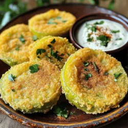 - 4 medium-sized green tomatoes - 1 cup cornmeal - 1/2 cup all-purpose flour - 1 teaspoon paprika - 1/2 teaspoon garlic powder - 1/2 teaspoon onion powder - 1/4 teaspoon cayenne pepper (optional) - Salt and pepper - 1 cup buttermilk - Vegetable oil for frying Fried green tomatoes start with the right ingredients. First, select firm, green tomatoes. They should feel heavy and bright. This choice gives you the best crunch. You need cornmeal for that classic Southern flavor. The all-purpose flour adds a bit of extra texture. Spices like paprika, garlic powder, and onion powder create depth. If you like heat, add cayenne pepper. Salt and pepper enhance all these flavors. Buttermilk is key for the batter. It helps the coating stick well. Use vegetable oil for frying. It has a high smoke point, making it perfect for frying. You can also make your own buttermilk by mixing milk and vinegar. Just stir one tablespoon of vinegar into one cup of milk and let it sit for five minutes. For the full recipe, check out the detailed steps that follow. First, slice the green tomatoes into 1/4-inch thick rounds. Next, sprinkle salt on the slices. This step draws out extra moisture. Let them sit in a colander for about 15 minutes. After that, pat the slices dry with paper towels. This helps the breading stick better. Now, let’s set up our breading station. In one shallow dish, combine the following dry ingredients for breading: - 1 cup cornmeal - 1/2 cup all-purpose flour - 1 teaspoon paprika - 1/2 teaspoon garlic powder - 1/2 teaspoon onion powder - 1/4 teaspoon cayenne pepper (optional) - Salt and pepper to taste In another dish, pour in 1 cup of buttermilk. This will be our dip for the tomatoes. To start dredging, dip each tomato slice in the buttermilk. Make sure to let any excess buttermilk drip off. Then, coat it well in the cornmeal mixture. Repeat this until all slices are breaded. Heat about 1/2 inch of vegetable oil in a large skillet over medium-high heat. The oil should shimmer, which means it's ready. This usually happens around 350°F. Now, carefully add the breaded tomato slices to the hot oil. Fry them in batches. Don’t overcrowd the pan. Fry for about 3-4 minutes on each side. Look for a perfect golden brown color. Once cooked, transfer the fried green tomatoes to a plate lined with paper towels. This helps drain any extra oil. Enjoy your crispy Southern delight! For more detailed steps, check out the Full Recipe. Choose firm green tomatoes with a smooth skin. Ripe green tomatoes should feel heavy for their size. Look for bright color and no blemishes. Freshness is key, as older tomatoes lose their crispness. Always select tomatoes from local markets when possible. They often taste better and support local farmers. For the best crunch, use a double coating method. First, dip the tomato slices in buttermilk. Then, coat them in the cornmeal mixture. Repeat this step for even more crunch. Using chilled buttermilk helps the breading stick better. It also creates a thicker, crispier layer. This extra effort makes a big difference in texture. Fried green tomatoes shine with great dipping sauces. Try ranch dressing or a zesty remoulade. These add a creamy contrast to the crispness. Serve them alongside shrimp or grits for a true Southern meal. They also pair well with a fresh salad or coleslaw. The bright flavors balance the richness of the tomatoes. For a fun twist, stack them in a sandwich for a tasty treat. {{image_2}} You can turn up the heat by adding spices. A sprinkle of cayenne pepper gives a nice kick. If you want more heat, try adding crushed red pepper flakes. Adjust the amount based on your taste. This way, you can enjoy fried green tomatoes with a spicy twist! For a gluten-free option, swap all-purpose flour for gluten-free flour. You can also use cornmeal alone if you prefer. Some people like to use almond flour, which adds a nutty flavor. These options let everyone enjoy this dish without worry. Fried green tomatoes make a great sandwich filling. Stack them between slices of bread with some cheese and greens. You can also layer fried green tomatoes in salads. They add crunch and flavor to any dish. Try them as appetizers topped with a dollop of creamy sauce. These ideas can make your meal even more special. To keep your fried green tomatoes fresh, use these best practices. First, let them cool completely. This step helps avoid steam that can make them soggy. Next, place them in an airtight container. This keeps moisture out and preserves their crispiness. Store the container in the fridge for up to three days. When it's time to enjoy leftovers, you have options. The oven works well. Preheat it to 375°F (190°C). Place the tomatoes on a baking sheet and heat for about 10 minutes. This method helps them regain some crunch. You can also use an air fryer. Set it to 350°F (175°C) and cook for 5 to 7 minutes. This method crisps them up nicely without adding extra oil. For stovetop reheating, use a skillet. Heat a small amount of oil over medium heat. Add the tomatoes and cook for about 2-3 minutes on each side. This method gives them a fresh-fried taste. Whichever method you choose, keep an eye on them to avoid burning. Enjoy those crispy bites again! You can use ripened tomatoes, but the taste will change. Fried green tomatoes have a tangy and firm texture. Ripe tomatoes are sweeter and softer. This makes them less suitable for frying. The firm texture of green tomatoes holds up better when cooked. If you prefer a sweeter flavor, use ripe tomatoes but expect a different dish. Fried green tomatoes offer some health benefits. Green tomatoes are low in calories and high in fiber. They are a good source of vitamins A and C. These nutrients support your immune system and skin health. However, frying adds calories and fat. Enjoy fried green tomatoes in moderation. Pair them with fresh salads for a balanced meal. To check the oil temperature, use a thermometer. Aim for 350°F (175°C). If you don’t have a thermometer, drop a small piece of bread in the oil. If it sizzles and browns in about 30 seconds, the oil is ready. You want the oil hot enough for a crispy crust, but not so hot that it burns the food. Fried green tomatoes are a tasty treat you can make at home. We explored the right ingredients, from fresh green tomatoes to flavorful spices. You learned the step-by-step process, tips for crispiness, and how to store leftovers. Consider trying variations for a spicy twist or gluten-free options. Enjoy them alone or as part of a meal. Fried green tomatoes are not just delicious; they also offer fun ways to improve your cooking skills. Happy frying.