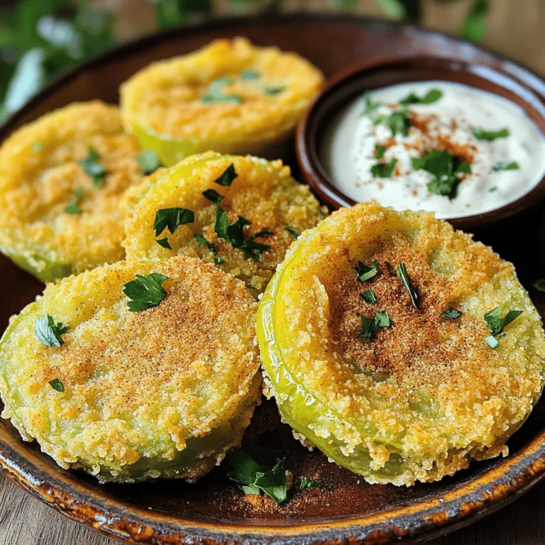 - 4 medium-sized green tomatoes - 1 cup cornmeal - 1/2 cup all-purpose flour - 1 teaspoon paprika - 1/2 teaspoon garlic powder - 1/2 teaspoon onion powder - 1/4 teaspoon cayenne pepper (optional) - Salt and pepper - 1 cup buttermilk - Vegetable oil for frying Fried green tomatoes start with the right ingredients. First, select firm, green tomatoes. They should feel heavy and bright. This choice gives you the best crunch. You need cornmeal for that classic Southern flavor. The all-purpose flour adds a bit of extra texture. Spices like paprika, garlic powder, and onion powder create depth. If you like heat, add cayenne pepper. Salt and pepper enhance all these flavors. Buttermilk is key for the batter. It helps the coating stick well. Use vegetable oil for frying. It has a high smoke point, making it perfect for frying. You can also make your own buttermilk by mixing milk and vinegar. Just stir one tablespoon of vinegar into one cup of milk and let it sit for five minutes. For the full recipe, check out the detailed steps that follow. First, slice the green tomatoes into 1/4-inch thick rounds. Next, sprinkle salt on the slices. This step draws out extra moisture. Let them sit in a colander for about 15 minutes. After that, pat the slices dry with paper towels. This helps the breading stick better. Now, let’s set up our breading station. In one shallow dish, combine the following dry ingredients for breading: - 1 cup cornmeal - 1/2 cup all-purpose flour - 1 teaspoon paprika - 1/2 teaspoon garlic powder - 1/2 teaspoon onion powder - 1/4 teaspoon cayenne pepper (optional) - Salt and pepper to taste In another dish, pour in 1 cup of buttermilk. This will be our dip for the tomatoes. To start dredging, dip each tomato slice in the buttermilk. Make sure to let any excess buttermilk drip off. Then, coat it well in the cornmeal mixture. Repeat this until all slices are breaded. Heat about 1/2 inch of vegetable oil in a large skillet over medium-high heat. The oil should shimmer, which means it's ready. This usually happens around 350°F. Now, carefully add the breaded tomato slices to the hot oil. Fry them in batches. Don’t overcrowd the pan. Fry for about 3-4 minutes on each side. Look for a perfect golden brown color. Once cooked, transfer the fried green tomatoes to a plate lined with paper towels. This helps drain any extra oil. Enjoy your crispy Southern delight! For more detailed steps, check out the Full Recipe. Choose firm green tomatoes with a smooth skin. Ripe green tomatoes should feel heavy for their size. Look for bright color and no blemishes. Freshness is key, as older tomatoes lose their crispness. Always select tomatoes from local markets when possible. They often taste better and support local farmers. For the best crunch, use a double coating method. First, dip the tomato slices in buttermilk. Then, coat them in the cornmeal mixture. Repeat this step for even more crunch. Using chilled buttermilk helps the breading stick better. It also creates a thicker, crispier layer. This extra effort makes a big difference in texture. Fried green tomatoes shine with great dipping sauces. Try ranch dressing or a zesty remoulade. These add a creamy contrast to the crispness. Serve them alongside shrimp or grits for a true Southern meal. They also pair well with a fresh salad or coleslaw. The bright flavors balance the richness of the tomatoes. For a fun twist, stack them in a sandwich for a tasty treat. {{image_2}} You can turn up the heat by adding spices. A sprinkle of cayenne pepper gives a nice kick. If you want more heat, try adding crushed red pepper flakes. Adjust the amount based on your taste. This way, you can enjoy fried green tomatoes with a spicy twist! For a gluten-free option, swap all-purpose flour for gluten-free flour. You can also use cornmeal alone if you prefer. Some people like to use almond flour, which adds a nutty flavor. These options let everyone enjoy this dish without worry. Fried green tomatoes make a great sandwich filling. Stack them between slices of bread with some cheese and greens. You can also layer fried green tomatoes in salads. They add crunch and flavor to any dish. Try them as appetizers topped with a dollop of creamy sauce. These ideas can make your meal even more special. To keep your fried green tomatoes fresh, use these best practices. First, let them cool completely. This step helps avoid steam that can make them soggy. Next, place them in an airtight container. This keeps moisture out and preserves their crispiness. Store the container in the fridge for up to three days. When it's time to enjoy leftovers, you have options. The oven works well. Preheat it to 375°F (190°C). Place the tomatoes on a baking sheet and heat for about 10 minutes. This method helps them regain some crunch. You can also use an air fryer. Set it to 350°F (175°C) and cook for 5 to 7 minutes. This method crisps them up nicely without adding extra oil. For stovetop reheating, use a skillet. Heat a small amount of oil over medium heat. Add the tomatoes and cook for about 2-3 minutes on each side. This method gives them a fresh-fried taste. Whichever method you choose, keep an eye on them to avoid burning. Enjoy those crispy bites again! You can use ripened tomatoes, but the taste will change. Fried green tomatoes have a tangy and firm texture. Ripe tomatoes are sweeter and softer. This makes them less suitable for frying. The firm texture of green tomatoes holds up better when cooked. If you prefer a sweeter flavor, use ripe tomatoes but expect a different dish. Fried green tomatoes offer some health benefits. Green tomatoes are low in calories and high in fiber. They are a good source of vitamins A and C. These nutrients support your immune system and skin health. However, frying adds calories and fat. Enjoy fried green tomatoes in moderation. Pair them with fresh salads for a balanced meal. To check the oil temperature, use a thermometer. Aim for 350°F (175°C). If you don’t have a thermometer, drop a small piece of bread in the oil. If it sizzles and browns in about 30 seconds, the oil is ready. You want the oil hot enough for a crispy crust, but not so hot that it burns the food. Fried green tomatoes are a tasty treat you can make at home. We explored the right ingredients, from fresh green tomatoes to flavorful spices. You learned the step-by-step process, tips for crispiness, and how to store leftovers. Consider trying variations for a spicy twist or gluten-free options. Enjoy them alone or as part of a meal. Fried green tomatoes are not just delicious; they also offer fun ways to improve your cooking skills. Happy frying.