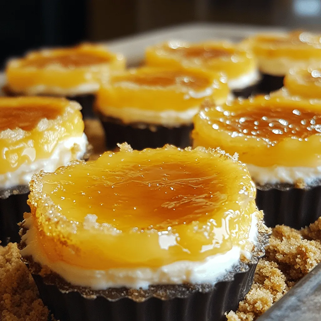 To make mini crème brûlée cheesecakes, you need simple ingredients. This recipe blends creamy cheesecake and a crunchy sugar topping. Follow the steps for a delightful treat that impresses everyone. - 1 cup graham cracker crumbs - 2 tablespoons unsalted butter, melted - 1 cup cream cheese, softened - 1/2 cup granulated sugar - 1 teaspoon vanilla extract - 2 large eggs - 1 cup heavy cream - 1/4 cup granulated sugar (for brûlée topping) These ingredients create a perfect balance of flavors and textures. The graham crackers form a tasty base. Cream cheese gives richness, while the heavy cream adds smoothness. You can swap some ingredients if needed. Use digestive biscuits instead of graham crackers for a different flavor. If you want a lighter option, try low-fat cream cheese. For a dairy-free version, use a plant-based cream cheese. You can also replace granulated sugar with coconut sugar for a hint of caramel flavor. For those who want to add a twist, explore different flavors. Adding citrus zest or a splash of liqueur can give your cheesecakes a unique taste. The options are endless! To start, gather all your ingredients. You will need graham cracker crumbs, butter, cream cheese, sugar, eggs, heavy cream, and vanilla. Preheat your oven to 325°F (160°C). This step is key for even baking. Next, prepare your crust. In a bowl, mix the graham cracker crumbs with melted butter. Stir until the crumbs are moist. Now, take mini cheesecake molds or muffin cups. Firmly press the crumb mixture into the bottom of each mold. This forms a nice base for your cheesecake. In a new bowl, beat the softened cream cheese with granulated sugar. You want a smooth and creamy texture. Add in the vanilla extract and mix until it's well combined. Next, add eggs one at a time. Beat on low until just mixed. This helps keep the batter light. Now, gently stir in the heavy cream. Make sure it’s all smooth. Your batter should look rich and creamy at this point. Pour the cheesecake batter into each crust-filled mold. Fill them about three-quarters full. This will give them room to rise. Place the molds in a baking dish. Fill the dish with hot water. This water bath helps the cheesecakes bake evenly. Bake for about 25-30 minutes. They should be set but still jiggly in the center. Once done, let them cool at room temperature. After cooling, refrigerate them for at least 4 hours, or overnight if you can wait. For a sweet finish, sprinkle granulated sugar on top before serving. Use a kitchen torch to caramelize the sugar until it’s golden and crisp. If you don’t have a torch, broil them for 1-2 minutes. Just watch closely to avoid burning. Enjoy your mini crème brûlée cheesecakes! For the complete guide, check the Full Recipe. To make the best mini crème brûlée cheesecakes, follow these tips: - Use Room Temperature Ingredients: Bring your cream cheese and eggs to room temperature. This helps them mix better. - Water Bath: Always use a water bath. It keeps the heat even and helps prevent cracks. - Don’t Overmix: Mix just until combined. Overmixing adds too much air, leading to a puffed and cracked cheesecake. For the perfect brûlée finish, consider these steps: - Choose the Right Sugar: Use fine granulated sugar for even melting. - Torch Technique: Hold the torch about 2 inches above the sugar. Move in circles for even caramelization. - Broiler Option: If using a broiler, keep a close eye. Sugar can burn quickly, so check every minute. Many people make a few common mistakes when baking these cheesecakes. Here’s what to watch for: - Underbaking: Make sure the center is set but slightly jiggly. If it’s too runny, it won’t set in the fridge. - Skipping Chill Time: Refrigerate for at least 4 hours. This helps the cheesecake firm up and enhances flavors. - Too Much Sugar on Top: Use just a thin layer of sugar for the best crack and texture. Too much can lead to a burnt topping. These tips will help you create delightful mini crème brûlée cheesecakes. For more detailed steps, check the Full Recipe. {{image_2}} You can give your mini crème brûlée cheesecakes a fun twist. Try adding chocolate or fruit. For chocolate, melt 4 ounces of dark chocolate. Mix it in with the cream cheese. This adds a rich, deep flavor. If you prefer fruit, blend in fresh berries or puree. Raspberry or mango puree gives a nice touch. These flavors make your cheesecakes unique and tasty. You can make these cheesecakes gluten-free or vegan. For gluten-free, use crushed gluten-free cookies instead of graham crackers. The rest of the recipe stays the same. If you want a vegan version, substitute cream cheese with a vegan cream cheese. Use coconut cream instead of heavy cream. Replace eggs with flax eggs. Mix 1 tablespoon of flaxseed meal with 2.5 tablespoons of water to make one flax egg. These swaps keep the flavors while meeting dietary needs. Change the toppings based on the season. In spring, top with fresh strawberries or a lemon zest. For summer, use peaches or cherries. In fall, sprinkle some cinnamon or pumpkin spice on top. Winter calls for a hint of peppermint or chocolate ganache. These seasonal ideas make your cheesecakes fun for any event. Each bite offers a new taste of the season. Enjoy these variations to impress your guests! To keep your mini crème brûlée cheesecakes fresh, store them in the fridge. Place them in an airtight container. This helps to prevent them from drying out. If you have not brûléed the tops, you can cover them without worry. If you have already caramelized the sugar, avoid covering them tightly. This keeps the sugar crisp. You can freeze mini crème brûlée cheesecakes, but it requires some care. First, let them cool completely after baking. Once cooled, place them in a single layer in a freezer-safe container. Wrap each cheesecake in plastic wrap before adding them to the container. This extra layer protects them from freezer burn. They can last in the freezer for up to three months. When stored in the fridge, mini crème brûlée cheesecakes last about 4 days. If you freeze them, they can be good for up to 3 months. Just remember to thaw them in the fridge overnight before serving. Do not refreeze them once thawed, as this will change their texture. Enjoying them fresh is always best! Yes, you can make these cheesecakes ahead of time. I often prepare them the day before a party. After baking, let them cool, then chill in the fridge. This allows the flavors to blend well. The longer they sit, the better they taste! To avoid cracks, mix the batter gently. Over-mixing adds air, which can cause cracks. Bake in a water bath to keep moisture around the cheesecakes. Also, do not open the oven door while baking. A sudden change in temperature can lead to cracks. The best way to caramelize sugar is by using a kitchen torch. Lightly sprinkle sugar on top, then torch it until golden brown. If you don’t have a torch, use your broiler. Keep a close eye on it, as it can burn quickly. This creates that perfect crackly top! For the full recipe, check out the Full Recipe section. Making mini crème brûlée cheesecakes is fun and tasty. We explored key ingredients and provided simple steps. I shared tips to avoid common baking errors and achieve that perfect brûlée finish. You can even experiment with flavors or make them gluten-free or vegan. Finally, I covered how to store your treats so they stay fresh. With these insights, you can create delicious desserts that impress. Enjoy your baking journey!