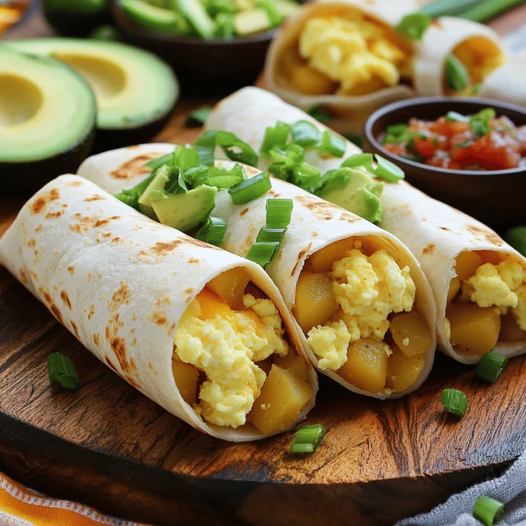 Here’s what you need to make these savory breakfast burritos: - 2 large russet potatoes, peeled and diced - 4 large eggs - 1/2 cup shredded cheddar cheese - 1/4 cup green onions, chopped - 1/2 teaspoon garlic powder - 1/2 teaspoon paprika - Salt and pepper to taste - 2 tablespoons olive oil - 4 large flour tortillas - 1/2 cup salsa (optional for serving) - 1 avocado, sliced (optional for serving) These ingredients create a hearty meal that fills you up. The potatoes add texture. The eggs bring fluffiness. Together, they make a great base for your burrito. You can customize this recipe if you want. Check out the Full Recipe for more tips and tricks. - Heat 2 tablespoons of olive oil in a skillet over medium heat. - Add 2 large russet potatoes, peeled and diced. - Season with salt, pepper, 1/2 teaspoon garlic powder, and 1/2 teaspoon paprika. - Cook the diced potatoes for about 10-15 minutes. Stir them often until they are golden brown and fork-tender. - In a bowl, whisk 4 large eggs with a pinch of salt and pepper. - Lower the heat and pour the eggs into the same skillet. - Cook the eggs gently for about 2-3 minutes. - Stir until the eggs are soft and fluffy. Remove from heat. - Add the cooked potatoes and 1/4 cup chopped green onions to the skillet. - Mix everything together until well combined. - Sprinkle in 1/2 cup shredded cheddar cheese and let it melt slightly. - Warm 4 large flour tortillas in a dry skillet or microwave until they are soft. - Lay out each tortilla and spoon a generous amount of the potato and egg mixture in the center. - Fold in the sides of each tortilla. - Roll it up from the bottom, tucking in the filling as you go. - Optional: Slice the burritos in half for serving. For the full recipe, refer to the earlier section. Enjoy your savory breakfast burritos! - Tips for crispy potatoes: Start with dry potatoes. After peeling and dicing, let them sit for a few minutes. This helps remove excess moisture. Use enough olive oil to coat the bottom of your skillet. Cook the potatoes over medium heat. This allows them to brown evenly. Stir them occasionally to avoid burning. - Achieving fluffy scrambled eggs: Whisk the eggs well before cooking. This incorporates air, which helps them fluff up. Use a non-stick skillet for easy cooking. Cook the eggs on low heat. Stir gently and consistently for the best texture. Remove them from heat when they are still slightly undercooked. They will continue to cook off the heat. - Alternative filling ideas: You can swap potatoes for sweet potatoes for a twist. Try adding spinach, bell peppers, or mushrooms for more veggies. For protein, consider adding cooked bacon, sausage, or beans. You can even use cheese blends for extra flavor. - Spice adjustments: Want more heat? Add jalapeños or cayenne pepper. For a smoky flavor, try chipotle powder. If you prefer milder spices, reduce or eliminate the paprika. Adjust the seasoning to fit your taste. - Make-ahead tips for breakfast burritos: You can prepare the potato and egg mixture a day before. Store it in the fridge in an airtight container. This saves time in the morning. Just warm it up before assembling the burritos. - Freezing and reheating recommendations: To freeze, wrap each burrito tightly in foil. Place them in a freezer bag. They can last up to three months. To reheat, remove the foil and microwave for 2-3 minutes. For a crispy finish, heat in a skillet for a few minutes after microwaving. For the full recipe, check out the complete guide. {{image_2}} For a tasty vegetarian option, swap out eggs and potatoes with tofu or veggies. Firm tofu works great. Just crumble it and cook it in the skillet. Add spices like cumin or turmeric for flavor. You can also use bell peppers, spinach, or mushrooms. These veggies bring color and crunch to your burrito. This option is healthy and full of flavor. If you love meat, add bacon or sausage to your burrito. Cook the bacon until crispy and chop it into pieces. For sausage, brown it in the skillet before adding the potatoes. Both options add a savory taste that will please any meat lover. You can even mix different meats for more flavor. For a spicy kick, include jalapeños or hot sauce in your burrito. Dice fresh jalapeños and stir them into the egg mixture. If you want a milder spice, try pickled jalapeños. Hot sauce can also add a zesty touch. Just drizzle it over your filling before rolling the burrito. This variation adds excitement and heat to your breakfast! To store your breakfast burritos, wrap each one tightly in plastic wrap. Place them in an airtight container or a resealable bag. Keep them in the fridge for up to three days. This method keeps the burritos fresh and ready to eat. For long-term storage, freezing is a great option. First, let the cooked burritos cool completely. Wrap each burrito in plastic wrap and then in aluminum foil. This double-layer prevents freezer burn. You can freeze them for up to three months. Label the bags with the date so you can track freshness. To reheat your burritos, you have a few tasty options. For the best results, use the oven. Preheat it to 350°F (175°C). Remove the foil and place the burrito on a baking sheet. Heat for about 15-20 minutes or until warm. Alternatively, you can use the microwave. Place the burrito on a microwave-safe plate and cover it with a damp paper towel. Heat for 1-2 minutes, checking every 30 seconds. This method is quick but may make the tortilla a bit soft. Enjoy your burrito as if it was fresh! To make the perfect breakfast burrito, focus on the filling. Start with fresh ingredients. I use two large russet potatoes and four eggs as a base. Cook the potatoes until they are golden and soft. Scramble the eggs gently for a fluffy texture. Combine both in a warm tortilla and roll it tightly. Serve it with salsa for extra flavor. Yes, you can use different types of cheese. Cheddar is my go-to, but Monterey Jack or pepper jack works well too. For a creamier option, try cream cheese or goat cheese. Experiment to find your favorite blend. Cheese adds richness and flavor to your burrito. I recommend serving breakfast burritos with salsa and avocado slices. You can also add a side of fresh fruit or a simple green salad. For a heartier meal, try serving them with hash browns or refried beans. These sides complement the burrito perfectly. Breakfast burritos last about three to four days in the fridge. Make sure to wrap them tightly in foil or plastic wrap. This keeps them fresh and prevents them from drying out. Reheat them in the microwave or on a skillet for the best taste. Absolutely! Whole wheat tortillas are a great choice. They add more fiber and nutrients. Plus, they have a nice nutty flavor. Just warm them up before filling to make them more pliable. Your burrito will still taste amazing! Yes, you can make vegan breakfast burritos. Substitute eggs with tofu or chickpea flour. Use plant-based cheese or skip it altogether. Add veggies like spinach, bell peppers, or mushrooms for extra flavor. This way, you can enjoy a tasty burrito without animal products. Customizing the filling is fun! You can add cooked meats like bacon or sausage for a heartier option. Try adding different veggies, like zucchini or corn, for more texture. Adjust the spices to your taste. You can even add beans for a protein boost. Be creative and make it yours! For the full recipe, check out the specific instructions that I outlined earlier. This blog post covered a simple, tasty breakfast burrito recipe. We shared the key ingredients like potatoes, eggs, and cheese. You learned step-by-step how to cook and assemble the burritos. We also explored tips for crispiness and fluffiness. Plus, we discussed fun variations for all tastes. Making these burritos brings a fun meal to your table. You can customize them to fit your likes or needs. Enjoy experimenting and sharing with friends or family.
