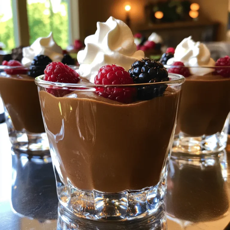 To make a delicious chocolate avocado mousse, you need simple, fresh ingredients. Here’s what you’ll use: - 2 ripe avocados, peeled and pitted - 1/2 cup unsweetened cocoa powder - 1/3 cup pure maple syrup (or honey) - 1/4 cup almond milk (or any milk of choice) - 1 teaspoon vanilla extract - A pinch of sea salt - Optional toppings: whipped coconut cream, fresh berries, or crushed nuts Each ingredient plays a key role. The avocados give the mousse its rich and creamy texture. Cocoa powder adds a deep chocolate flavor. Maple syrup or honey sweetens the mix naturally. Almond milk helps blend everything smoothly, while vanilla adds warmth. Lastly, sea salt enhances the overall taste, balancing sweetness. Avocados are not just tasty; they are also very good for you. They are full of healthy fats that help your heart. These fats can lower bad cholesterol. They also provide fiber, which aids digestion. Plus, avocados contain vitamins C, E, and K. These vitamins boost your skin and overall health. Using avocados in dessert makes it creamy without heavy cream or sugar. This means you can enjoy a sweet treat that is healthy and nutritious. Avocados also keep you feeling full longer, which can help with weight control. You can customize this mousse to fit your taste. If you prefer a different sweetener, try agave nectar or coconut sugar. These alternatives still keep the mousse sweet without refined sugar. For milk, you can use oat milk, soy milk, or even coconut milk for a richer flavor. Feel free to experiment! The goal is to create a mousse that you love. Adding different sweeteners or milks can change the taste and texture. Just remember to keep the balance right, so your mousse stays delicious and creamy. For the full recipe, check out the details above. To make this mousse, start with ripe avocados. You need two, so pick ones that feel soft but not mushy. First, slice the avocados and remove the pits. Next, scoop the flesh into a food processor. Blend until smooth and creamy. This step is key for a rich texture. After that, add the unsweetened cocoa powder, maple syrup, almond milk, vanilla extract, and a pinch of sea salt. Blend again until everything mixes well. Taste the mousse. If you want it sweeter, add more maple syrup. Blend once more to mix it in. Spoon the mousse into your serving bowls or cups. For a super smooth mousse, make sure to blend well. Scrape down the sides of the processor to get all the ingredients mixed. If you find any lumps, keep blending until everything is silky. Use ripe avocados for the best results. If they are too firm, the mousse might be grainy. You can also use a high-speed blender if you want an even smoother finish. After blending, chill the mousse in the fridge for at least 30 minutes. This helps it firm up and enhances the flavors. When ready to serve, take it out and add your favorite toppings. I love using whipped coconut cream, fresh berries, or crushed nuts. For a nice touch, serve the mousse in clear glasses. This way, everyone can see the rich, creamy texture. You can find the complete instructions in the Full Recipe. When making chocolate avocado mousse, a few mistakes can ruin your dish. First, don’t skip the chilling step; it firms up the mousse and boosts flavor. Also, ensure your avocados are ripe. If they are too hard, your mousse will be grainy. Blend until smooth; lumps are a sign of under-blending. Lastly, taste as you go. Adjust sweetness to your liking. You can easily change the flavor of your mousse. Try adding a pinch of espresso powder for a coffee kick. For a minty twist, add a few drops of peppermint extract. You can also mix in peanut butter for a nutty flavor. Adjust the cocoa powder to change the chocolate intensity. Experiment with different toppings like coconut flakes or citrus zest. If you need to substitute ingredients, do so wisely. Maple syrup can be swapped with honey or agave. Different milks work too; use oat milk or coconut milk if you prefer. For a richer taste, opt for dark cocoa powder instead of regular. If you have allergies, try using seed butter instead of nut butter. These swaps keep the mousse delicious while suiting your needs. For the Full Recipe, be sure to check the detailed instructions on making this delightful dessert! {{image_2}} To make a vegan version, you stick with the same base. This mousse uses ripe avocados for creaminess. You can swap honey for pure maple syrup. This keeps your dessert plant-based. The other ingredients remain the same, ensuring a rich taste. Blend everything until smooth, just like in the full recipe. If you want a sugar-free treat, try using a sweetener like stevia. It works well with avocado and cocoa. Adjust the amount based on your taste preference. This gives you a guilt-free dessert without losing flavor. Remember, the texture and taste stay deliciously rich and creamy. You can get creative with flavors. Adding mint for a refreshing twist is always fun. Just a few drops of mint extract can elevate your mousse. Another option is espresso for a bold coffee flavor. Mix in a teaspoon of espresso powder for a pick-me-up. These variations keep your mousse exciting and unique! To store leftover chocolate avocado mousse, place it in an airtight container. Cover the surface with plastic wrap to prevent air exposure. This helps keep it fresh and creamy. You can also pour the mousse into individual serving cups. Just make sure to seal them well. Chocolate avocado mousse stays fresh for about 3 to 5 days in the fridge. After that, it might lose its creamy texture or develop a brown hue. This happens because of the avocado. Always check for any off smells or changes in texture before enjoying. You don’t need to reheat chocolate avocado mousse. It tastes best cold. If you want to repurpose leftovers, try using it as a cake filling or a topping for pancakes. You can also mix it into smoothies for added creaminess. The options are endless! Yes, you can use many sweeteners. Maple syrup works great, but honey is also nice. You can try agave syrup or stevia for a lower-calorie option. Each sweetener gives a unique flavor. I encourage you to taste as you go. This way, you find your favorite sweetness level. Absolutely! This mousse is perfect for vegans. The main ingredients are avocados and cocoa, both plant-based. Use maple syrup instead of honey for sweetness. Almond milk or any plant milk keeps it vegan too. You can enjoy this treat without worry! If your mousse is thick, don’t fret. Just add a little almond milk. Start with one tablespoon at a time. Blend it well after each addition. This helps you reach the perfect creamy texture. If you prefer, you can also add more liquid sweetener for added sweetness. Remember, a smooth mousse is key! In this article, we explored how to make delicious chocolate avocado mousse. We covered essential ingredients, health benefits, and thoughtful variations. You learned step-by-step instructions, tips for a smooth texture, and ways to avoid common mistakes. Now, you have all the tools to create your own tasty mousse. Enjoy experimenting with flavors and sharing your treats. With a few easy swaps, you can cater to any diet. Let your creativity shine while making this simple yet delightful dessert. Happy cooking!