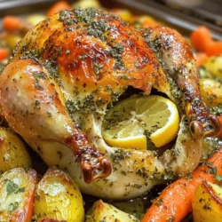 - 1 whole chicken (about 4-5 lbs) - 1/2 cup unsalted butter, softened - 8 cloves garlic, minced - 2 tablespoons fresh rosemary, chopped - 2 tablespoons fresh thyme, chopped - 1 tablespoon fresh parsley, chopped - 1 lemon, halved - Salt and pepper, to taste - 1 onion, quartered - 4-5 carrots, chopped into large pieces - 2-3 potatoes, chopped into chunks - Olive oil, for drizzling You can enhance the flavor of your garlic butter herb roasted chicken by adding: - Fresh sage - Paprika for a smoky taste - Lemon zest for extra brightness - A splash of white wine for depth One serving of garlic butter herb roasted chicken has about: - Calories: 350 - Protein: 35g - Carbohydrates: 15g - Fat: 20g - Fiber: 2g - Sodium: Varies with added salt This dish is not just tasty; it’s also filling. The combination of chicken and vegetables makes it a balanced meal. If you want the full recipe, check the details above. Enjoy this easy and delicious dish! 1. Preheat the oven to 425°F (220°C). This helps the chicken cook evenly. 2. Mix the garlic butter. In a medium bowl, combine 1/2 cup softened butter, 8 minced garlic cloves, 2 tablespoons chopped rosemary, 2 tablespoons chopped thyme, 1 tablespoon chopped parsley, salt, and pepper. Stir until smooth. 3. Prepare the chicken. Pat the whole chicken dry with paper towels. Place it in a large roasting pan. 4. Butter under the skin. Gently lift the skin at the breast and thigh areas. Spread half of the garlic butter mixture under the skin. Rub the rest on the outside of the chicken. 5. Stuff the chicken. Squeeze half a lemon inside the cavity. Place the used lemon halves and quartered onion inside. 6. Prepare the vegetables. Toss chopped carrots and potatoes in a bowl with olive oil, salt, and pepper. Arrange them around the chicken in the roasting pan. 7. Roast the chicken. Place the pan in the preheated oven. Roast for about 1 hour and 15 minutes. Check the internal temperature; it should reach 165°F (75°C). 8. Let it rest. Remove the chicken from the oven. Let it rest for 10-15 minutes before carving. This helps keep the juices inside. To check if your chicken is done, use a meat thermometer. Insert it into the thickest part of the thigh. The temperature should be 165°F (75°C). If you don’t have a thermometer, pierce the thigh. The juices should run clear, not pink. Enjoy this simple and juicy garlic butter herb roasted chicken with your roasted vegetables. For the full recipe, please refer to the preceding section. To get a tasty roast chicken, start with a good bird. Choose one that is fresh and well-fed. Dry the chicken with paper towels. This helps the skin crisp up nicely. Use a large roasting pan to give it space. Preheat your oven to 425°F. This high heat seals in moisture and gives a golden color. One big mistake is not seasoning enough. Salt and pepper are key for flavor. Don't skip under the skin. This is where the magic happens. Another error is cutting the chicken too soon. Let it rest for 10 to 15 minutes after cooking. This keeps the juices inside. Lastly, avoid overcrowding the pan with veggies. They need space to roast well. Herbs bring the chicken to life. Rosemary, thyme, and parsley work well together. Mince garlic for a strong flavor. You can also try lemon zest for a fresh touch. If you want heat, add crushed red pepper flakes. Mix these into the garlic butter for a great kick. Fresh ingredients make a big difference. For the full recipe, check out the Garlic Butter Herb Roasted Chicken recipe. {{image_2}} You can change the herbs for a new taste. Try using basil or oregano. These herbs add a fresh flavor. You can also mix in some sage for a warm touch. Each herb gives the chicken a unique twist. Experiment with your favorites to find what you like best. If you want a different cooking method, try a slow cooker or Instant Pot. For the slow cooker, prepare the chicken as you would for roasting. Place it in the pot with the veggies. Cook on low for 6-7 hours or high for 4-5 hours. The chicken will be super tender and juicy. With an Instant Pot, season the chicken and add a cup of broth. Cook on high pressure for about 25 minutes. Let the pressure release naturally. You’ll have moist chicken in no time. Both methods save time and give you a tasty meal. You can use many veggies with this chicken. Carrots and potatoes work great, but try adding sweet potatoes or parsnips. They add a nice sweetness. Bell peppers and zucchini also make a colorful dish. Toss them in olive oil and season before roasting. The veggies soak up the chicken's flavor while cooking. This adds more taste to your plate. For the full recipe, check out the Garlic Butter Herb Roasted Chicken section above. After you enjoy your garlic butter herb roasted chicken, store leftovers properly to keep them fresh. Let the chicken cool down first. Place it in an airtight container. You can also wrap it tightly in plastic wrap. Store it in the fridge. It will last for up to three days. If you want to keep it longer, consider freezing it. To freeze your roasted chicken, start by cutting it into pieces. This makes it easier to thaw later. Use freezer bags or airtight containers. Be sure to remove as much air as possible to prevent freezer burn. Label the bags with the date, so you know when you froze them. Frozen chicken stays good for up to four months. When it's time to enjoy your leftovers, reheating is key. The best way is to use the oven. Preheat it to 350°F (175°C). Place the chicken in a baking dish and cover it with foil. Heat for about 20-25 minutes, or until it's warm. You can also use a microwave for quick reheating. Just cover the chicken with a damp paper towel to keep it moist. Heat on medium power for a few minutes, checking often. Enjoy your juicy chicken! To make Garlic Butter Herb Roasted Chicken, you need to follow these steps: 1. Preheat your oven to 425°F (220°C). 2. Mix softened butter, minced garlic, and fresh herbs in a bowl. 3. Pat the chicken dry and place it in a roasting pan. 4. Lift the skin gently and spread half the butter mixture under the skin. 5. Rub the rest of the butter all over the chicken. 6. Squeeze lemon juice inside the chicken and add lemon halves and onion. 7. Toss carrots and potatoes with oil, salt, and pepper. Arrange them around the chicken. 8. Roast for about 1 hour and 15 minutes until done. 9. Let it rest before carving. Enjoy your meal! You can find the detailed instructions in the Full Recipe. The best way to season a whole chicken is to use a mix of salt, pepper, and herbs. Start by rubbing salt and pepper inside the cavity. Then, lift the skin and add your seasoning blend. Use fresh herbs like rosemary, thyme, and parsley. This adds great flavor and helps the chicken stay moist. Yes, you can use dried herbs instead of fresh. Dried herbs are more concentrated, so use less. A good rule is to use one-third of the amount of dried herbs compared to fresh. For example, if a recipe calls for one tablespoon of fresh herbs, use one teaspoon of dried herbs. This keeps the taste strong but balanced. Garlic Butter Herb Roasted Chicken lasts about three to four days in the fridge. Make sure to store it in an airtight container. When you reheat it, ensure it reaches an internal temperature of 165°F (75°C) for safety. Enjoy your leftovers! In this post, I covered the key steps to making Garlic Butter Herb Roasted Chicken. We discussed essential ingredients, cooking tips, and ways to enhance flavor. You learned about storing leftovers and reheating methods too. Remember, roasting chicken is fun and simple. You can try different herbs and spices for new flavors. Use this guide to create a tasty dish any time. Enjoy your cooking!