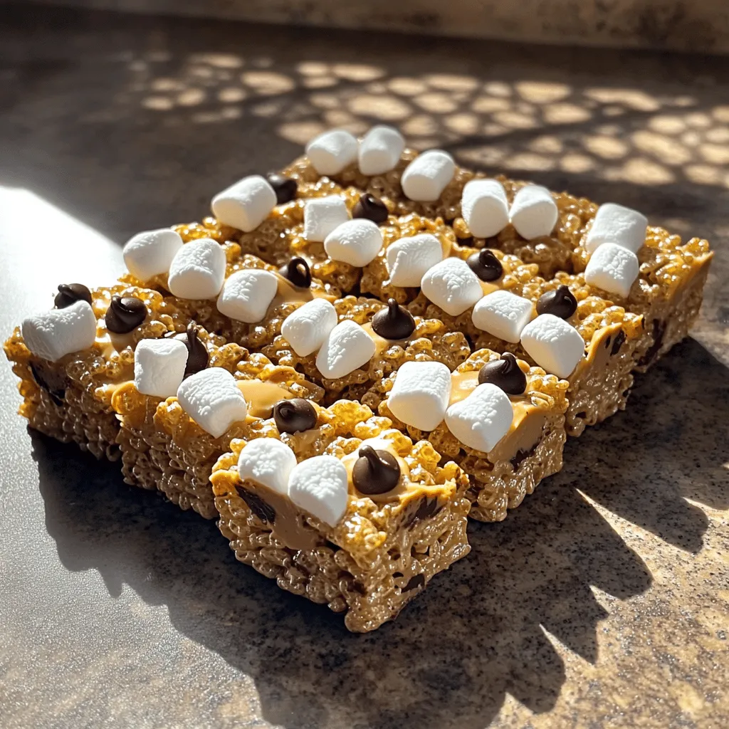 - 6 cups Rice Krispies cereal - 4 cups mini marshmallows - 1/2 cup unsalted butter - 1/2 teaspoon vanilla extract - 1/2 teaspoon salt - 1/2 cup creamy peanut butter - 1/2 cup chocolate chips You can swap Rice Krispies with other puffed cereals. Options include corn puffs or brown rice cereal. If you need a dairy-free option, use coconut oil instead of butter. For marshmallows, try vegan marshmallows, which melt well too. These swaps still keep your treats tasty. Using these tips, you can customize your chewy Rice Krispies treats to fit your needs. The Full Recipe provides a great base to start from. - Greasing the baking dish: Start by greasing a 9x13 inch baking dish. Use butter or cooking spray to prevent sticking. A well-greased dish ensures your treats come out easily. - Preparing your workspace: Clear your counter and gather all ingredients. This setup helps you cook faster and keeps your space neat. - Melting the butter and marshmallows together: In a large saucepan, melt the unsalted butter over low heat. Once it melts, add the mini marshmallows. Stir gently until they are smooth and melted. This mixture is the key to your chewy texture. - Tips for avoiding burning: Always keep the heat low. Stir constantly to avoid the mixture sticking to the bottom and burning. If you notice it getting too hot, remove it from the heat. - Combining all ingredients: Remove the saucepan from heat. Stir in the vanilla extract and salt. If you want a twist, add creamy peanut butter now. Slowly add the Rice Krispies cereal, stirring until coated. - Pressing the mixture into the dish: Pour everything into the greased baking dish. Use a spatula to spread it evenly. Lightly butter the spatula or your hands to prevent sticking while pressing down. - Cooling time specifics: Let the treats cool at room temperature for about 30 minutes. Once cooled and set, cut them into squares or rectangles. Enjoy your chewy Rice Krispies treats as a delightful snack! For the complete recipe, check the Full Recipe. To get the best chewy Rice Krispies treats, focus on the right ingredient ratio. You need 6 cups of Rice Krispies and 4 cups of mini marshmallows. This balance keeps them soft. When you melt the butter and marshmallows, stir gently. This helps them melt smoothly together. If you rush, you might burn the mixture. If your treats turn out too hard, it's often because the mixture was pressed too tightly. Loosen them by warming them in the microwave for a few seconds. If they are sticky, try adding a bit more Rice Krispies. You can also coat your hands with butter to handle the sticky mixture more easily. If the mixture is too dry, you can salvage it. Warm it up again and add a splash of melted butter or a little more marshmallow. Stir it well to combine. Get creative when serving your treats! You can cut them into fun shapes using cookie cutters. This makes them great for parties. Consider stacking them on a plate or wrapping them in colorful cellophane for gifts. Pair your treats with milk, hot chocolate, or even coffee. They also go well with fruits and nuts for a snack mix. The choices are endless! {{image_2}} You can change up your Rice Krispies treats by adding different nut butters. Creamy peanut butter adds a rich taste. Almond or cashew butter can give a new twist. Swapping chocolate chips for other mix-ins also makes it fun. Try adding dried fruit, nuts, or even candies. Each new ingredient can turn a classic into something special. You can make themed treats for holidays. For instance, add colorful sprinkles for birthdays. Use colored marshmallows for Halloween or Valentine’s Day. Seasonal flavors can also enhance your treats. In fall, add pumpkin spice. In summer, use fruity flavors like strawberry or lemon. Themed treats add joy to any occasion. If you want a healthier version, use whole grain cereals. They add more fiber and taste. You could also think about reducing sugar. Try using less marshmallow or using a sugar substitute. This way, you can enjoy chewy treats while making smarter choices. To keep your Chewy Rice Krispies Treats fresh, use an airtight container. This will keep them soft and chewy. You can also wrap them tightly in plastic wrap. If you store them at room temperature, they will last for up to a week. If you prefer to put them in the fridge, be aware they may harden a bit. However, they will still taste great! If you want to freeze your treats, here’s how: First, let them cool completely. Then, cut them into squares. Wrap each square in plastic wrap. Place the wrapped treats in a freezer-safe bag. They will stay fresh for about three months when frozen. When ready to eat, just take them out and let them thaw at room temperature. If your treats become hard, don’t worry! You can revive them easily. Place them in the microwave for about ten seconds. This will soften them up. You can also add a slice of bread to the container for a few hours. The bread will help keep the treats fresh and chewy. Enjoy your treats again! To make your Rice Krispies treats chewy, adjust your ingredient ratios. Use more marshmallows and less cereal. A solid ratio is 4 cups of mini marshmallows for every 6 cups of Rice Krispies. This increases the gooey factor. Also, melt your marshmallows slowly over low heat. Stir gently to avoid burning. Mixing in creamy peanut butter adds extra chewiness and flavor. Yes, you can prepare Chewy Rice Krispies Treats ahead of time. Make them a day or two before you need them. Store them in an airtight container to keep them fresh. You can also wrap them tightly with plastic wrap. This keeps the treats soft and chewy longer. To cut your Rice Krispies treats cleanly, use a sharp knife. Lightly grease the knife or spray it with cooking spray. This helps prevent sticking. Cut them into squares or rectangles. For best results, make smooth, even cuts straight down. Avoid sawing back and forth. Chewy Rice Krispies Treats last about 3 days at room temperature. Keep them in an airtight container to maintain freshness. If you store them in the fridge, they can last up to a week. Just remember, refrigeration may make them a bit firmer. For longer storage, freeze them for up to 3 months. Just thaw at room temperature before enjoying. Making Chewy Rice Krispies Treats is fun and easy. You learned about key ingredients and how to adjust flavors. I shared tips for perfect texture and creative serving ideas. Use the storage methods to keep your treats fresh longer. Remember, you can customize these treats to suit your taste. Overall, enjoy experimenting with flavors and variations. You’ll impress family and friends with your delicious, chewy treats.