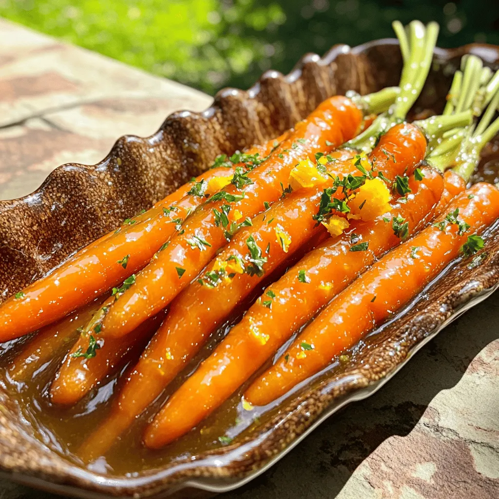 - 1 lb baby carrots, trimmed - 2 tablespoons honey - 1 tablespoon fresh orange juice - 1 tablespoon fresh lemon juice - 2 tablespoons unsalted butter - 1/2 teaspoon vanilla extract - Salt and pepper to taste - Fresh parsley, chopped for garnish What can you use instead of honey? You can try maple syrup or agave nectar. They add sweetness and keep it tasty. Can I use different citrus fruits? Yes! You can use lime juice or even grapefruit juice. They give a fun twist. What if I want a vegan option for butter? You can use coconut oil or a plant-based butter. Both work well in this dish. Start by getting your ingredients ready. You need one pound of baby carrots. Trim them so they look neat. Next, prepare the glaze. In a bowl, mix two tablespoons of honey, one tablespoon of fresh orange juice, one tablespoon of fresh lemon juice, and half a teaspoon of vanilla extract. This mix will be sweet and bright, perfect for our carrots. Now, it's time to cook the carrots. In a big pot, bring salted water to a boil over high heat. Add the baby carrots and cook them for about 5 to 7 minutes. You want them tender but still crisp. After that, drain the carrots and set them aside. Next, heat a large skillet over medium heat. Melt two tablespoons of unsalted butter in the skillet. Once the butter melts, stir in your honey citrus mixture. Mix it well so that everything blends nicely. After that, add the cooked carrots to the skillet. Toss them in the glaze until they are evenly coated. Cook them for another 3 to 5 minutes, stirring now and then to warm them through. After the carrots are nicely glazed, season them with salt and pepper to taste. Once done, transfer them to a serving dish. For a nice touch, sprinkle fresh chopped parsley on top. This adds a pop of color and flavor. Serve your Honey Citrus Glazed Carrots hot for a delightful side dish. For the full recipe, check the earlier section in this article. To make the glaze perfect, focus on the right thickness. The glaze should coat the carrots but not drown them. If it’s too thick, add a splash of water or juice to loosen it. If it’s too thin, cook it a bit longer until it thickens. Flavors matter too. Honey brings sweetness, while orange and lemon juice add brightness. Taste as you go. Adjust the salt and pepper to enhance the glaze. A touch of salt can make the flavors pop! You can cook your carrots in different ways. Stovetop cooking is quick and easy. Boil them for about 5-7 minutes until they are tender. This keeps them crisp and bright. Oven roasting is another option. It gives a nice caramelization, but it takes longer. If you want to steam your carrots, it keeps more nutrients. A steamer keeps the carrots tender while enhancing their natural sweetness. To wow your guests, think about how you serve the carrots. A sprinkle of fresh parsley adds color and freshness. You can also add a few orange zest shavings for extra flair. For special occasions, serve the carrots in a nice dish. Pair them with a protein like chicken or fish for a complete meal. This adds visual appeal and makes your table look vibrant and inviting. For the full recipe, check the provided instructions! {{image_2}} You can make honey citrus glazed carrots even better. Adding herbs like thyme or rosemary gives a fresh twist. These herbs pair well with the sweet and tangy glaze. Just chop them finely and toss them in. If you want some heat, consider spices. A pinch of cayenne or red pepper flakes adds a kick. This spice balance can take the dish to another level. You can use regular carrots instead of baby carrots. Just cut them into sticks or rounds. They will still taste great and offer a nice crunch. Roasting is another option. Instead of glazing, roast the carrots. This method brings out a deep, sweet flavor. You can roast them in the oven with olive oil and seasonings. If you need gluten-free options, you’re in luck! This recipe is naturally gluten-free. Just make sure your honey and butter are pure. For those on a low-carb diet, you can use radishes instead of carrots. Cook them in the same way. They will absorb the glaze flavors and keep it low-carb. For the full recipe, check the section above. To keep your Honey Citrus Glazed Carrots fresh, store them in the fridge. Place the carrots in an airtight container. This helps keep moisture in and flavors intact. They will last for about three to five days in the refrigerator. If you want to freeze the glazed carrots, use a freezer-safe bag. Remove as much air as possible before sealing. They can last up to three months when frozen. You can reheat the glazed carrots in two ways: microwave or stovetop. When using the microwave, place the carrots in a safe dish. Cover them with a damp paper towel to keep moisture. Heat them in short bursts of 30 seconds. Stir between bursts to ensure even heating. For stovetop reheating, use a skillet over low heat. Add a splash of water or extra butter to keep them moist. Stir frequently to maintain the texture. Honey Citrus Glazed Carrots can stay fresh for several days. In the fridge, they usually last about three to five days. If they smell off or look slimy, it’s best to toss them. Fresh carrots should be bright and firm. If they become soft or brown, they may be spoiled. Keep an eye on them to enjoy their sweet, citrusy flavor! For the full recipe, check out the section above. How do I make Honey Citrus Glazed Carrots from scratch? To make Honey Citrus Glazed Carrots, start with 1 lb of baby carrots. Boil them in salted water for 5-7 minutes until tender. Drain the carrots and set them aside. In a skillet, melt 2 tablespoons of unsalted butter over medium heat. Add 2 tablespoons of honey, 1 tablespoon of fresh orange juice, 1 tablespoon of fresh lemon juice, and 1/2 teaspoon of vanilla extract. Mix well. Toss the cooked carrots in the glaze for 3-5 minutes, then season with salt and pepper. Garnish with chopped parsley before serving. Can I prepare this dish ahead of time? Yes, you can prepare these carrots ahead of time. Cook the carrots and glaze them as per the recipe, then store them in the fridge. When ready to serve, reheat them in a skillet over medium heat until warmed through. This keeps the flavors fresh without losing texture. What can I serve with Honey Citrus Glazed Carrots? These glazed carrots pair well with many dishes. Try serving them with roasted chicken, grilled fish, or a hearty grain salad. They add a sweet, tangy flavor that complements savory meals beautifully. Caloric content per serving Each serving of Honey Citrus Glazed Carrots has about 150 calories. This includes the natural sugars from the carrots and honey. It's a tasty side without too many calories. Health benefits of carrots Carrots are packed with vitamins and minerals. They are high in beta-carotene, which supports eye health. Eating carrots can also boost your immune system and improve skin health. They are a great choice for a nutritious side dish. How to make it vegan or dairy-free To make Honey Citrus Glazed Carrots vegan, replace the butter with vegan butter. You can also use maple syrup instead of honey for the glaze. This keeps the dish rich and flavorful while meeting vegan needs. Low-sugar options for glaze For a low-sugar version, replace honey with a sugar-free syrup. This reduces the sugar content significantly while still giving you that sweet flavor. You can also use less honey if you prefer a lighter glaze. In this post, we explored how to make Honey Citrus Glazed Carrots. We covered essential ingredients and variations. You learned cooking techniques and tips for the best flavor. Remember, you can easily swap ingredients to fit your needs. Store leftovers properly to keep them fresh. Always check for spoilage before eating. With these tips, you can serve delicious carrots at any time, making them a hit at meals. Enjoy cooking and have fun with the flavors!