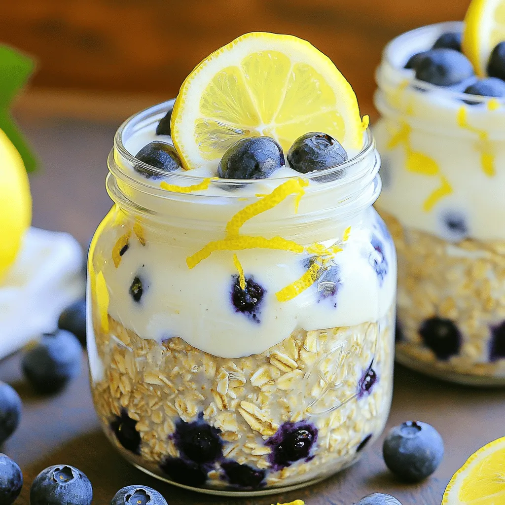 To make Lemon Blueberry Overnight Oats, you need a few key ingredients: - 1 cup rolled oats - 1 ½ cups almond milk (or any milk of your choice) - 1 tablespoon chia seeds - 1 tablespoon maple syrup (optional) - Zest of 1 lemon - 2 tablespoons lemon juice - ½ teaspoon vanilla extract - 1 cup fresh blueberries - ¼ teaspoon salt These ingredients work together to create a creamy, flavorful treat. The rolled oats soak up the milk, while the chia seeds help thicken the mixture. The lemon adds a bright, zesty flavor, and the blueberries provide a burst of sweetness. You can customize your Lemon Blueberry Overnight Oats in many ways. Here are some optional ingredients: - Greek yogurt for creaminess - Nuts like almonds or walnuts for crunch - A dash of cinnamon for warmth - Other fruits like strawberries or bananas for variety Feel free to mix and match to find your perfect blend. Adding these can change the taste and texture while keeping the dish healthy. Lemon Blueberry Overnight Oats offer many health benefits. Here's a quick overview of their nutrition: - High in fiber from oats and chia seeds - Packed with vitamins from lemons and blueberries - Contains healthy fats if you add nuts - Low in added sugars if you skip the maple syrup These oats give you energy and keep you full. They are a great choice for a healthy breakfast or snack. Enjoy this delicious recipe and feel good about what you eat! You can find the Full Recipe above. To make Lemon Blueberry Overnight Oats, start by gathering your ingredients. You'll need rolled oats, almond milk, chia seeds, maple syrup, lemon zest, lemon juice, vanilla extract, salt, and fresh blueberries. This recipe is quick and takes only about 10 minutes to prep. In a large bowl, combine 1 cup of rolled oats and 1 ½ cups of almond milk. Add 1 tablespoon of chia seeds, and if you like, 1 tablespoon of maple syrup for sweetness. Then, mix in the zest of 1 lemon, 2 tablespoons of lemon juice, ½ teaspoon of vanilla extract, and ¼ teaspoon of salt. Stir everything well until it’s blended. Next, gently fold in 1 cup of fresh blueberries. Make sure they are evenly mixed in. Now, it's time to divide the mixture into jars or containers. You can use any jars with lids. Cover each jar tightly and place them in the fridge. Allow the oats to chill overnight for at least 6 hours. This lets the oats soak up the liquid and flavors. When you wake up, stir the oats. If they seem thick, add a splash of almond milk. Top with more blueberries and a sprinkle of lemon zest before serving. This way, you have a delightful breakfast waiting for you! For the full recipe, check out the detailed instructions above. To make the best lemon blueberry overnight oats, always use rolled oats. They soak up the liquid well and stay creamy. I like to mix the oats with the milk and chia seeds first. This helps the oats absorb flavors. Make sure to stir the mixture well. You want everything mixed evenly. Refrigerate the oats for at least six hours. This gives them time to soften and blend. If you like sweeter oats, add more maple syrup. Start with one tablespoon and taste it. You can always add more, but you can't take it out. For a tangier taste, squeeze in more lemon juice. The zest adds a nice punch too! Feel free to swap out blueberries for other fruits. Strawberries or raspberries work great. When serving, use clear glass jars. They show off the bright colors of the oats and berries. Top each jar with a few extra blueberries. A sprinkle of lemon zest adds flair. You can also add a lemon slice on top. It looks fresh and inviting. Happy eating! {{image_2}} You can switch up the fruits in your overnight oats easily. Try strawberries, raspberries, or peaches. Each fruit will add a new taste. You could also add bananas for creaminess. Don't be afraid to mix and match! Each choice gives you a unique treat. While rolled oats are great, you can use other grains too. Quinoa or barley works well for a twist. If you want to change the milk, try coconut or oat milk. This keeps it exciting and fresh. To make this recipe vegan, just use plant-based milk and maple syrup. Both are great for sweetness. For gluten-free oats, check labels on your oats to ensure they are certified. These simple swaps make this dish fit for everyone! To keep your lemon blueberry overnight oats fresh, use airtight containers. Glass jars work great because they let you see the colorful layers. After you make the oats, divide them into jars. Seal them tightly and place them in the fridge. This method keeps the oats from drying out. These oats last about five days in the fridge. After five days, the flavor and texture may change. You'll notice the oats can become mushy. If you see any mold or a strange smell, toss them out. Always trust your senses when it comes to food safety. You can enjoy overnight oats cold or warm them up. If you like them warm, take a jar out. Remove the lid and heat it in the microwave. Start with 30 seconds and stir. If they're not warm enough, heat them for another 15 seconds. Add a splash of milk if they seem too thick. Enjoy your delicious breakfast treat! For the full recipe, check out the Lemon Blueberry Dream Cups 🫐. You can use steel-cut oats, but the texture changes. Steel-cut oats take longer to soak. They need more liquid and time to soften. I recommend using rolled oats for this recipe. They provide a creamy texture and blend well with the flavors. You can make this recipe up to five days in advance. The oats stay fresh in the fridge. Each day, the flavors get better! Just store them in airtight containers. This way, you have an easy breakfast ready to go. To add protein, try Greek yogurt or nut butter. You can mix in a scoop of protein powder too. These choices boost the protein content and keep you full longer. Enjoy experimenting with different options to find your favorite! For the complete recipe, check out the [Full Recipe]. Lemon blueberry overnight oats are a tasty and easy breakfast option. We covered key ingredients, customization ideas, and nutrition facts. I shared step-by-step instructions to prepare them quickly. You learned best practices and tips for perfecting your oats. We explored fun variations and storage methods to keep them fresh. Try different fruits and flavors. Your perfect breakfast awaits! Enjoy the benefits of this nutritious meal.