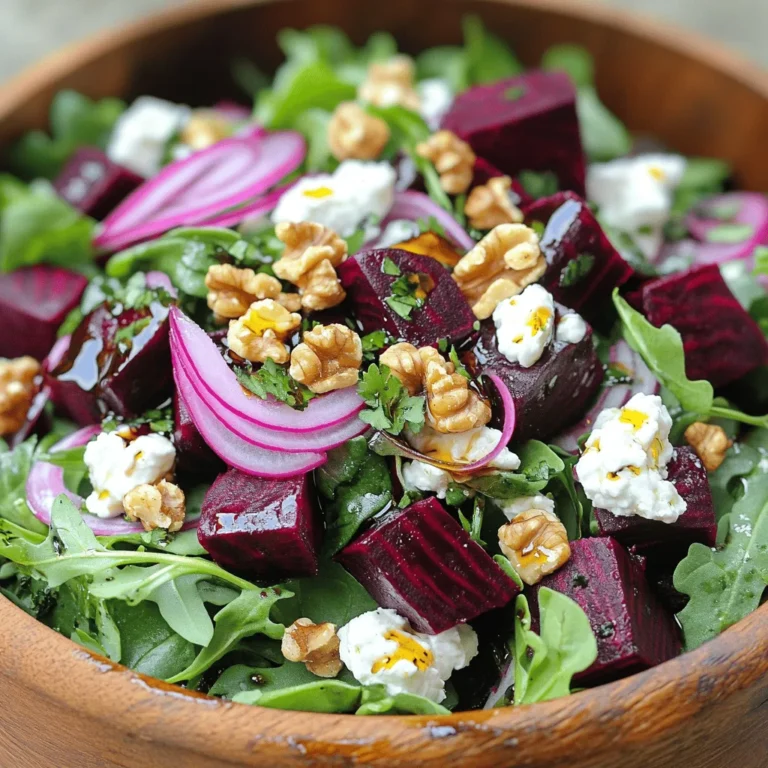 To make a delightful roasted beet and goat cheese salad, you need fresh ingredients that shine. Here’s what you’ll need: - Beets: 3 medium beets, scrubbed clean. Roast them to bring out their sweet flavor. - Mixed greens: 4 cups of mixed greens, like arugula, spinach, and radicchio. They add a crunchy texture. - Goat cheese: 1/2 cup of crumbled goat cheese. It gives a creamy, tangy taste. - Additional toppings: - 1/4 cup of walnuts, toasted and chopped for crunch. - 1/2 red onion, thinly sliced to add some bite. - Fresh herbs like parsley or dill for garnish. These ingredients come together for a salad that is both colorful and tasty. You can find the full recipe [Full Recipe]. Preheating the oven: Temperature and tips Start by preheating your oven to 400°F (200°C). This is the perfect temperature for roasting beets. A hot oven makes the beets tender and flavorful. Wrapping and roasting: Duration and method Wrap each beet in aluminum foil. Place them on a baking sheet. Roast for 45-60 minutes. Check if they are done by piercing them with a fork. They should feel soft. Cooling and peeling beets: Best practices Once the beets are done, take them out and let them cool. This makes them easier to handle. Use your hands or a paper towel to peel off the skin. It should come off easily. Cut the beets into small cubes. Combining ingredients: Assembly tips In a large bowl, add your mixed greens. Next, toss in the roasted beets and sliced red onion. Make sure to mix them gently. You want the greens to stay crisp. Mixing the dressing: Proportions and techniques In a small bowl, mix 2 tablespoons of balsamic vinegar and 2 tablespoons of olive oil. This dressing will add a nice tangy flavor. You may add salt and pepper to taste. Tossing ingredients: Tips for even coating Drizzle the dressing over the salad. Toss everything together gently. Make sure all the ingredients are well coated with the dressing. This step helps the flavors blend nicely. For the full recipe, check out the [Full Recipe]. Enjoy your delicious roasted beet and goat cheese salad! Cooking time adjustments: Check the beets after 45 minutes. You want them tender. Insert a fork to test doneness. If the fork slides in easily, they are ready. If not, roast for another 10 to 15 minutes. All ovens differ, so keep an eye on them. Foil wrapping techniques: Wrapping beets in foil helps them steam. This keeps them moist and flavorful. Make sure the foil is tightly sealed around each beet. This way, they will roast evenly. The steam will also make peeling easier after roasting. Ideal pairings: Roasted beet and goat cheese salad shines with nuts and fruits. Try adding sliced apples or pears. They add sweetness and crunch. Also, consider serving it with grilled chicken or fish for a full meal. Presentation tips: Make your salad pop with color. Use a large bowl to show off the mixed greens. Arrange the beets and goat cheese on top. Sprinkle the walnuts and red onion for a beautiful finish. A drizzle of balsamic vinegar adds a nice touch. Fresh herbs like parsley or dill make the dish look fresh and inviting. For the complete recipe, refer to the Full Recipe. {{image_2}} You can make your roasted beet and goat cheese salad even better by adding proteins. Grilled chicken is a great choice. It adds a nice flavor and makes the salad filling. You can also use chickpeas if you want a plant-based option. Chickpeas are rich in fiber and protein, making your salad more nutritious. Adding protein changes the taste of your salad. Chicken gives a smoky, savory flavor. Chickpeas add a mild, nutty taste. Both options help balance the sweetness of the beets and the tanginess of the goat cheese. If you want to change the nuts, try using pecans or almonds instead of walnuts. Pecans have a sweeter, buttery flavor. Almonds bring a crunchy texture and mild taste. Both options will complement your salad perfectly. Toasting the nuts enhances their flavor. Just place them in a dry skillet over medium heat. Stir them frequently for about five minutes until they are golden brown. This simple step makes a big difference in taste and texture. To keep your Roasted Beet and Goat Cheese Salad fresh, store it in the fridge. Use an airtight container. This keeps the salad crisp for up to three days. If you have extra dressing, keep it separate. This will prevent the greens from wilting too fast. If you notice your greens look a bit sad, don’t worry! You can revive them. Just place them in a bowl of cold water for about 10-15 minutes. This helps them regain some crunch. Afterward, dry them gently with a towel. Want to save some roasted beets for later? You can freeze them! First, let the beets cool completely. Then, cut them into cubes. Place the cubes in a freezer bag, removing as much air as possible. Seal the bag tightly. Your beets can last up to six months in the freezer. When you’re ready to use frozen beets, simply thaw them in the fridge overnight. You can add them to salads or warm them up for a tasty side dish. Using frozen beets is a great way to enjoy their flavor while saving time in the kitchen. Yes, you can use canned beets. They save time and effort. However, the taste and texture differ from fresh roasted beets. Canned beets are softer and may lack the rich, earthy flavor of roasted ones. Fresh beets bring a sweet and smoky taste that enhances this salad. If you choose canned beets, rinse them well to remove excess salt. The best goat cheese for this salad is creamy and tangy. Soft goat cheese, often called chevre, adds a smooth texture. You can also use aged goat cheese for a sharper flavor. Each option brings a unique taste to the dish. Try different types to see what you like best. A herbed goat cheese can add extra flavor and freshness, too. This salad serves four people. It’s perfect for a light lunch or as a side dish at dinner. If you need more servings, just double the ingredients. You can also make smaller portions by halving the recipe. This flexibility makes it a great choice for any gathering. In this blog post, we covered how to create a delicious beet salad. We listed the key ingredients, including beets, mixed greens, and goat cheese. You learned step-by-step instructions for roasting beets, preparing the salad, and making the dressing. We shared tips for cooking and serving, along with variations to try. Remember, this salad is flexible; you can add proteins or switch up the nuts. I hope you create this tasty dish and enjoy every bite. Happy cooking!