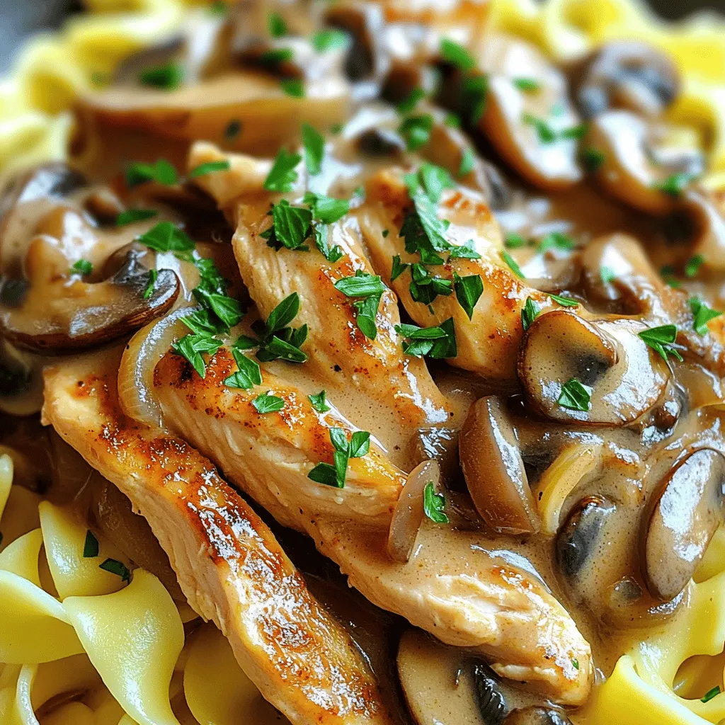 Chicken and Dairy Ingredients - 1 pound boneless, skinless chicken breasts, sliced into strips - 1 cup sour cream Vegetables and Seasonings - 1 medium onion, diced - 3 cloves garlic, minced - 8 ounces mushrooms, sliced (button or cremini) - 1 tablespoon Dijon mustard - 1 teaspoon smoked paprika - Salt and pepper to taste - Fresh parsley, chopped (for garnish) Cooking Staples - 2 cups chicken broth - 2 tablespoons all-purpose flour - 2 tablespoons olive oil When I make my homemade chicken stroganoff, I always choose fresh ingredients. The chicken gives a nice protein base. Sour cream adds creaminess and tang. I love using a mix of onions, garlic, and mushrooms for a rich flavor. Dijon mustard brings a subtle kick that makes it stand out. Smoked paprika adds warmth and depth. Don't forget the salt and pepper to enhance all the flavors. For cooking, I use chicken broth to build up the sauce. Flour helps thicken it, while olive oil makes sure everything cooks well. You can find the full recipe to see how all these ingredients come together. Using these fresh ingredients makes a big difference in taste. Each item plays its part to create a dish that is both comforting and delicious. Sautéing Onions and Garlic Start by heating olive oil in a large skillet over medium heat. Add the diced onion and cook for about 3-4 minutes. You want the onion to become soft and clear. Next, stir in the minced garlic. Cook it for another minute until you smell its sweet aroma. This step builds a great base for your stroganoff. Cooking the Mushrooms Now, add the sliced mushrooms to the skillet. You will need to sauté them for about 5 minutes. Look for them to turn golden brown. Stir them often to cook evenly. Once they are done, push the mushroom mix to one side of the skillet. This will make room for the chicken. Seasoning and Browning On the empty side of the skillet, add the chicken strips. Sprinkle salt, pepper, and smoked paprika over them. Cook the chicken for about 5-6 minutes. You want the chicken to be no longer pink inside. This step adds flavor and makes your stroganoff heartier. Adding Broth and Thickening Once the chicken is cooked, sprinkle the flour over the entire mixture. Stir well to coat everything evenly. Cook for an extra 2 minutes to remove the raw flour taste. Then, slowly pour in the chicken broth. Stir constantly as you do this. Bring the mixture to a gentle simmer and let it cook for about 5 minutes. You want it to thicken slightly. Incorporating the Sour Cream Finally, lower the heat and stir in the sour cream and Dijon mustard. Mix well until everything is blended. Heat it gently but avoid boiling. Taste and adjust the seasoning with more salt or pepper if needed. Now, your homemade chicken stroganoff is ready to serve over cooked egg noodles or rice. Check the full recipe for more details! Avoiding Overcooking Chicken To keep chicken juicy, cook it just right. Sauté the chicken until it turns white, about 5-6 minutes. If you cook it too long, it can become dry. Use a meat thermometer if you have one. The chicken should reach 165°F. This helps ensure it stays tender. Enhancing Flavor Profiles To boost flavor, use fresh herbs like parsley. Fresh herbs add a bright taste. Smoked paprika gives a nice depth too. Make sure to season well with salt and pepper. You can also add a splash of lemon juice at the end. This adds a zesty kick that brightens the dish. Gluten-Free Alternatives If you need gluten-free options, replace all-purpose flour with cornstarch. Use the same amount. You can also serve it over rice instead of noodles. Always check labels on broth and other packaged items to ensure they are gluten-free. Substitute Suggestions for Dairy For a dairy-free version, use coconut cream instead of sour cream. It gives a creamy texture without the milk. You can also try a dairy-free yogurt. Just make sure it’s plain to avoid unwanted flavors. These swaps keep your dish creamy and delicious! For the complete recipe and cooking details, check out the Full Recipe. {{image_2}} Using different proteins can change the flavor of your Stroganoff. Try turkey instead of chicken for a unique twist. Turkey has a mild taste that blends well with the sauce. You can even use beef, which adds a rich depth to the dish. Just remember to adjust cooking times based on the protein you choose. For vegan options, swap chicken for mushrooms or tofu. Mushrooms give a meaty texture, while tofu absorbs flavors well. Use a plant-based sour cream for creaminess. This way, you keep the comfort of Stroganoff while catering to different diets. Pair Chicken Stroganoff with side dishes like steamed vegetables or a fresh salad. The crunch from veggies balances the creamy sauce. You can also serve it with roasted potatoes for a hearty meal. For presentation, use a wide, shallow bowl to show off your Stroganoff. Garnish with fresh parsley for a pop of color. Consider adding a lemon wedge on the side to brighten the dish. A sprinkle of smoked paprika adds extra flair, too. For the full recipe, check out the details above. To keep your Chicken Stroganoff fresh, store it properly. First, let it cool to room temperature. Then, transfer it to an airtight container. This helps keep moisture in and air out. You can store it in the fridge for up to three days. If you want to save it longer, freeze it. Use a freezer-safe container or bag. Make sure to remove as much air as possible. Label the container with the date. You can freeze it for up to three months. When it’s time to enjoy your leftovers, reheating is key. The best method is to use a stovetop. Pour the Chicken Stroganoff into a skillet. Add a splash of chicken broth or water to help with moisture. Heat it over medium heat while stirring. This ensures even heating. You can also use a microwave for quick reheating. Place a portion in a microwave-safe bowl. Cover it loosely with a microwave-safe lid. Heat in short bursts, stirring in between. This keeps the dish from drying out. To maintain flavor and texture, avoid overheating. If the sauce gets too thick, add a little broth. This keeps your Chicken Stroganoff creamy and delicious. Enjoy your meal! For the full recipe, click here. You can serve Chicken Stroganoff with several tasty sides. I love pairing it with: - Cooked egg noodles - Rice - Mashed potatoes - Steamed vegetables - A fresh green salad These sides balance the rich flavors of the stroganoff. They also add texture to your meal. The chicken is done when it reaches an internal temperature of 165°F. You can check this with a meat thermometer. The chicken should also be white and no longer pink inside. Yes, you can make Chicken Stroganoff ahead of time. Cook it fully, then let it cool. Store it in the fridge for up to three days. When you're ready to eat, reheat it on low heat. Chicken Stroganoff is a twist on the classic Beef Stroganoff. The dish has roots in Russian cuisine. It became popular in the U.S. in the 1950s. The creamy sauce makes it a comfort food favorite. Absolutely! A slow cooker works well for Chicken Stroganoff. Just add all the ingredients, except the sour cream. Cook on low for 6-8 hours. Stir in the sour cream before serving. This makes a rich and tasty meal. For the full recipe, check out the section above. In this blog post, I shared how to make homemade chicken stroganoff. You learned about the key ingredients, step-by-step cooking methods, and helpful tips. I also covered various ingredient swaps and storage advice for leftovers. Remember, cooking is fun! Don't be afraid to experiment with flavors and textures. Enjoy crafting a meal that warms your heart and delights your taste buds. You can make a delicious chicken stroganoff that suits your taste and needs. Happy cooking!
