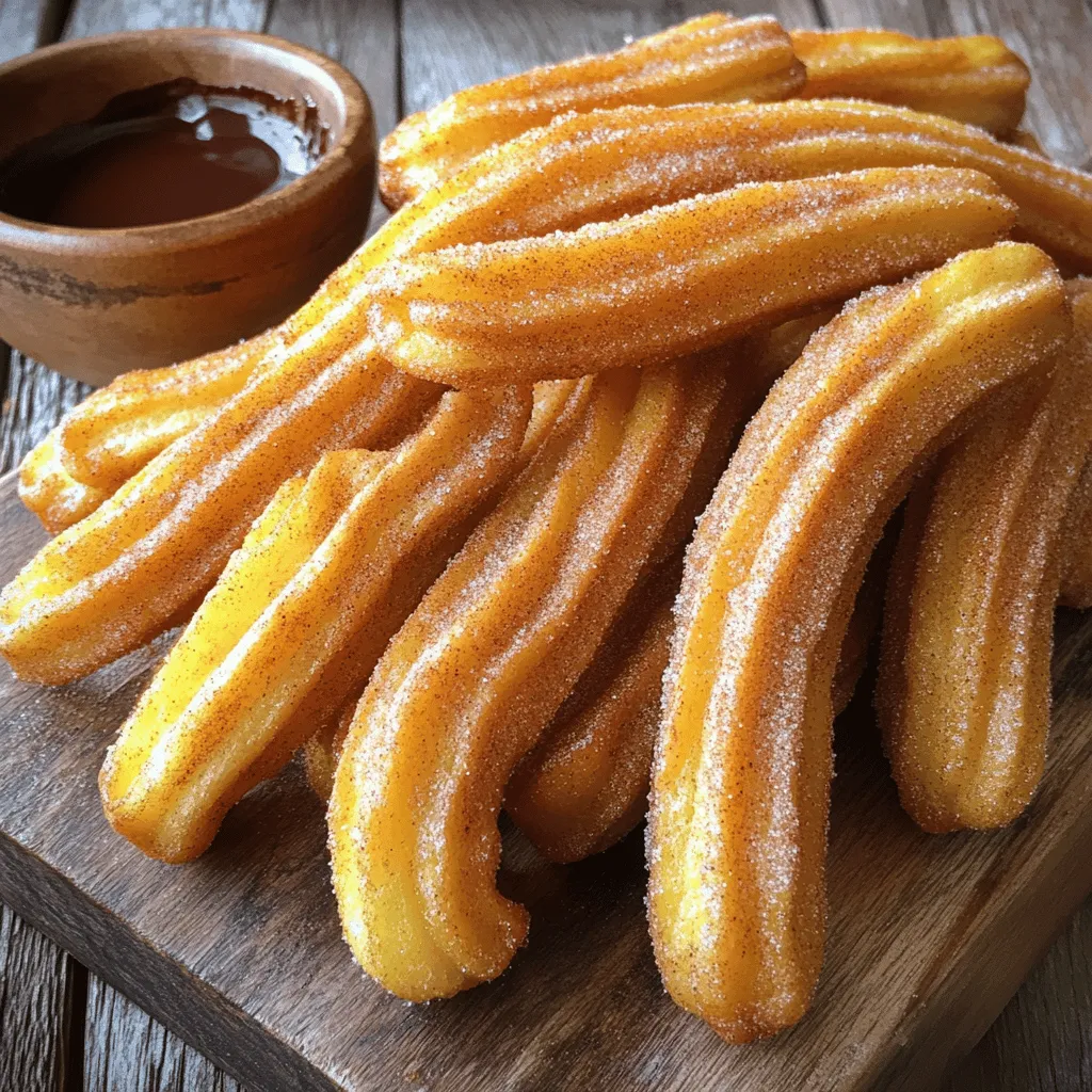- 1 cup water - 2 tablespoons unsalted butter - 1 tablespoon granulated sugar - 1/2 teaspoon salt - 1 cup all-purpose flour - 2 large eggs - 1 teaspoon vanilla extract - Oil for frying - 1/2 cup granulated sugar (for coating) - 1 tablespoon ground cinnamon For making churros, these ingredients are key. Each one plays an important role in the final taste and texture. - Alternatives for butter: You can use coconut oil or margarine if you want to avoid butter. They work well and keep the churros moist. - Gluten-free flour options: Use a gluten-free all-purpose blend. This works well to create a similar texture without gluten. - Egg-free variations: If you need to skip eggs, try using applesauce or mashed bananas. They can help bind the dough. - Medium saucepan: This is where you boil your water and butter. Choose one that heats evenly. - Piping bag with star tip: This helps you create the classic churro shape. A star tip adds those lovely ridges. - Deep frying pan: You need a pan that can hold oil and allow space for frying. - Slotted spoon: Use this to remove the churros from hot oil. It lets excess oil drain off, keeping them crispy. These tools and ingredients make the process fun and straightforward. If you want to learn how to make these churros, check out the Full Recipe! First, we start by boiling the water and melting the butter. In a medium saucepan, combine 1 cup of water, 2 tablespoons of unsalted butter, 1 tablespoon of granulated sugar, and 1/2 teaspoon of salt. Heat this mixture over medium heat. Stir until the butter melts and the mixture boils. Once it boils, remove the pan from heat. Quickly stir in 1 cup of all-purpose flour. Mix until a ball of dough forms. Let it cool for a few minutes. Now, we add eggs and vanilla. Add 2 large eggs and 1 teaspoon of vanilla extract to the cooled dough. Do this one at a time. Mix well after each egg until the dough is smooth and shiny. This step is key to getting the right dough consistency. Next, it’s time to fry the churros. Heat oil in a deep frying pan to 350°F (175°C). This is the right temperature for frying. Transfer the dough into a piping bag fitted with a star tip. Carefully pipe 6-inch lengths of dough into the hot oil. Cut the dough with scissors. Fry the churros in batches until golden brown. This takes about 2-3 minutes per side. Use a slotted spoon to transfer the churros to a paper towel-lined plate. This drains excess oil. For the finishing touch, mix 1/2 cup of granulated sugar with 1 tablespoon of ground cinnamon in a shallow bowl. Roll each churro in this cinnamon sugar until well coated. Enjoy your delicious churros! For more details, refer to the Full Recipe. To make churros that are not greasy, use the right oil temperature. If the oil is too cool, the churros soak up the oil. If it's too hot, they burn before cooking inside. Aim for 350°F (175°C). This helps keep them light and crispy. The dough must also be just right. It should be thick but not too dry. When you mix in the flour, stir until a ball forms. Let it cool before adding eggs. If the dough is too wet, your churros will spread in the oil. You want them to keep their shape. For frying, I recommend using vegetable oil or canola oil. These oils have high smoke points, which is perfect for frying. Always check the oil temperature with a thermometer. This keeps your churros evenly cooked and golden brown. You can maintain the oil temperature by frying in small batches. If you add too many churros at once, the oil cools down. Wait a minute between batches to bring the oil back to the right heat. Churros are best served warm and fresh. For dipping, chocolate sauce is a classic choice. You can also try caramel or dulce de leche for a sweet twist. For added flair, sprinkle some extra cinnamon sugar on top before serving. You might also set out fresh fruit, like strawberries or bananas, for a fun garnish. These ideas make your churros even more delightful! For the full recipe, check out the [Full Recipe]. {{image_2}} To make chocolate churros, add cocoa powder to the dough. Use about 1/4 cup of cocoa powder. This gives your churros a rich, chocolatey flavor. Mix it in with the flour for a smooth blend. You’ll enjoy a sweet twist on the classic treat. Filled churros are a fun way to surprise your guests. You can use cream or custard for the filling. A rich chocolate or vanilla custard works well. Pipe the filling inside after frying. Just poke a small hole in each churro. This adds a creamy center that everyone will love. Get creative by adding citrus zest or spices to your churro dough. A bit of orange or lemon zest brightens the flavor. Cinnamon and nutmeg can add warmth and depth. Mix these in when you prepare the dough. This lets you customize the taste to your liking. For the full recipe, check out the [Full Recipe]. To keep churros crispy, store them in a container with a loose lid. This helps maintain some airflow. Avoid airtight containers, as they make churros soggy. Place parchment paper in between layers for extra protection. You can keep them at room temperature for about 1 to 2 days. To reheat churros without losing texture, use an oven. Preheat it to 350°F (175°C). Place the churros on a baking sheet. Bake for about 5 to 7 minutes. This method keeps them crispy outside and soft inside. You can also use an air fryer for a similar effect. To freeze churros, let them cool completely first. Then, place them in a single layer on a baking sheet. Freeze them for about an hour. After that, transfer them to a freezer bag. This way, they stay fresh for up to 3 months. When ready to eat, reheat them using the methods described above. Enjoy your tasty treat any time! You can dip your churros in many tasty sauces. Chocolate sauce is a classic choice. I love using warm dulce de leche for a rich flavor. Caramel sauce also works well. You can even try fruit sauces like raspberry or strawberry. Each dip adds a fun twist to your churro experience. Traditional churros are not gluten-free since they use all-purpose flour. But you can make gluten-free churros easily! Use a gluten-free flour blend instead. Just make sure to check that your ingredients are gluten-free. This way, you can enjoy churros without worry. Homemade churros are best eaten fresh. They taste great for about 1-2 days. Store them in an airtight container at room temperature. They may lose some crispiness, but they will still taste good. To keep them fresh, avoid stacking them in the container. You can prepare churros ahead of time. Make the dough and store it in the fridge for a day. When you're ready, pipe and fry them. If you fry them in advance, let them cool and store them in an airtight container. To reheat, warm them in the oven for a few minutes. The best oil for frying churros is one with a high smoke point. Vegetable oil or canola oil works great. These oils won't burn at high heat. You can also use peanut oil for added flavor. Just make sure to keep the oil temperature steady while frying. You now have a clear guide for making delicious churros. We covered everything from ingredients to frying tips. Remember, using the right tools and maintaining oil temperature are key. Don't hesitate to try variations or substitutions to fit your needs. Whether you're dipping them in chocolate or serving them plain, churros are a treat for everyone. Enjoy your time in the kitchen, and happy frying!