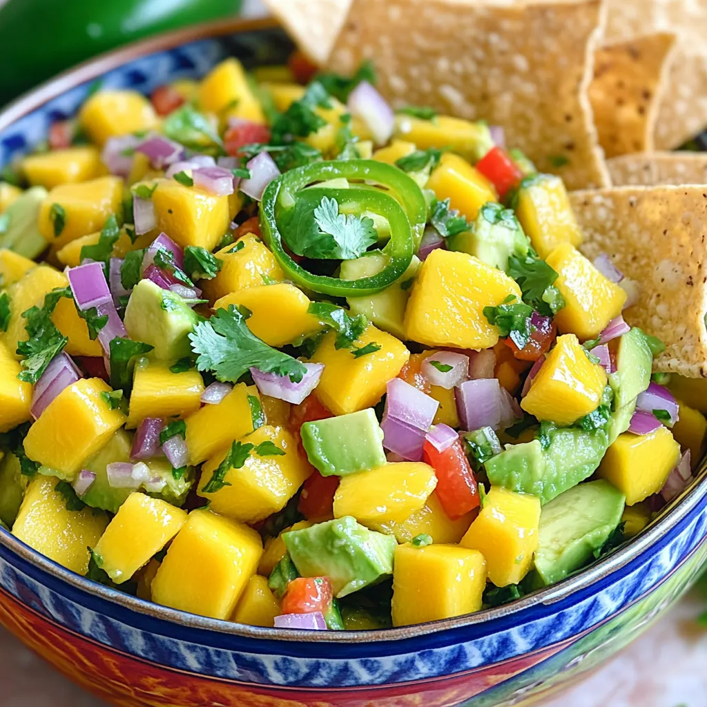 - 1 ripe mango, diced - 2 ripe avocados, diced - 1 small red bell pepper, finely chopped - 1 small red onion, finely chopped - 1 jalapeño, deseeded and minced - Juice of 2 limes - 1/4 cup fresh cilantro, chopped - Salt and pepper to taste - Optional: 1 teaspoon agave nectar for sweetness When I make mango avocado salsa, I start with fresh, ripe ingredients. The ripe mango gives a sweet taste. The avocados add creaminess that balances the salsa. The red bell pepper and onion provide crunch and color. The jalapeño brings a little heat, but you can skip it if you prefer mild flavors. I love using lime juice in my salsa. It brightens the dish and adds freshness. Fresh cilantro gives a herby note that ties everything together. You can add salt and pepper to enhance the flavors. If you like a hint of sweetness, try adding agave nectar. It complements the fruit well. - Calories per serving: approximately 120 - Macronutrient breakdown: - Carbohydrates: 18g - Protein: 2g - Fats: 7g Mango avocado salsa is not only tasty; it’s also healthy. The mango and avocado provide many vitamins. They are rich in fiber, which is great for digestion. The salsa is low in calories, making it a perfect snack. Enjoying this salsa can give you energy without extra calories. Eating this salsa can also support your heart health. The healthy fats from avocados help reduce bad cholesterol. Plus, the vitamins from the fruits boost your immune system. Enjoy this fresh and flavorful delight with your meals or as a snack! For the full recipe, check out the instructions above. - Start by dicing the ripe mango and avocados. - In a large bowl, combine the diced mango and avocados. - Next, add the finely chopped red bell pepper and red onion. - Don’t forget to include the minced jalapeño. - Squeeze the juice of two limes over the mixture. - Add the chopped cilantro and gently stir to mix. - Season your salsa with salt and pepper to taste. - If you want it sweeter, add agave nectar and mix again. - For the best flavor, let the salsa sit for 10-15 minutes before serving. - Serve the salsa in a colorful bowl. - Place tortilla chips on the side for dipping. - Garnish with extra cilantro leaves and lime wedges for a pop of color. This simple method makes a fresh and flavorful Mango Avocado Salsa. You can find the [Full Recipe] for more details. To get the best taste, balance sweetness and acidity. The ripe mango brings sweetness. The lime juice adds a bright kick. Adjust the lime juice if it’s too sweet. Start with less, then add more if needed. For spice, the jalapeño gives heat. If you want less heat, remove all seeds. Taste as you mix to find your ideal spice level. Don’t forget: you can always add more, but you can’t take it away! To keep your salsa fresh, store it in an airtight container. This helps prevent browning. Place a piece of plastic wrap directly on the salsa before sealing the lid. This reduces air exposure. If you have leftovers, use them within two days for the best taste. After that, the avocados may turn brown. If that happens, it's still safe to eat, but not as pretty! One mistake is over-mashing the avocados. You want chunks, not a smooth paste. Gently stir to keep some texture. This makes your salsa look great and taste fresh. Another common error is using unripe mangoes. They are hard and lack sweetness. Choose ripe mangoes for a juicy, flavorful salsa. This ensures each bite bursts with flavor. {{image_2}} You can change the mango and avocado in your salsa. Try using peaches instead of mango. They add a sweet touch. For avocado, use diced cucumbers for a fresh crunch. Tomatoes can also work well here. They bring extra juiciness and color. This salsa is easily vegan. Every ingredient is plant-based, making it a great choice. If you need it gluten-free, rest easy! All the ingredients already fit that diet. You can enjoy this salsa without worry. Want to boost the taste? Adding spices can be a great idea. Try cumin or smoked paprika for depth. Fresh herbs like mint or basil can also add a twist. To make it fruitier, toss in some diced pineapple or peach. They give a tropical vibe that is hard to resist. This salsa is a full flavor fiesta! You can find the full recipe above. Mango avocado salsa shines with many main dishes. Consider serving it with grilled chicken or fish. The sweet and tangy salsa brightens up these proteins. You can also pair it with shrimp tacos. The fresh flavors will make your meal pop. For a vegetarian option, try it with black bean tacos. This salsa adds a nice crunch and color. Events are perfect for enjoying this salsa. It works great at picnics, barbecues, or parties. Guests love the bright colors and fresh flavors. It’s a hit for any gathering! You can use mango avocado salsa in many fun ways. As a topping for tacos, it brings a fresh twist. It adds color and flavor to any taco. You can also mix it into salads. This salsa makes greens more exciting and tasty. Grilled meats also love this salsa. Try it on grilled chicken or beef. The mix of flavors will delight your taste buds. It’s a simple way to elevate your meal. When enjoying mango avocado salsa, choose drinks that complement its flavors. A light, crisp white wine pairs nicely. Think of Sauvignon Blanc or Pinot Grigio. These wines enhance the freshness of the salsa. For non-alcoholic options, go for sparkling water with lime. It’s refreshing and easy to make. You could also enjoy coconut water for a tropical vibe. Both drinks keep your meal light and fun. For the full recipe, check out our guide to making mango avocado salsa. Mango Avocado Salsa lasts about 2 to 3 days in the fridge. Store it in an airtight container. The flavors stay fresh, but the avocados can brown. To slow this down, add lime juice. Yes, you can freeze Mango Avocado Salsa. To do this, place your salsa in a freezer-safe bag or container. Make sure to remove air to prevent freezer burn. When ready to eat, thaw it overnight in the fridge. The texture may change slightly, but the taste will still shine. You can use lemon juice as an alternative. It gives a similar tang. Another option is vinegar. Apple cider vinegar or white vinegar can add the acidity you need. These substitutes keep your salsa bright and zesty. The salsa can be spicy, depending on the jalapeño. If you want less heat, remove the seeds and ribs. You can also use a milder pepper like a bell pepper. Adjust the spice to fit your taste buds. You can make this salsa ahead of time. If you do, prepare it only a few hours before serving. This gives the flavors time to blend. To keep the avocados from browning, mix in lime juice right before serving. Enjoy a boost of flavor with every bite! Mango avocado salsa is a fresh delight that combines vibrant flavors and nutrients. We explored key ingredients and steps for making it easy and tasty. I shared tips to perfect the flavor and avoid common mistakes. You can even try variations to suit your taste. Whether serving at a picnic or a gathering, this salsa brings joy to any meal. Enjoy making it your own and savor every bite.