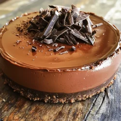 To make a no-bake chocolate cheesecake, gather these key ingredients: - 1 ½ cups chocolate cookie crumbs - ½ cup unsalted butter, melted - 2 cups cream cheese, softened - 1 cup powdered sugar - 1 cup heavy cream - 1 teaspoon vanilla extract - 8 oz dark chocolate, melted and slightly cooled - ¼ cup cocoa powder These ingredients form the base for your cheesecake. The chocolate cookie crumbs create a tasty crust. The cream cheese and heavy cream give it a smooth texture. The melted dark chocolate makes it rich and decadent. To make your cheesecake even better, consider these garnishes: - Chocolate shavings - Cocoa nibs - Fresh berries - Whipped cream These extras add flavor and a lovely look to your dessert. You can mix and match based on your taste. If you need to swap ingredients, here are some ideas: - Use graham cracker crumbs instead of chocolate cookie crumbs for a different crust. - Swap the cream cheese for Greek yogurt for a lighter version. - Use almond milk instead of heavy cream for a dairy-free option. These substitutions can fit your diet or taste preferences while still keeping the cheesecake delicious. For the full recipe, check the details provided above. To start, gather your ingredients. You need chocolate cookie crumbs and melted butter. In a mixing bowl, combine 1 ½ cups of chocolate cookie crumbs with ½ cup of unsalted butter. Mix until it looks like wet sand. Next, take a 9-inch springform pan. Press the crumb mixture firmly into the bottom of the pan. Make sure it is even. This helps the crust hold together. Once done, place the pan in the refrigerator. Let it chill while you make the filling. Now, it’s time for the filling. In a large bowl, beat 2 cups of softened cream cheese with 1 cup of powdered sugar. Mix until smooth and creamy. In another bowl, take 1 cup of heavy cream and 1 teaspoon of vanilla extract. Whip this until soft peaks form. Gently fold the whipped cream into the cream cheese mixture. Be careful not to deflate the air bubbles. This keeps the filling light and fluffy. After this, stir in 8 oz of melted dark chocolate and ¼ cup of cocoa powder. Mix until there are no lumps in the filling. Pour the chocolate filling over the chilled crust. Use a spatula to spread it evenly. After that, cover the cheesecake with plastic wrap. Place it in the refrigerator for at least 4 hours. If you want the best results, let it chill overnight. Once set, remove the cheesecake from the springform pan. Transfer it to a serving plate. Finally, garnish with chocolate shavings or cocoa nibs. Now, your no-bake chocolate cheesecake is ready to enjoy! For the complete list of ingredients and detailed steps, check out the Full Recipe. One big mistake is not measuring your ingredients. Precision matters in baking. Too much butter can make the crust greasy. If you don’t whip the cream well, your cheesecake may be flat. Lastly, don't skip chilling time. Rushing this step leads to a runny filling. Start with cold heavy cream. Cold cream whips up better and faster. Use a clean bowl and beaters. This helps the cream reach soft peaks. Whip until it forms peaks but is not too stiff. Over-whipping can turn it into butter. To get a creamy texture, mix your cream cheese until smooth. Make sure it is at room temperature. This helps it blend easily. When you fold in the whipped cream, do it gently. This keeps air in the mixture for that light feel. Finally, add melted chocolate slowly. Stir until everything is well mixed without lumps. {{image_2}} You can easily change the flavor of this cheesecake. For a mint chocolate cheesecake, add 1 teaspoon of peppermint extract to the filling. This gives it a fresh taste. You can also mix in crushed mint candies for crunch. If you love coffee, add 1 tablespoon of instant coffee granules to the melted chocolate. This makes the chocolate richer. Try different flavors to find your favorite! If you want a lighter cheesecake, swap regular cream cheese with low-fat cream cheese. This keeps the taste but cuts fat. You can also use Greek yogurt instead of heavy cream. This adds protein and gives a nice tang. For the crust, try using oat flour mixed with coconut oil. These changes make it healthier without losing flavor. When serving your cheesecake, add fresh berries on top for color. Raspberries or strawberries work well. You can also drizzle some caramel or chocolate sauce for extra sweetness. Pair it with a scoop of vanilla ice cream for a special treat. A cup of coffee or herbal tea goes well with this dessert. For more ideas, check out the Full Recipe. After you enjoy your no-bake chocolate cheesecake, store leftovers in the fridge. Cover the cheesecake with plastic wrap or place it in an airtight container. This keeps it fresh for up to four days. If you cut slices, use parchment paper between them to help with easy serving. You can freeze this cheesecake if you want to save it for later. Wrap the whole cheesecake tightly in plastic wrap, then in foil. This prevents freezer burn. You can freeze it for up to two months. When you are ready to eat it, move it to the fridge overnight to thaw. You don’t need to reheat a no-bake cheesecake. This treat is best served chilled. Simply slice the cheesecake straight from the fridge. If you want it a little softer, let it sit out for 10 to 15 minutes before serving. Enjoy the creamy texture and rich chocolate flavor! A no-bake cheesecake takes about 4 hours to set. For the best texture, refrigerate it overnight. This extra time helps the flavors blend well and gives it a firmer finish. Yes, you can use other crusts. Graham cracker crumbs work well, or try crushed nuts for a gluten-free option. Just make sure to adjust the butter amount if needed to bind the crust. If you need a cream cheese substitute, try mascarpone or ricotta cheese. For a dairy-free option, use cashew cream or a vegan cream cheese. Each option will change the taste slightly, but they can work well in this recipe. For the complete recipe, see the Full Recipe section. To make a no-bake chocolate cheesecake, we covered the key ingredients and steps. I shared tips on common mistakes and how to achieve a creamy texture. You can also try fun variations like mint or coffee flavors. Remember to store leftovers properly to keep them fresh. In the end, this cheesecake is simple and fun to make. Enjoy the process and share your tasty results!