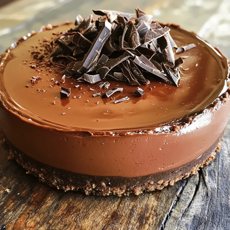 To make a no-bake chocolate cheesecake, gather these key ingredients: - 1 ½ cups chocolate cookie crumbs - ½ cup unsalted butter, melted - 2 cups cream cheese, softened - 1 cup powdered sugar - 1 cup heavy cream - 1 teaspoon vanilla extract - 8 oz dark chocolate, melted and slightly cooled - ¼ cup cocoa powder These ingredients form the base for your cheesecake. The chocolate cookie crumbs create a tasty crust. The cream cheese and heavy cream give it a smooth texture. The melted dark chocolate makes it rich and decadent. To make your cheesecake even better, consider these garnishes: - Chocolate shavings - Cocoa nibs - Fresh berries - Whipped cream These extras add flavor and a lovely look to your dessert. You can mix and match based on your taste. If you need to swap ingredients, here are some ideas: - Use graham cracker crumbs instead of chocolate cookie crumbs for a different crust. - Swap the cream cheese for Greek yogurt for a lighter version. - Use almond milk instead of heavy cream for a dairy-free option. These substitutions can fit your diet or taste preferences while still keeping the cheesecake delicious. For the full recipe, check the details provided above. To start, gather your ingredients. You need chocolate cookie crumbs and melted butter. In a mixing bowl, combine 1 ½ cups of chocolate cookie crumbs with ½ cup of unsalted butter. Mix until it looks like wet sand. Next, take a 9-inch springform pan. Press the crumb mixture firmly into the bottom of the pan. Make sure it is even. This helps the crust hold together. Once done, place the pan in the refrigerator. Let it chill while you make the filling. Now, it’s time for the filling. In a large bowl, beat 2 cups of softened cream cheese with 1 cup of powdered sugar. Mix until smooth and creamy. In another bowl, take 1 cup of heavy cream and 1 teaspoon of vanilla extract. Whip this until soft peaks form. Gently fold the whipped cream into the cream cheese mixture. Be careful not to deflate the air bubbles. This keeps the filling light and fluffy. After this, stir in 8 oz of melted dark chocolate and ¼ cup of cocoa powder. Mix until there are no lumps in the filling. Pour the chocolate filling over the chilled crust. Use a spatula to spread it evenly. After that, cover the cheesecake with plastic wrap. Place it in the refrigerator for at least 4 hours. If you want the best results, let it chill overnight. Once set, remove the cheesecake from the springform pan. Transfer it to a serving plate. Finally, garnish with chocolate shavings or cocoa nibs. Now, your no-bake chocolate cheesecake is ready to enjoy! For the complete list of ingredients and detailed steps, check out the Full Recipe. One big mistake is not measuring your ingredients. Precision matters in baking. Too much butter can make the crust greasy. If you don’t whip the cream well, your cheesecake may be flat. Lastly, don't skip chilling time. Rushing this step leads to a runny filling. Start with cold heavy cream. Cold cream whips up better and faster. Use a clean bowl and beaters. This helps the cream reach soft peaks. Whip until it forms peaks but is not too stiff. Over-whipping can turn it into butter. To get a creamy texture, mix your cream cheese until smooth. Make sure it is at room temperature. This helps it blend easily. When you fold in the whipped cream, do it gently. This keeps air in the mixture for that light feel. Finally, add melted chocolate slowly. Stir until everything is well mixed without lumps. {{image_2}} You can easily change the flavor of this cheesecake. For a mint chocolate cheesecake, add 1 teaspoon of peppermint extract to the filling. This gives it a fresh taste. You can also mix in crushed mint candies for crunch. If you love coffee, add 1 tablespoon of instant coffee granules to the melted chocolate. This makes the chocolate richer. Try different flavors to find your favorite! If you want a lighter cheesecake, swap regular cream cheese with low-fat cream cheese. This keeps the taste but cuts fat. You can also use Greek yogurt instead of heavy cream. This adds protein and gives a nice tang. For the crust, try using oat flour mixed with coconut oil. These changes make it healthier without losing flavor. When serving your cheesecake, add fresh berries on top for color. Raspberries or strawberries work well. You can also drizzle some caramel or chocolate sauce for extra sweetness. Pair it with a scoop of vanilla ice cream for a special treat. A cup of coffee or herbal tea goes well with this dessert. For more ideas, check out the Full Recipe. After you enjoy your no-bake chocolate cheesecake, store leftovers in the fridge. Cover the cheesecake with plastic wrap or place it in an airtight container. This keeps it fresh for up to four days. If you cut slices, use parchment paper between them to help with easy serving. You can freeze this cheesecake if you want to save it for later. Wrap the whole cheesecake tightly in plastic wrap, then in foil. This prevents freezer burn. You can freeze it for up to two months. When you are ready to eat it, move it to the fridge overnight to thaw. You don’t need to reheat a no-bake cheesecake. This treat is best served chilled. Simply slice the cheesecake straight from the fridge. If you want it a little softer, let it sit out for 10 to 15 minutes before serving. Enjoy the creamy texture and rich chocolate flavor! A no-bake cheesecake takes about 4 hours to set. For the best texture, refrigerate it overnight. This extra time helps the flavors blend well and gives it a firmer finish. Yes, you can use other crusts. Graham cracker crumbs work well, or try crushed nuts for a gluten-free option. Just make sure to adjust the butter amount if needed to bind the crust. If you need a cream cheese substitute, try mascarpone or ricotta cheese. For a dairy-free option, use cashew cream or a vegan cream cheese. Each option will change the taste slightly, but they can work well in this recipe. For the complete recipe, see the Full Recipe section. To make a no-bake chocolate cheesecake, we covered the key ingredients and steps. I shared tips on common mistakes and how to achieve a creamy texture. You can also try fun variations like mint or coffee flavors. Remember to store leftovers properly to keep them fresh. In the end, this cheesecake is simple and fun to make. Enjoy the process and share your tasty results!