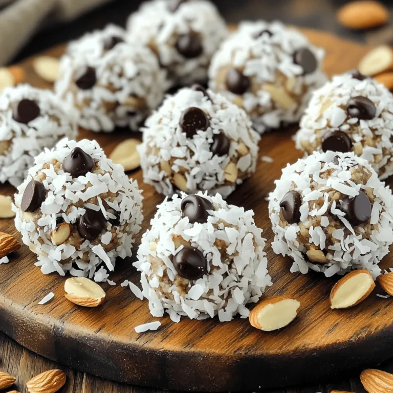 - 1 cup rolled oats - 1/2 cup almond butter - 1/4 cup honey or maple syrup - 1/4 cup unsweetened shredded coconut - 1/3 cup dark chocolate chips - 1/4 cup chopped almonds - 1/4 teaspoon vanilla extract - Pinch of salt When making Almond Joy Energy Bites, you’ll enjoy simple and wholesome ingredients. Each ingredient plays a key role in flavor, texture, and nutrition. - Almonds: These nuts are great for your heart. They are rich in healthy fats and protein. - Coconut: This adds a sweet flavor and is a source of dietary fiber. It also gives you healthy MCTs, which can boost energy. - Dark Chocolate: This tasty treat contains antioxidants. It can help combat free radicals in your body. Using the right ingredients ensures that your energy bites not only taste good, but they also provide health benefits. When you use quality ingredients, you create a snack that is as good for you as it is tasty. For the complete recipe, check out the Full Recipe section. To start, gather your ingredients. You'll need rolled oats, almond butter, honey or maple syrup, shredded coconut, dark chocolate chips, chopped almonds, vanilla extract, and a pinch of salt. 1. In a medium bowl, combine the rolled oats, almond butter, honey, vanilla extract, and a pinch of salt. 2. Mix until everything is well blended. Now for the fun part. 1. Stir in the shredded coconut, dark chocolate chips, and chopped almonds. Ensure that all the ingredients mix well. 2. Next, take small portions of the mixture. Roll them into bite-sized balls, about 1 inch in diameter. 3. Place these balls on a parchment-lined baking sheet. Chilling time is important. 1. Refrigerate the energy bites for at least 30 minutes. This helps them firm up. 2. Once chilled, transfer them to an airtight container. You can keep them in the fridge for up to a week. They also freeze well for longer freshness. Now, let’s make them look great for serving. 1. Arrange the energy bites on a wooden platter. 2. For a lovely touch, dust them with a bit of extra shredded coconut. 3. Scatter fresh almonds around the bites for added appeal. This little detail makes them perfect for sharing or enjoying at home. For the complete recipe, check the [Full Recipe]. To keep your Almond Joy Energy Bites fresh, store them in the fridge. Place them in an airtight container. This way, they stay tasty for up to a week. If you want to keep them longer, try freezing them. Use a freezer-safe bag or container. They can last for up to three months in the freezer. Just remember to thaw them in the fridge before enjoying. You can easily change the flavors of your energy bites. Swap almond butter for peanut butter or sunflower seed butter. This will give you a new taste. You can also add extra protein. Try mixing in some protein powder or chia seeds. These options boost nutrition and keep you full longer. Pair your energy bites with fresh fruit for a great snack. Apples or bananas work well. You can also use them as a meal replacement. Just grab a few bites and enjoy them on the go. They are perfect for busy days when you need a quick boost. For even more fun, serve them with a side of yogurt or nut butter for dipping. You can find the Full Recipe [here](#). {{image_2}} You can try some fun twists on the Almond Joy Energy Bites. Here are a couple of my favorites: - Peanut Butter Bliss Bites: Swap almond butter for peanut butter. This will give you a rich and nutty flavor. Use the same amount of honey or maple syrup. Add in mini chocolate chips for that sweet touch. - Coconut Date Energy Bites: Use dates instead of sweeteners. This adds natural sweetness and a chewy texture. Mix in unsweetened coconut, chopped nuts, and dark chocolate. Blend until smooth, then roll into bites. Seasonal flavors can make your snacks even more exciting. Here are a few ideas: - Adding cinnamon or pumpkin spice in the fall: These spices bring warmth and comfort. Just a dash can transform your bites into a cozy treat. - Incorporating seasonal fruits for summer: Try adding dried apricots or chopped figs. These fruits can brighten the flavor and give a fresh touch. Adjusting flavors can keep things interesting. Here’s how: - Adjusting sweetness or chocolate intensity: You can add more honey or use less chocolate. This helps you find the perfect balance for your taste buds. - Experimenting with different nut butters: Try cashew or sunflower seed butter. Each type of nut butter adds a unique flavor profile. Choose one that matches your mood or craving. These variations can help you enjoy the Almond Joy Energy Bites in new ways. For the complete recipe, check the [Full Recipe]. Enjoy your culinary journey! To keep your Almond Joy Energy Bites fresh, store them in an airtight container. This helps lock in moisture and prevents them from drying out. I recommend using glass containers for easy cleaning and to avoid any chemical leaching. You can also stack them in a single layer with parchment paper between each layer. In the refrigerator, these energy bites last about a week. If you want to enjoy them longer, freeze them. They stay fresh for up to three months in the freezer. Just make sure to wrap them well in plastic wrap or use freezer bags to avoid freezer burn. Look for any changes in color, smell, or texture. If the bites feel sticky or mushy, it’s time to toss them. Also, any signs of mold mean they are no longer safe to eat. Trust your senses; if something seems off, it’s better to be safe than sorry! It takes about 10 minutes to prep. The total time, including chilling, is 40 minutes. You can enjoy these bites in less than an hour from start to finish. This quick prep allows you to make a tasty snack easily. Yes, you can use other nut butters. Peanut butter and cashew butter work well. Each type adds a unique flavor. Peanut butter is strong and nutty. Cashew butter is smooth and creamy. Choose based on your taste preference. Yes, these bites are vegan-friendly. Use maple syrup instead of honey. All other ingredients are plant-based. Just check your nut butter brand to ensure it's vegan. This makes it a great snack for everyone. To make these bites healthier, reduce the honey or maple syrup. You can also add more oats or nuts for extra fiber. Consider using dark chocolate with higher cocoa content. This helps cut sugar while keeping the taste. Yes, you can make them gluten-free. Ensure your oats are labeled gluten-free. Most brands are safe, but it’s good to check. This way, you can enjoy these bites without worry. Almond Joy Energy Bites are delicious and easy to make. We covered key ingredients that pack nutrition like almonds, coconut, and dark chocolate. I showed you how to prepare and store them safely. You can customize the bites to suit your taste and diet. These treats can be a fun snack or meal replacement. Try different flavors and enjoy the healthy benefits. Now, it’s time to make your own and savor every bite.