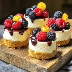 Making mini cheesecake bites is fun and easy. Here’s a detailed list of ingredients you need: - 1 cup graham cracker crumbs - 1/4 cup unsalted butter, melted - 2 tablespoons sugar - 8 oz cream cheese, softened - 1/2 cup powdered sugar - 1 teaspoon vanilla extract - 1/2 cup sour cream - Suggested toppings: Fresh berries, chocolate sauce, or caramel sauce Each ingredient plays a key role in making these bites delicious. The graham cracker crumbs give a nice crust. Melted butter helps bind the crumbs together. Sugar adds sweetness, while cream cheese brings that rich, creamy texture we love. Powdered sugar helps the filling stay smooth. Vanilla extract gives a lovely aroma and taste. Sour cream adds a tangy flavor that balances the sweetness. You can get creative with toppings. Fresh berries add color and taste, while chocolate and caramel sauces bring a decadent touch. For the full recipe, check the instructions. Enjoy creating this tasty treat! 1. Preheat your oven to 325°F (163°C). This makes sure your mini cheesecakes bake evenly. 2. In a medium bowl, mix the graham cracker crumbs, melted butter, and sugar. Stir until it looks like wet sand. 3. Line a mini muffin tin with paper liners. Press about a tablespoon of the crumb mix into each liner to make a crust. 4. Bake the crusts for 5 minutes. Take them out and let them cool. 1. In a large bowl, beat the cream cheese until it is smooth and creamy. 2. Gradually mix in the powdered sugar and vanilla extract. Keep mixing until everything is well combined. 3. Add the sour cream. Mix until the filling is smooth and creamy. 1. Spoon the cheesecake filling into the cooled crusts. Fill each one about three-quarters full. 2. Bake the mini cheesecakes for 15 to 18 minutes. The edges should set while the center jiggles slightly. 3. Once baked, let them cool at room temperature for about 30 minutes. Then, refrigerate for at least 2 hours before serving. For the complete process and tips, refer to the Full Recipe. To get the best texture, start with room temperature cream cheese. It blends smoothly. This helps you avoid lumps. Mix your filling well, but don’t overmix. Overmixing can add air, which may cause cracks. To prevent cracking, bake at a lower temperature. Also, don’t open the oven door too soon. Let them cool in the oven for a few minutes before taking them out. This gradual cooling helps keep the cheesecakes intact. For topping, fresh berries add color and taste. Strawberries, blueberries, and raspberries work great. You can drizzle chocolate sauce or caramel for extra sweetness. For a nice presentation, use a piping bag to add toppings. It makes each bite look fancy. Place them on a pretty plate to wow your guests. You can also sprinkle some crushed graham crackers on top for a fun crunch. Explore the [Full Recipe] for more details on making these delightful bites! {{image_2}} You can make mini cheesecakes in many flavors. - Chocolate mini cheesecakes: Just add melted chocolate to the cream cheese mix. This creates a rich, sweet treat. - Fruit-flavored versions: You can use fresh fruit or fruit puree. Strawberries, blueberries, or mango add a bright touch. Blend fruit into the batter for a tasty twist. You can change the crust to suit your needs or tastes. - Gluten-free options: Use crushed gluten-free cookies instead of graham crackers. Almond flour also works well for a nutty flavor. - Additional flavor-infused crust ideas: Try adding spices like cinnamon or cocoa powder to the crust. This gives a deeper taste and pairs nicely with the filling. Want to try these ideas? Check the Full Recipe for details! To keep your mini cheesecake bites fresh, store them in the fridge. Place the bites in a sealed container. They will last for about five days. This helps maintain their creamy texture and flavor. If you want to save some for later, freezing is a great option. Wrap each cheesecake bite in plastic wrap, then place them in a freezer-safe bag. They can stay frozen for up to three months. Just thaw them in the fridge before enjoying. For the best taste, serve mini cheesecake bites cold. Let them chill for at least two hours after baking. This gives them time to set and develop flavor. When hosting a gathering, consider serving them on a large platter. Cut each mini cheesecake bite in half for smaller portions. This way, guests can enjoy more without feeling too full. You can also mix and match toppings to create a fun dessert bar. Can I make these ahead of time? Yes, you can make mini cheesecake bites a day before. Just store them in the fridge. They taste even better after chilling overnight. This lets the flavors meld nicely. What are the best topping combinations? I love using fresh berries like strawberries, blueberries, or raspberries. Chocolate sauce adds a rich touch. Caramel sauce gives a sweet twist. You can mix and match to find your favorite. How long do mini cheesecakes last? Mini cheesecakes stay fresh for about five days in the fridge. Make sure they are covered to keep them moist. If you want to keep them longer, freeze them for up to three months. Local bakeries with mini cheesecakes Check out your local bakeries. Many offer mini cheesecakes in various flavors. They often use fresh ingredients, which makes them taste great. Online options for purchasing mini desserts You can find pre-made mini cheesecakes online too. Websites like Goldbelly or local grocery delivery services often have them available. This is a quick way to enjoy these treats without baking. In this post, we explored how to make delicious mini cheesecake bites. We discussed the key ingredients needed, from cream cheese to graham cracker crusts. I provided step-by-step instructions to ensure perfect results every time. You learned tips for achieving the best texture and fun topping ideas to impress guests. Don't forget about variations like chocolate or fruit flavors. Now you can confidently make and store these treats. Enjoy sharing your mini cheesecakes with friends and family anytime!