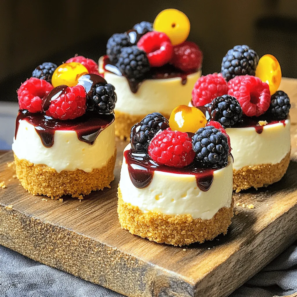 Making mini cheesecake bites is fun and easy. Here’s a detailed list of ingredients you need: - 1 cup graham cracker crumbs - 1/4 cup unsalted butter, melted - 2 tablespoons sugar - 8 oz cream cheese, softened - 1/2 cup powdered sugar - 1 teaspoon vanilla extract - 1/2 cup sour cream - Suggested toppings: Fresh berries, chocolate sauce, or caramel sauce Each ingredient plays a key role in making these bites delicious. The graham cracker crumbs give a nice crust. Melted butter helps bind the crumbs together. Sugar adds sweetness, while cream cheese brings that rich, creamy texture we love. Powdered sugar helps the filling stay smooth. Vanilla extract gives a lovely aroma and taste. Sour cream adds a tangy flavor that balances the sweetness. You can get creative with toppings. Fresh berries add color and taste, while chocolate and caramel sauces bring a decadent touch. For the full recipe, check the instructions. Enjoy creating this tasty treat! 1. Preheat your oven to 325°F (163°C). This makes sure your mini cheesecakes bake evenly. 2. In a medium bowl, mix the graham cracker crumbs, melted butter, and sugar. Stir until it looks like wet sand. 3. Line a mini muffin tin with paper liners. Press about a tablespoon of the crumb mix into each liner to make a crust. 4. Bake the crusts for 5 minutes. Take them out and let them cool. 1. In a large bowl, beat the cream cheese until it is smooth and creamy. 2. Gradually mix in the powdered sugar and vanilla extract. Keep mixing until everything is well combined. 3. Add the sour cream. Mix until the filling is smooth and creamy. 1. Spoon the cheesecake filling into the cooled crusts. Fill each one about three-quarters full. 2. Bake the mini cheesecakes for 15 to 18 minutes. The edges should set while the center jiggles slightly. 3. Once baked, let them cool at room temperature for about 30 minutes. Then, refrigerate for at least 2 hours before serving. For the complete process and tips, refer to the Full Recipe. To get the best texture, start with room temperature cream cheese. It blends smoothly. This helps you avoid lumps. Mix your filling well, but don’t overmix. Overmixing can add air, which may cause cracks. To prevent cracking, bake at a lower temperature. Also, don’t open the oven door too soon. Let them cool in the oven for a few minutes before taking them out. This gradual cooling helps keep the cheesecakes intact. For topping, fresh berries add color and taste. Strawberries, blueberries, and raspberries work great. You can drizzle chocolate sauce or caramel for extra sweetness. For a nice presentation, use a piping bag to add toppings. It makes each bite look fancy. Place them on a pretty plate to wow your guests. You can also sprinkle some crushed graham crackers on top for a fun crunch. Explore the [Full Recipe] for more details on making these delightful bites! {{image_2}} You can make mini cheesecakes in many flavors. - Chocolate mini cheesecakes: Just add melted chocolate to the cream cheese mix. This creates a rich, sweet treat. - Fruit-flavored versions: You can use fresh fruit or fruit puree. Strawberries, blueberries, or mango add a bright touch. Blend fruit into the batter for a tasty twist. You can change the crust to suit your needs or tastes. - Gluten-free options: Use crushed gluten-free cookies instead of graham crackers. Almond flour also works well for a nutty flavor. - Additional flavor-infused crust ideas: Try adding spices like cinnamon or cocoa powder to the crust. This gives a deeper taste and pairs nicely with the filling. Want to try these ideas? Check the Full Recipe for details! To keep your mini cheesecake bites fresh, store them in the fridge. Place the bites in a sealed container. They will last for about five days. This helps maintain their creamy texture and flavor. If you want to save some for later, freezing is a great option. Wrap each cheesecake bite in plastic wrap, then place them in a freezer-safe bag. They can stay frozen for up to three months. Just thaw them in the fridge before enjoying. For the best taste, serve mini cheesecake bites cold. Let them chill for at least two hours after baking. This gives them time to set and develop flavor. When hosting a gathering, consider serving them on a large platter. Cut each mini cheesecake bite in half for smaller portions. This way, guests can enjoy more without feeling too full. You can also mix and match toppings to create a fun dessert bar. Can I make these ahead of time? Yes, you can make mini cheesecake bites a day before. Just store them in the fridge. They taste even better after chilling overnight. This lets the flavors meld nicely. What are the best topping combinations? I love using fresh berries like strawberries, blueberries, or raspberries. Chocolate sauce adds a rich touch. Caramel sauce gives a sweet twist. You can mix and match to find your favorite. How long do mini cheesecakes last? Mini cheesecakes stay fresh for about five days in the fridge. Make sure they are covered to keep them moist. If you want to keep them longer, freeze them for up to three months. Local bakeries with mini cheesecakes Check out your local bakeries. Many offer mini cheesecakes in various flavors. They often use fresh ingredients, which makes them taste great. Online options for purchasing mini desserts You can find pre-made mini cheesecakes online too. Websites like Goldbelly or local grocery delivery services often have them available. This is a quick way to enjoy these treats without baking. In this post, we explored how to make delicious mini cheesecake bites. We discussed the key ingredients needed, from cream cheese to graham cracker crusts. I provided step-by-step instructions to ensure perfect results every time. You learned tips for achieving the best texture and fun topping ideas to impress guests. Don't forget about variations like chocolate or fruit flavors. Now you can confidently make and store these treats. Enjoy sharing your mini cheesecakes with friends and family anytime!