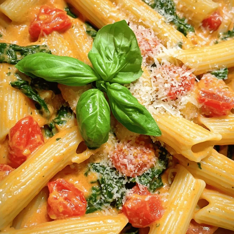 - Pasta of your choice (8 oz) - Olive oil (1 tablespoon) - Garlic (3 cloves, minced) - Diced tomatoes (1 can, 14 oz, undrained) - Fresh spinach (1 cup, chopped) - Heavy cream or coconut cream (1/2 cup) - Grated Parmesan cheese (1/2 cup) - Nutritional yeast (for vegan option) - Salt and pepper to taste - Red pepper flakes (1/4 teaspoon, optional) - Fresh basil leaves for garnish For this creamy tomato spinach pasta, I love to keep it simple and fresh. First, I choose my pasta, usually penne or fettuccine, for that perfect bite. Then, I heat olive oil in a pan and add minced garlic, which fills the room with a warm, inviting aroma. The diced tomatoes add a burst of flavor, and I let them simmer to blend all the goodness. Next, I toss in fresh spinach. It wilts down quickly, adding a lovely color and nutrients. Heavy cream or coconut cream gives that rich, creamy texture. Parmesan cheese melts in beautifully, making the dish even more indulgent. I always keep salt and pepper handy for seasoning. A dash of red pepper flakes can bring a little heat if you like. Finally, I finish it off with fresh basil leaves for a pop of freshness. This simple yet tasty recipe captures the essence of comfort food, perfect for any night of the week. You can find the full recipe [here](#). - Start by boiling salted water in a large pot. - Add 8 oz of your favorite pasta. - Cook the pasta until it is al dente, about 8-10 minutes. - Before draining, reserve about 1/2 cup of the pasta water. - Drain the pasta and set it aside. - In the same pot, heat 1 tablespoon of olive oil over medium heat. - Add 3 cloves of minced garlic and sauté for 30 seconds. - Stir in 1 can of diced tomatoes, undrained. - Let the mixture simmer for about 5 minutes, stirring occasionally. - Lower the heat and pour in 1/2 cup of heavy cream. - Stir well and let it simmer for 2-3 minutes until thick. - Add 1 cup of chopped fresh spinach and stir until it wilts. - Mix the cooked pasta into the sauce, coating it well. - If the sauce is too thick, add some reserved pasta water to adjust. - Finally, stir in 1/2 cup of grated Parmesan cheese and season with salt and pepper. - Serve hot, garnished with fresh basil leaves. For more details and variations, check the Full Recipe. To make your sauce thick and creamy, you can use a few techniques. First, let the sauce simmer longer. This helps reduce the liquid and concentrate the flavors. You can also use less cream. Try adding a bit of flour or cornstarch mixed with water for thickness. To boost flavor without adding calories, think about using herbs and spices like basil or oregano. A squeeze of lemon juice can also brighten the sauce without extra fat. Cooking pasta is key to your dish’s success. Always boil your pasta in salted water. This adds flavor from the start. Cook it until it is al dente, which means firm to the bite. This gives the best texture. Remember to save some pasta water before draining. This water is starchy and can help adjust the sauce’s thickness later. Presentation matters! Serve your creamy tomato spinach pasta in a wide bowl to show off its colors. Top it with fresh basil leaves for a pop of green. Sprinkling extra cheese on top adds a nice touch too. For side dishes, consider a crisp salad or garlic bread. These add texture and balance to your meal. Looking for something lighter? A simple steamed vegetable can be a perfect match. For the full recipe, check out the steps to create this delicious dish! {{image_2}} You can make this dish even tastier with more veggies. Add mushrooms for an earthy taste. Bell peppers bring a nice crunch and sweetness. Try mixing in zucchini or asparagus for color and flavor. For cheese, you have choices! Use mozzarella for a gooey texture. Feta adds a salty kick. Goat cheese can give a tangy twist to your pasta. Pick what you like best. If you want a vegan version, swap heavy cream for coconut cream. This gives a rich, creamy feel. Nutritional yeast is a great cheese substitute and adds a nutty flavor. You can also use herbs like oregano and thyme. These add depth to the dish. A pinch of smoked paprika will give a hint of warmth. Want to boost the protein? Add grilled chicken or shrimp for a savory touch. Cook them in the pan before adding the sauce. You can also use beans like chickpeas for a plant-based option. Just stir them in when you mix the pasta and sauce. This keeps everything simple and quick. For all the variations, I suggest checking the full recipe for details. Store your creamy tomato spinach pasta in a tight container. This keeps it fresh. It will last for up to three days in the fridge. Make sure it cools down before sealing it. This step helps prevent sogginess. To reheat pasta, use a pan on low heat. Add a splash of water or cream. This helps keep the pasta moist. Stir gently to mix the sauce back in. If you use the microwave, cover the bowl. This traps steam and helps warm the dish evenly. Yes, you can freeze creamy tomato spinach pasta! To freeze, let it cool completely first. Lay it flat in a freezer bag to save space. When you’re ready to eat, take it out and thaw overnight in the fridge. Reheat on the stove with a bit of water or cream for best results. To get the full recipe, click [Full Recipe]. Yes, you can use whole wheat pasta. It adds more fiber and nutrients. The taste is a bit nuttier. Cook it the same way as regular pasta. You may need extra water for the sauce. Whole grain pasta can be a healthy choice. You have many options. For a dairy-free choice, use coconut cream. It gives a nice flavor. You can also try cashew cream or almond milk. Both can work well. If you want low-fat, use half-and-half for a lighter sauce. To add heat, use red pepper flakes. Add more if you like it spicy. You can also use hot sauce or diced jalapeños. Other spices like cayenne pepper work too. These will enhance the flavor and kick up the heat. Salads are great with this pasta. A fresh green salad with a light dressing works well. Garlic bread is another tasty option. It’s perfect for soaking up the sauce. Grilled chicken or shrimp can add protein and make a fuller meal. Yes, you can make this recipe gluten-free. Use gluten-free pasta made from rice or corn. Always check the label to ensure it’s safe. For the sauce, make sure no gluten-containing ingredients are used. This way, everyone can enjoy the dish. For the full recipe, check out the detailed instructions above. This blog post shared all you need for making creamy tomato spinach pasta. We covered key ingredients, from pasta to spices. I detailed step-by-step instructions, tips for better sauce, and serving ideas. You also learned storage tips and fun recipe variations. Incorporating these elements will help you create a delicious dish that fits your taste. Enjoy experimenting with flavors and sharing this meal with others. Cooking can be simple and fun!