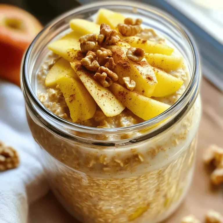 - 1 cup rolled oats - 1 ½ cups almond milk (or regular milk) - 1 medium apple, grated The base of this dish is rolled oats. They are hearty and filling. I prefer almond milk for a nutty flavor, but regular milk works well too. Grating an apple adds natural sweetness and moisture. - 1 tablespoon chia seeds - 1 teaspoon ground cinnamon - 2 tablespoons maple syrup (or honey) Chia seeds give a nice boost of fiber. Ground cinnamon adds warmth and spice. Maple syrup or honey sweetens the oats perfectly. - Chopped walnuts - Sliced apples - Extra cinnamon Toppings make it fun! Chopped walnuts add crunch. Sliced apples give freshness. A sprinkle of extra cinnamon enhances the flavor. For the complete recipe, check out the [Full Recipe]. To make Apple Cinnamon Overnight Oats, start by gathering your ingredients. In a mixing bowl, combine: - 1 cup rolled oats - 1 ½ cups almond milk (or regular milk) - 1 medium apple, grated (leave the skin on for added fiber) - 1 tablespoon chia seeds - 1 teaspoon ground cinnamon - 2 tablespoons maple syrup (or honey) - 1 teaspoon vanilla extract - Pinch of salt Stir these ingredients together until they mix well. You want everything to be evenly combined. Next, divide the mixture into jars or containers. This makes for easy serving later. Once you have divided the mixture, seal the jars tightly. Place them in the refrigerator overnight. This soaking time helps the oats and chia seeds absorb the liquid. It also softens the oats, making them creamy and tasty. When you are ready to enjoy your oats, take them out of the fridge. Give the oats a good stir before serving. If they seem too thick, add a splash of almond milk to reach your desired consistency. For extra flavor and crunch, you can add optional toppings like: - Chopped walnuts - Sliced apples - A sprinkle of extra cinnamon These little additions can make your breakfast even more delightful. Enjoy your healthy and delicious apple cinnamon overnight oats! For the complete recipe, check the Full Recipe. - Use fresh ingredients for optimal flavor. Fresh apples offer a sweet crunch. - Adjust sweetness to taste. Add more or less maple syrup to fit your preference. - Not letting the oats soak long enough. This step helps soften the oats and chia seeds. - Overpacking the jars. Leave some space for the oats to expand and absorb moisture. - Try different types of apples. Honeycrisp, Granny Smith, or Fuji can change the taste. - Experiment with spices. Add nutmeg or ginger for a fun twist on the classic flavor. For more details on making this dish, check out the Full Recipe. {{image_2}} You can change the flavor of your apple cinnamon overnight oats in fun ways. One option is to add nut butter. Peanut butter or almond butter can give your oats a rich taste. Just mix in a tablespoon to your bowl before refrigerating. You can also try using other fruits. Bananas add creaminess, while berries bring a burst of flavor. Adding these fruits gives you more choices and makes breakfast more exciting. If you need a gluten-free option, use gluten-free rolled oats. These oats taste just as good and keep your breakfast healthy. You can find them easily in most stores. For a vegan twist, replace honey with maple syrup. This keeps the sweetness while making it plant-based. You can also swap regular milk for almond milk, keeping your oats dairy-free and light. You can change your overnight oats with the seasons. In the fall, try adding pumpkin spice. Just a pinch gives a warm flavor that's perfect for cool mornings. In winter, add spices like nutmeg or ginger. These spices add warmth and comfort to your oats. You can mix and match these ideas to enjoy your apple cinnamon overnight oats all year long. For more tips and details, check out the Full Recipe. Apple cinnamon overnight oats stay fresh in the fridge for up to five days. Use airtight containers to keep them safe from other food odors. Glass jars work well, as do BPA-free plastic containers. Always seal them tightly to maintain flavor. If you prefer warm oats, simply heat them in the microwave. Place the oats in a microwave-safe bowl and cover with a paper towel. Warm them in short intervals, about 30 seconds at a time. Stir between intervals to ensure even heating. If they seem too thick, add a splash of almond milk to loosen them up. You can freeze overnight oats, but I recommend doing this without toppings. Store them in freezer-safe containers. They will last for up to three months. When you're ready to enjoy, move them to the fridge overnight to thaw. You can also warm them directly from the freezer, but allow extra time for heating. Add your favorite toppings after thawing for the best taste and texture. For the complete recipe, check out the Full Recipe section. Yes, you can make these oats in advance. They taste great after a night in the fridge. You can store them for up to five days. Just keep them in airtight containers. This makes breakfast easy and quick on busy mornings. You can use quick oats if you want. They will soak up the liquid faster. This means your oats may be softer. To adjust, use less liquid than the recipe states. Start with about one cup of milk for one cup of oats. Chia seeds are not a must, but they help. They add fiber and protein. If you don't have them, you can skip them. Another option is to use ground flaxseeds. They offer similar benefits and mix well. Apple cinnamon overnight oats are healthy and tasty. Here are some benefits: - Rolled oats: They are full of fiber. This helps keep you full. - Almond milk: It is low in calories and dairy-free. - Apples: They provide vitamins and antioxidants. - Chia seeds: They add omega-3 fatty acids and protein. - Cinnamon: It may help lower blood sugar levels. Enjoy a nutritious start to your day with this simple recipe! For the full recipe, check the earlier section. Apple cinnamon overnight oats are simple to make and delicious. We explored the main ingredients like rolled oats, almond milk, and grated apple. I shared preparation steps to help you combine and refrigerate your oats overnight. Remember to use fresh ingredients and avoid common mistakes like not soaking long enough. You can customize flavors and toppings to make your oats unique. In short, these oats are a tasty, healthy meal option that saves time. Enjoy experimenting with this recipe for a quick, satisfying breakfast!