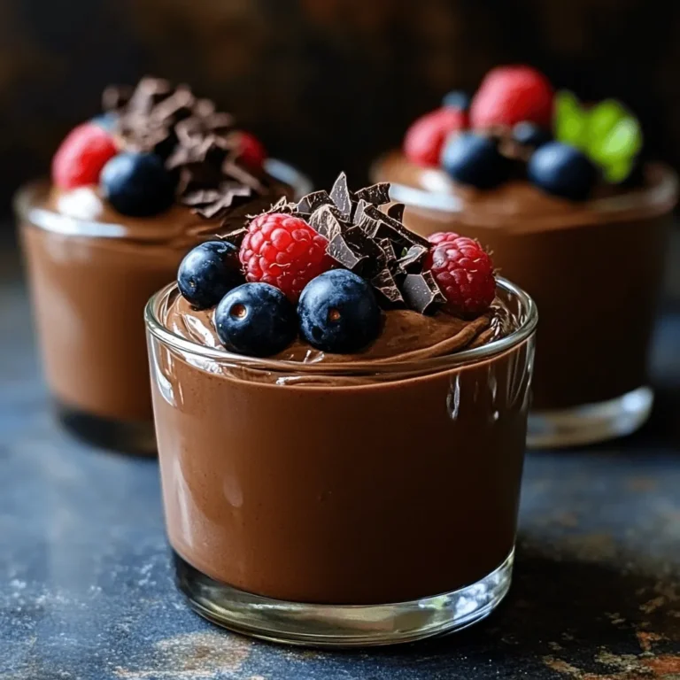 To create a rich and creamy vegan chocolate avocado mousse, gather these ingredients: - 2 ripe avocados, peeled and pitted - 1/2 cup unsweetened cocoa powder - 1/4 cup maple syrup (or agave syrup) - 1/4 cup almond milk (or any non-dairy milk) - 1 teaspoon vanilla extract - A pinch of sea salt - Dark chocolate shavings (for garnish) - Fresh berries (for garnish) These ingredients work together to deliver a smooth texture and a deep chocolate flavor. The ripe avocados provide creaminess without any dairy. Cocoa powder gives that rich chocolate taste we all love. Maple syrup or agave adds sweetness, making this dessert feel indulgent. Almond milk ensures the mousse stays vegan and adds a light touch. I always recommend using ripe avocados for the best results. They blend easily and offer a buttery texture. The sea salt enhances the chocolate flavor, making every bite delightful. Finally, the dark chocolate shavings and fresh berries add a nice pop of color and taste to your mousse. You’ll find the full recipe in the earlier sections. This dessert is not only tasty but also healthy, allowing you to enjoy a guilt-free treat. Start by mashing the ripe avocados. Use a fork to mash them in a bowl. This step makes blending easier. You want a smooth texture with no lumps. Next, measure the cocoa powder and liquids. Use a measuring cup for accuracy. Grab 1/2 cup of unsweetened cocoa powder. Then, measure 1/4 cup of maple syrup and 1/4 cup of almond milk. Ensure all ingredients are ready before blending. Now, it’s time to blend. Place the mashed avocados, cocoa powder, maple syrup, almond milk, vanilla extract, and a pinch of sea salt in a food processor. Blend until you achieve a smooth consistency. Stop to scrape down the sides with a spatula if needed. This ensures everything mixes well. Taste your mousse and adjust sweetness to your liking. If you want it sweeter, add more maple syrup. Blend again briefly to mix in the extra sweetness. Chilling your mousse is key. Place the blended mousse in the fridge for at least 30 minutes. This time helps it firm up and improves the flavor. For serving, use bowls or glasses. You can garnish with dark chocolate shavings and fresh berries. This adds color and a nice touch to your dessert. Enjoy your smooth and creamy Vegan Chocolate Avocado Mousse! For the complete instructions, check out the Full Recipe section. To achieve a creamy mousse, blend your ingredients well. Use a food processor for the best results. The key is to mix until smooth without lumps. Stop and scrape the sides as needed. This ensures every bit gets blended. Common mistakes include not using ripe avocados. Underripe avocados can make your mousse grainy. Another mistake is not blending long enough. Take your time to create that perfect texture. Adding spices or flavor extracts can enhance your mousse. A pinch of cinnamon or a dash of espresso can elevate the taste. You can also try adding a bit of chili powder for a kick. Using different sweeteners is another fun way to mix things up. You could use agave syrup instead of maple syrup. Honey can also work if you’re not strictly vegan. Adjust the sweetness to your liking for the best flavor. Creative garnishing can make your mousse stand out. Top it with dark chocolate shavings and fresh berries for a pop of color. You can also add a mint leaf for a fresh touch. For special occasions, serve your mousse in elegant glasses. Layer it with fruits or granola for a dessert parfait. This adds texture and makes it visually appealing. For the full recipe, check out the details above. {{image_2}} You can play with flavors in your vegan chocolate avocado mousse. One fun option is to add peanut butter or almond butter. This adds a nutty taste and creamy texture. You can use about two tablespoons. Mix it into the mousse until it blends well. Another great idea is to incorporate fruit purees. Think banana or raspberry! These add natural sweetness and a fruity twist. Just one mashed banana or a half-cup of raspberry puree will enhance the mousse with fresh flavors. If you need a nut-free version, swap almond milk for oat or coconut milk. This keeps the mousse creamy without using nuts. You can also use sunflower seed butter if you want that nutty flavor but need a nut-free option. For a low-calorie version, use less maple syrup. You can try one tablespoon and taste it. You can also blend in a few extra avocados for creaminess without added calories. Try serving your mousse as parfaits. Layer the mousse with granola and fresh fruit in a glass. This adds texture and makes it look beautiful. You can also incorporate the mousse into smoothies or desserts. Blend it with some banana and spinach for a healthy drink. Or use it as a filling between cake layers for a rich dessert. For the complete recipe, check out the Full Recipe section! To keep your Vegan Chocolate Avocado Mousse fresh, use airtight containers. Glass or plastic containers work well. Make sure they seal tight to prevent air from spoiling the mousse. Store the mousse in the fridge after you make it. It stays fresh for about three days. The flavors will deepen as it sits, making each bite even better. Can you freeze Vegan Chocolate Avocado Mousse? Yes, you can! Freezing is a great option if you have leftovers. Just scoop the mousse into a freezer-safe container. Leave some space at the top for expansion. It can last up to three months in the freezer. When you're ready to enjoy it again, thaw it in the fridge overnight. Avoid using the microwave. Thawing slowly keeps the texture creamy and smooth. You might need to blend it again for the best consistency. Enjoy your mousse anytime! For the complete recipe, check [Full Recipe]. Avocados are a superfood. They bring many health perks to your desserts. First, they are rich in healthy fats. These fats help your heart and keep you full. They also have fiber, which aids digestion. Using avocado in dessert lowers sugar content. This makes your treat healthier. Avocados are also high in vitamins. They provide Vitamin K, E, C, and B6. These nutrients support your immune system and skin health. In short, avocados make your desserts creamy and nutritious. You enjoy the taste while caring for your body. Yes, you can make this mousse ahead of time! It actually tastes better after chilling. This allows the flavors to blend well. You can store it in the fridge for up to three days. To prep, simply follow the [Full Recipe]. Once you finish blending everything, transfer it into bowls. Cover them tightly with plastic wrap. This keeps the mousse fresh and prevents browning. If you don’t have maple syrup, don’t worry! You can use agave syrup as a great alternative. It has a similar sweetness and flavor. Another option is to use honey if you're not strict vegan. For a sugar-free choice, try using stevia or monk fruit sweetener. Just adjust the amount to your taste. These substitutes will still give your mousse that sweet kick. Enjoy experimenting with different flavors! This blog post covered how to create a tasty Vegan Chocolate Avocado Mousse. You learned the ingredients needed, step-by-step instructions, and tips for the perfect texture. We explored fun variations and smart storage methods. Remember, avocado adds health benefits while keeping your dessert rich and smooth. Try these ideas for a treat that's both delicious and nutritious!