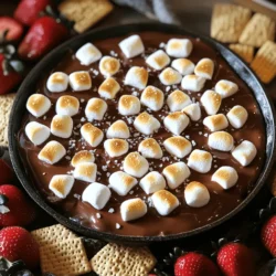 - 1 cup chocolate chips (semi-sweet or milk chocolate) - 1 cup mini marshmallows - 1 tablespoon coconut oil or unsalted butter - 1/2 teaspoon vanilla extract - 1/4 teaspoon sea salt - Graham crackers - Fresh strawberries or bananas (optional) The main ingredients for S'mores Dip are simple but key. You need chocolate chips, mini marshmallows, and coconut oil or butter. These create a rich and gooey mix that everyone will love. The chocolate chips are the star. They melt and form a smooth base. You can use semi-sweet or milk chocolate, depending on your taste. The mini marshmallows add sweetness and a fluffy texture. They puff up nicely when baked. Coconut oil or butter helps the chocolate melt perfectly. It adds a bit of shine and richness. For flavor, a touch of vanilla extract brings warmth. The sea salt enhances the sweet flavors. Just a small amount makes a big impact. Finally, you need something to dip. Graham crackers are classic, but you can get creative. Fresh strawberries or bananas add a fruity twist. They pair well with the chocolate and marshmallows. For the full recipe, check out the complete instructions to make this delicious treat! - Preheat your oven to 450°F (232°C). - In a medium-sized oven-safe skillet, combine 1 cup of chocolate chips and 1 tablespoon of coconut oil. Stir until smooth and well mixed. - Spread the chocolate mixture evenly across the bottom of the skillet. - Generously sprinkle 1 cup of mini marshmallows over the chocolate layer. - Place the skillet in the oven and bake for 5-7 minutes until the marshmallows turn golden brown. - Carefully take the skillet out. Drizzle 1/2 teaspoon of vanilla extract over the top. Serve immediately with graham crackers for dipping. Enjoy the gooey goodness! For the full recipe, check the section above. To get that ideal melt, use coconut oil or butter. These fats help chocolate melt smoothly and blend well with marshmallows. This mixture creates a rich, gooey base that makes every bite a delight. Monitor your baking time closely. Bake for about 5-7 minutes. This timing ensures your marshmallows puff up and turn golden brown, adding a sweet crunch. Serve the dip hot in the skillet. This keeps it warm and inviting. Top it with a few whole marshmallows for fun. Surround the skillet with graham cracker halves and fresh fruits. Use strawberries or bananas for a colorful touch. This platter setup makes dipping easy and enjoyable for everyone. Use parchment paper in your baking dish. It helps with easy removal and prevents sticking. For best results, choose an oven-safe skillet or a ceramic baking dish. These options retain heat well and make serving a breeze. Enjoy the dip without worrying about a messy cleanup! {{image_2}} You can have fun with flavors in your S'mores dip. Try adding peanut butter or Nutella for a creamy twist. This mix adds a nutty richness that pairs well with chocolate. You can also use flavored chocolate chips. Think mint, caramel, or even espresso. These choices can change the whole vibe of your dip. For a lighter option, swap in dark chocolate. It has less sugar and more cocoa flavor. You can also look for sugar-free chocolate chips. These options still taste great while being a healthier choice. Another fun idea is to add fresh fruits. Strawberries, bananas, or apples can add a burst of flavor and a healthy crunch. Make S'mores dip even more fun for kids. Use colored marshmallows to brighten up the dish. You can find colors like pink, blue, or green. Kids love the visual appeal! Also, consider themed toppings for parties. For a birthday party, add sprinkles or mini candies. These small touches can make your dip a hit with kids and adults alike. Store your S'mores Dip in an airtight container. Let it cool first. Place it in the fridge if you have leftovers. This dip tastes best within two days. Use a shallow container for quick cooling. Avoid using a deep dish; it makes it hard to cool. To reheat, use the oven or microwave. For the oven, set it to 350°F (175°C). Place the dip in a safe dish and cover it with foil. Heat it for about 10 minutes. This helps keep the dip creamy. For the microwave, heat in short bursts. Stir between each burst until warm. This keeps the texture nice and smooth. Can you freeze S'mores Dip? Yes, you can freeze it. But it may change the texture a bit. To freeze, let it cool completely. Transfer it to a freezer-safe container. Make sure to leave some space at the top. It will expand when frozen. To thaw, move it to the fridge overnight. Reheat it gently after thawing to refresh the flavors. If you want to swap chocolate chips, here are some great options: - Carob chips: Good for a caffeine-free choice. - Butterscotch chips: Adds a sweet, buttery flavor. - White chocolate chips: Sweet and creamy alternative. - Dairy-free chocolate chips: Ideal for vegan diets. - Cocoa powder: Mix it with coconut oil for a rich taste. These options cater to different diets while keeping your S'mores Dip delicious. Yes, you can! Here are some tips: - Prepare the chocolate and marshmallow layers in the skillet. - Cover the skillet tightly with plastic wrap. - Store it in the fridge for up to 24 hours. - Bake it just before you plan to serve. This way, you save time and still enjoy a warm dip. If you want to switch things up, try these dippers: - Chocolate cookies: Add a rich flavor to the dip. - Pretzel sticks: Offer a salty crunch. - Rice cakes: Light and crispy option. - Apple slices: Fresh and juicy for a twist. - Pound cake pieces: Sweet and soft for dipping. These alternatives keep your S'mores Dip fun and exciting! S'mores dip is an easy and fun treat. With just chocolate, marshmallows, and coconut oil, you can enjoy this sweet dish in no time. I shared tips for perfecting the melt and ways to serve it beautifully. You can even add flavors like peanut butter or make healthier choices. Remember to store leftovers properly and reheat them right. This dip brings joy to gatherings or cozy nights in. Try it out and enjoy every gooey bite. Your taste buds will thank you!