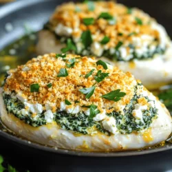 - 4 boneless, skinless chicken breasts - 2 cups fresh spinach, chopped - 1 cup feta cheese, crumbled - 1/4 cup cream cheese, softened - 2 cloves garlic, minced - 1/2 teaspoon dried oregano - 1/4 teaspoon red pepper flakes (optional) - Salt and pepper to taste - 1 tablespoon olive oil - 1/2 cup breadcrumbs (for topping) - Fresh parsley, chopped (for garnish) - Lemon zest for brightness - Sun-dried tomatoes for additional richness - Sharp knife - Mixing bowl - Oven-safe skillet - Meat thermometer Gather these ingredients before you start. Fresh spinach and feta bring great flavor. Cream cheese adds a nice creaminess. Make sure to have a sharp knife for easy pocket creation in the chicken. An oven-safe skillet helps cook the chicken evenly. You’ll also want a meat thermometer to check the doneness. If you want to brighten the dish, add lemon zest. Sun-dried tomatoes can add a rich taste that pairs well with the feta. This dish is as tasty as it is satisfying. If you want the full recipe and instructions, check the details above! To make the filling, start by mixing the spinach, feta, and cream cheese together in a bowl. Chop the spinach finely so it blends well. Then, add two minced garlic cloves and season with oregano, salt, and pepper. If you like heat, toss in some red pepper flakes. Mix everything until it’s smooth and creamy. Next, take your chicken breasts. Use a sharp knife to create pockets in each one. Be careful not to cut all the way through. Once you have the pockets, fill each one with your spinach mixture. Make sure to pack it in well. If the pockets open, you can use toothpicks to secure them. Now it’s time to cook! Heat one tablespoon of olive oil in an oven-safe skillet over medium heat. Sear the stuffed chicken breasts for about 4 to 5 minutes on each side. You want them golden brown. After searing, sprinkle breadcrumbs on top for a crunchy finish. Transfer the skillet to your preheated oven at 375°F (190°C). Bake for 25 to 30 minutes. Check that the chicken reaches an internal temperature of 165°F (75°C) with a meat thermometer. This ensures it’s safe to eat. For the full recipe, refer to the previous section. To make a good pocket in your chicken, use a sharp knife. Slice carefully into the side of each breast. Stop before you cut all the way through. This helps keep your filling in place. Avoid overstuffing the chicken. Too much filling can cause it to spill out while cooking. Aim for a generous but manageable amount in each pocket. To add more flavor, try using fresh herbs like basil or thyme. You can also add lemon zest for a bright taste. Marinating the chicken in olive oil, lemon juice, and spices helps keep it moist. Just 30 minutes of marinating works wonders for flavor. If your chicken turns out dry, it might be overcooked. Always check the internal temperature. It should be 165°F (75°C). If you find stuffing spilling out, use toothpicks to seal the pockets. This keeps everything inside while cooking. For more details and a complete meal plan, check out the Full Recipe. {{image_2}} You can swap feta for mozzarella or goat cheese. Mozzarella adds creaminess. Goat cheese gives a tangy flavor. For a plant-based dish, use vegan cheese. There are many great options available now. Vegan cheese melts well and keeps the dish tasty. Try mixing in other greens like kale or Swiss chard. Both bring extra nutrients and flavor. You can also add roasted bell peppers for extra color and taste. They add a sweet touch and look beautiful. You can grill or air fry the stuffed chicken. Grilling adds a smoky flavor, while air frying keeps it juicy and crisp. Another option is slow cooking. This method makes the chicken tender and lets the flavors blend well. Each way offers a unique taste experience. For more details on making this dish, check the Full Recipe. To keep your Spinach Feta Stuffed Chicken fresh, store it in the fridge. Place the chicken in an airtight container to prevent it from drying out. Make sure to eat the leftovers within three days for the best taste and safety. When reheating, the best method is to use an oven. Preheat your oven to 350°F (175°C). Place the chicken in a baking dish and cover it with foil. Heat for about 15-20 minutes until warm. This method helps keep the chicken juicy and the flavors intact. You can freeze the stuffed chicken if you have leftovers. Wrap each piece tightly in plastic wrap. Then, place them in a freezer-safe bag or container. This way, they will keep for up to three months. When ready to eat, thaw in the fridge overnight. Reheat in the oven as mentioned before for the best texture and flavor. For the full recipe, check out the details above. To check if your chicken is done, use a meat thermometer. Insert it into the thickest part of the chicken. The safe internal temperature for chicken is 165°F (75°C). If you don't have a thermometer, cut into the chicken. The juices should run clear, not pink. Yes, you can prepare this dish ahead of time. Stuff the chicken and store it in the fridge for up to 24 hours. When ready to cook, take it out and let it sit at room temperature for 30 minutes. This helps it cook evenly. I love pairing this chicken with fresh salads and grains. A simple green salad with lemon vinaigrette works well. You can also serve it with quinoa or rice for a filling meal. For veggies, roasted asparagus or sautéed green beans add great color and taste. Try mixing in some cherry tomatoes for extra sweetness. Each side complements the chicken's flavors nicely. This post covered how to make delicious Spinach Feta Stuffed Chicken. We listed ingredients, kitchen tools, and step-by-step instructions. You learned tips for perfect stuffing and ways to enhance flavors. We also discussed variations and how to store the dish for later. Remember, you can customize the recipe to fit your taste. Enjoy this easy meal that’s full of flavor and nutrition! Cooking should be fun and simple. Happy cooking!