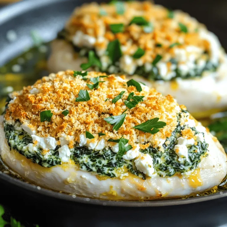 - 4 boneless, skinless chicken breasts - 2 cups fresh spinach, chopped - 1 cup feta cheese, crumbled - 1/4 cup cream cheese, softened - 2 cloves garlic, minced - 1/2 teaspoon dried oregano - 1/4 teaspoon red pepper flakes (optional) - Salt and pepper to taste - 1 tablespoon olive oil - 1/2 cup breadcrumbs (for topping) - Fresh parsley, chopped (for garnish) - Lemon zest for brightness - Sun-dried tomatoes for additional richness - Sharp knife - Mixing bowl - Oven-safe skillet - Meat thermometer Gather these ingredients before you start. Fresh spinach and feta bring great flavor. Cream cheese adds a nice creaminess. Make sure to have a sharp knife for easy pocket creation in the chicken. An oven-safe skillet helps cook the chicken evenly. You’ll also want a meat thermometer to check the doneness. If you want to brighten the dish, add lemon zest. Sun-dried tomatoes can add a rich taste that pairs well with the feta. This dish is as tasty as it is satisfying. If you want the full recipe and instructions, check the details above! To make the filling, start by mixing the spinach, feta, and cream cheese together in a bowl. Chop the spinach finely so it blends well. Then, add two minced garlic cloves and season with oregano, salt, and pepper. If you like heat, toss in some red pepper flakes. Mix everything until it’s smooth and creamy. Next, take your chicken breasts. Use a sharp knife to create pockets in each one. Be careful not to cut all the way through. Once you have the pockets, fill each one with your spinach mixture. Make sure to pack it in well. If the pockets open, you can use toothpicks to secure them. Now it’s time to cook! Heat one tablespoon of olive oil in an oven-safe skillet over medium heat. Sear the stuffed chicken breasts for about 4 to 5 minutes on each side. You want them golden brown. After searing, sprinkle breadcrumbs on top for a crunchy finish. Transfer the skillet to your preheated oven at 375°F (190°C). Bake for 25 to 30 minutes. Check that the chicken reaches an internal temperature of 165°F (75°C) with a meat thermometer. This ensures it’s safe to eat. For the full recipe, refer to the previous section. To make a good pocket in your chicken, use a sharp knife. Slice carefully into the side of each breast. Stop before you cut all the way through. This helps keep your filling in place. Avoid overstuffing the chicken. Too much filling can cause it to spill out while cooking. Aim for a generous but manageable amount in each pocket. To add more flavor, try using fresh herbs like basil or thyme. You can also add lemon zest for a bright taste. Marinating the chicken in olive oil, lemon juice, and spices helps keep it moist. Just 30 minutes of marinating works wonders for flavor. If your chicken turns out dry, it might be overcooked. Always check the internal temperature. It should be 165°F (75°C). If you find stuffing spilling out, use toothpicks to seal the pockets. This keeps everything inside while cooking. For more details and a complete meal plan, check out the Full Recipe. {{image_2}} You can swap feta for mozzarella or goat cheese. Mozzarella adds creaminess. Goat cheese gives a tangy flavor. For a plant-based dish, use vegan cheese. There are many great options available now. Vegan cheese melts well and keeps the dish tasty. Try mixing in other greens like kale or Swiss chard. Both bring extra nutrients and flavor. You can also add roasted bell peppers for extra color and taste. They add a sweet touch and look beautiful. You can grill or air fry the stuffed chicken. Grilling adds a smoky flavor, while air frying keeps it juicy and crisp. Another option is slow cooking. This method makes the chicken tender and lets the flavors blend well. Each way offers a unique taste experience. For more details on making this dish, check the Full Recipe. To keep your Spinach Feta Stuffed Chicken fresh, store it in the fridge. Place the chicken in an airtight container to prevent it from drying out. Make sure to eat the leftovers within three days for the best taste and safety. When reheating, the best method is to use an oven. Preheat your oven to 350°F (175°C). Place the chicken in a baking dish and cover it with foil. Heat for about 15-20 minutes until warm. This method helps keep the chicken juicy and the flavors intact. You can freeze the stuffed chicken if you have leftovers. Wrap each piece tightly in plastic wrap. Then, place them in a freezer-safe bag or container. This way, they will keep for up to three months. When ready to eat, thaw in the fridge overnight. Reheat in the oven as mentioned before for the best texture and flavor. For the full recipe, check out the details above. To check if your chicken is done, use a meat thermometer. Insert it into the thickest part of the chicken. The safe internal temperature for chicken is 165°F (75°C). If you don't have a thermometer, cut into the chicken. The juices should run clear, not pink. Yes, you can prepare this dish ahead of time. Stuff the chicken and store it in the fridge for up to 24 hours. When ready to cook, take it out and let it sit at room temperature for 30 minutes. This helps it cook evenly. I love pairing this chicken with fresh salads and grains. A simple green salad with lemon vinaigrette works well. You can also serve it with quinoa or rice for a filling meal. For veggies, roasted asparagus or sautéed green beans add great color and taste. Try mixing in some cherry tomatoes for extra sweetness. Each side complements the chicken's flavors nicely. This post covered how to make delicious Spinach Feta Stuffed Chicken. We listed ingredients, kitchen tools, and step-by-step instructions. You learned tips for perfect stuffing and ways to enhance flavors. We also discussed variations and how to store the dish for later. Remember, you can customize the recipe to fit your taste. Enjoy this easy meal that’s full of flavor and nutrition! Cooking should be fun and simple. Happy cooking!