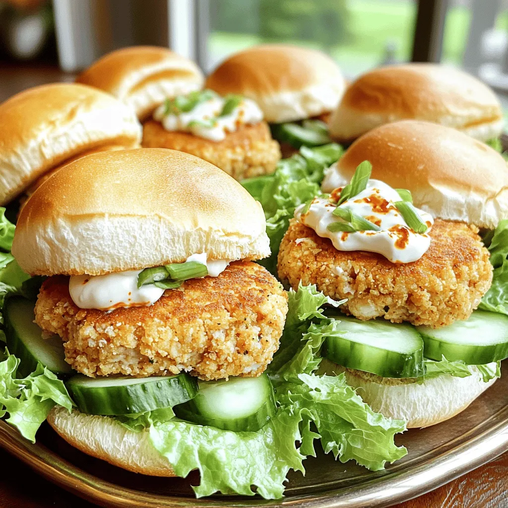 To make Bang Bang Chicken Sliders, you need some key ingredients. Here’s what you'll need: - 1 lb ground chicken - 1/2 cup panko breadcrumbs - 1/4 cup green onions, finely chopped - 1 egg, lightly beaten - 1 teaspoon garlic powder - 1 teaspoon ginger powder - 1/2 teaspoon salt - 1/4 teaspoon black pepper - 1/2 cup mayonnaise - 2 tablespoons chili garlic sauce (adjust to taste) - 12 slider buns These ingredients create juicy, flavorful patties. The ground chicken is lean and perfect for sliders. Panko breadcrumbs give a nice crunch. Green onions add a fresh taste. The egg helps bind everything together. The spices and seasonings enhance the flavor. The mayo and chili garlic sauce make the Bang Bang sauce creamy and spicy. You can adjust the heat of the sauce by changing the amount of chili garlic sauce. You can add some fun garnishes to your sliders: - Lettuce leaves - Sliced cucumbers - Fresh herbs These garnishes add color and freshness. Lettuce gives a nice crunch. Cucumbers add a cool taste. Fresh herbs can brighten up the flavor. For the full recipe, check out the complete details! 1. Start with a large mixing bowl. 2. Add the ground chicken. 3. Pour in the panko breadcrumbs. 4. Add the chopped green onions. 5. Crack the egg and add it in. 6. Sprinkle in the garlic powder, ginger powder, salt, and black pepper. 7. Mix everything well with your hands or a spatula. - Take a handful of the mixture. - Shape it into a small patty. - Aim for the size of the slider buns. - Place the patties on a plate as you form them. 1. Preheat your grill or stovetop skillet over medium heat. 2. Place the patties on the grill or skillet. 3. Cook for 5-6 minutes on one side. 4. Flip the patties and cook for another 5-6 minutes. 5. Check the internal temperature; it should reach 165°F (75°C). 1. Grab your slider buns. 2. Place a cooked chicken patty on the bottom half of each bun. 3. Drizzle the Bang Bang sauce over the patty. 4. Add a lettuce leaf and a couple of cucumber slices. 5. Cap with the top half of the bun. 6. Use a toothpick to hold them together if needed. To ensure the perfect patty texture, use fresh ground chicken. Mix it with panko breadcrumbs. This helps the patties stay juicy and not too dense. When you shape the patties, make them slightly thicker in the center. This helps them cook evenly. Checking for doneness is key. Use a meat thermometer to confirm the internal temperature. It should reach 165°F (75°C). If you don’t have a thermometer, cut one in half. The meat should be white, not pink. For presentation, arrange the sliders on a large platter. This makes them look inviting. You can serve extra Bang Bang sauce in a small bowl for dipping. It adds a fun touch. Garnish with cucumber slices or fresh herbs for color. For sides, you can offer crispy sweet potato fries or a fresh salad. These pair well with the sliders. For drinks, iced tea or sparkling lemonade works great. They balance the spicy flavors nicely. For the full recipe, check the instructions above. {{image_2}} You can easily change the flavor of your Bang Bang Chicken Sliders. First, adjust the spice levels to fit your taste. If you like it hot, add more chili garlic sauce. If you prefer mild, cut back on the sauce. You can also mix in some honey or lime juice for a sweet and tangy kick. Next, try different sauces or toppings. Instead of the Bang Bang sauce, use BBQ sauce or ranch dressing. You can also add sliced jalapeños for extra heat or avocado for creaminess. These small changes can create a whole new flavor experience. If you want to swap proteins, ground turkey works great in this recipe. It has a similar texture and absorbs flavors well. You could also use beef for a heartier slider. Just be sure to adjust the cooking time to ensure it is fully cooked. For vegetarian options, use black beans or chickpeas. Mash them up and mix with breadcrumbs and spices to form patties. You can also try tofu; just press it to remove moisture, then crumble it into your mix. These swaps keep the dish tasty and fun while fitting different diets. For the full recipe, check out the Bang Bang Chicken Sliders section above. To store leftover Bang Bang chicken sliders, let them cool first. Place them in an airtight container. This keeps the sliders fresh for up to three days. When you want to eat them, reheat them in the oven or on the stovetop. Avoid using the microwave, as it may make the buns soggy. Heat them until warm, about 10 minutes at 350°F. You can freeze the patties and sauce separately. This helps maintain their taste and texture. Place the patties in a freezer-safe bag. Squeeze out excess air to prevent freezer burn. The sauce should also go in a sealed container. It keeps them fresh for up to three months. To thaw, move the patties and sauce to the fridge for several hours or overnight. You can also use the microwave for a quicker option. Just be sure to check the heat levels before cooking. This way, you can enjoy Bang Bang chicken sliders anytime! You can pair these sliders with tasty sides and drinks. Here are some great options: - Sweet potato fries - Coleslaw - Fresh fruit salad - Crispy onion rings - Sparkling water or iced tea These sides balance the spicy flavor of the sliders. You can mix and match them to suit your taste. Yes, you can prepare these sliders ahead of time. Here are some helpful tips: - Make the chicken patties and store them in the fridge for up to 24 hours. - You can also cook and freeze the patties. Just reheat them when you are ready to serve. - Prepare the Bang Bang sauce a day in advance. Store it in a sealed container in the fridge. This meal prep saves time when you have guests or a busy week ahead. If you want a milder sauce, here are some ideas: - Reduce the chili garlic sauce to one tablespoon. - Add more mayonnaise to tone down the heat. - Mix in a bit of honey or sugar. This adds sweetness and balances the spice. These changes let you control the heat level to suit your taste buds. Bang Bang Chicken comes from China. It is popular for its bold flavors. The name "Bang Bang" refers to the way it is prepared. Traditionally, the chicken is pounded with a heavy tool to make it tender. This dish has gained fame in many countries. Now, you can enjoy it in a slider form! Bang Bang Chicken Sliders are fun and tasty. We covered the main ingredients and their prep. You learned how to mix, form, and cook the patties. Assembling the sliders with fresh toppings makes them even better. Remember, you can tweak spices or use different proteins to fit your taste. Don’t forget storage tips for leftovers! You can enjoy these later with ease. With these steps and tips, you can impress your family and friends. Making these sliders is simple and rewarding. Happy cooking!