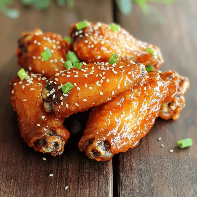 - 2 pounds chicken wings, split and wing tips removed - 1/4 cup honey - 1/4 cup sriracha sauce - 2 tablespoons soy sauce - 2 tablespoons apple cider vinegar - 1 tablespoon garlic powder - 1 tablespoon ginger powder - 1 tablespoon sesame oil - 1 teaspoon black pepper - 1/2 teaspoon salt - 1 tablespoon sesame seeds (for garnish) - 2 green onions, finely chopped (for garnish) When I make sweet and spicy chicken wings, I focus on balance. The honey adds a rich sweetness. The sriracha brings heat. Together, they create a tasty glaze. I use two pounds of chicken wings because they are the perfect canvas for flavor. Next, I mix the marinade. I start with honey and sriracha. Then, I add soy sauce for depth. Apple cider vinegar gives a tangy twist. Garlic powder and ginger powder add warmth and spice. Sesame oil gives a nutty finish. Black pepper and salt round out the flavor. For garnish, I love adding sesame seeds and green onions. They add crunch and color. These ingredients make the wings not just tasty but also beautiful. You can find the full recipe for sweet and spicy chicken wings to help guide you. Preheating the Oven Start by preheating your oven to 425°F (220°C). This step is key for crispy wings. Make sure you give the oven enough time to heat up fully. Preparing the Sauce In a mixing bowl, combine these ingredients: - 1/4 cup honey - 1/4 cup sriracha sauce - 2 tablespoons soy sauce - 2 tablespoons apple cider vinegar - 1 tablespoon garlic powder - 1 tablespoon ginger powder - 1 tablespoon sesame oil - 1 teaspoon black pepper - 1/2 teaspoon salt Whisk them together well. You want a smooth, well-mixed sauce. Marinating the Chicken Wings In a large bowl, add 2 pounds of chicken wings. Pour half of your sauce over the wings. Toss them until they’re covered evenly. Set aside the rest of the sauce for later. It adds great flavor when you glaze the wings. Baking the Wings Place the marinated wings on a baking sheet lined with parchment paper. Lay them out in a single layer. This helps them cook evenly. Bake in your preheated oven for 30 minutes. Flipping and Glazing After 30 minutes, take the wings out and flip them. Brush the reserved sauce over them. This step adds a delicious glaze. Return them to the oven and bake for another 15 to 20 minutes. You want them crispy and golden brown. Final Touches Once the wings are done, let them cool for a few minutes. Before serving, sprinkle sesame seeds and chopped green onions on top. This adds a nice crunch and a pop of color. Enjoy your sweet and spicy chicken wings! For the complete recipe, check the Full Recipe section. To get crispy chicken wings, focus on the oven temperature. Set your oven to 425°F (220°C). This heat crisps the skin while keeping the meat juicy. You can choose between baking and frying. Baking is easier, less messy, and healthier. Frying gives a great crunch but requires more oil and clean-up. Marinating is key for flavor. I recommend marinating for at least 30 minutes. For the best taste, let the wings soak for a few hours or overnight. Use a good ratio of sweet and spicy. For this recipe, a mix of 1/4 cup honey and 1/4 cup sriracha works well. Adjust based on your taste. Always reserve some sauce for a final glaze. For the full recipe, check the ingredient list and step-by-step instructions to ensure you get it just right. {{image_2}} Sweet Variants You can make your wings even sweeter. Consider using maple syrup instead of honey. It adds a rich flavor. You can also try brown sugar for a warm, caramel taste. For a fruity twist, mix in some pineapple juice or peach preserves. This gives your sauce a tangy touch. Spicy Variants If you like it hot, add more sriracha. You can also use hot sauce like Frank’s RedHot or Tabasco. For a smoky taste, mix in chipotle powder or smoked paprika. This adds depth to your wings. Try mixing in some cayenne pepper for extra heat. Adjust it to your taste! Air Fryer Using an air fryer is a quick way to cook your wings. Coat them with sauce and place them in the fryer basket. Cook at 400°F for about 25 minutes. Flip halfway through for even crispiness. The air fryer gives you that crunchy texture without deep frying. Grilling Grilling adds a wonderful smoky flavor to your wings. Preheat your grill to medium heat. Place the wings on the grill and brush them with the sauce. Cook for about 20-25 minutes, turning often. This method gives your wings a nice char and intense flavor. For the full recipe, check out Sweet and Spicy Chicken Wings. Enjoy experimenting with these variations! Refrigeration Tips After you enjoy your sweet and spicy chicken wings, store any leftovers in an airtight container. This helps keep them fresh. Place them in the fridge within two hours of cooking. They will stay good for up to three days. For best taste, try to eat them soon. Freezing Guidance If you want to keep wings longer, freezing is a great option. First, let the wings cool completely. Then, place them in a freezer-safe bag or container. Be sure to remove as much air as possible. They can last up to three months in the freezer. When you're ready to eat, thaw them in the fridge overnight. Best Practices for Keeping Crispy Reheating sweet and spicy chicken wings can be tricky. You want them hot and crispy, not soggy. The best way is to use an oven. Preheat it to 350°F (175°C). Place the wings on a baking sheet lined with foil. Heat them for about 10-15 minutes. This keeps them crispy. You can also use an air fryer if you have one. Just heat for about 5-7 minutes for the same great crunch. Serve your wings with fresh veggies like carrots and celery. They add crunch and balance. You can also try a creamy dip like ranch or blue cheese. If you want something warm, serve them with sweet potato fries or garlic bread. Rice or a simple salad also pairs well. Each side brings out the sweet and spicy flavors perfectly. Yes, you can make these wings ahead of time! Prepare the wings and coat them with the sauce. Cover them and store in the fridge for up to a day. When you are ready, bake them as usual. This saves you time and adds flavor as they marinate. Sweet and spicy wings last about three to four days in the fridge. Make sure to store them in an airtight container. Always check for any signs of spoilage before eating. Reheat them in the oven for a crispy texture. Absolutely! To make them less spicy, reduce the sriracha sauce. You can add more honey to balance the heat. For more spice, add extra sriracha or include chili flakes. Adjust according to your taste for a perfect bite. The full recipe includes these ingredients: - 2 pounds chicken wings, split and wing tips removed - 1/4 cup honey - 1/4 cup sriracha sauce - 2 tablespoons soy sauce - 2 tablespoons apple cider vinegar - 1 tablespoon garlic powder - 1 tablespoon ginger powder - 1 tablespoon sesame oil - 1 teaspoon black pepper - 1/2 teaspoon salt - 1 tablespoon sesame seeds (for garnish) - 2 green onions, finely chopped (for garnish) Follow the steps to bake these delicious wings! In this post, I shared how to make sweet and spicy chicken wings. We covered the ingredients, preparation steps, cooking methods, and storage tips. You learned how to achieve crispy wings and how to customize your sauce. Remember, great wings can come from your oven or air fryer. Don’t forget to pair them with your favorite sides. Enjoy making and sharing these wings with friends and family! With practice, you’ll master this dish and make it your own.