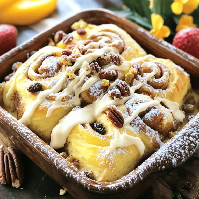 Here’s what you need for your cinnamon roll casserole: - 2 cans of refrigerated cinnamon roll dough (with icing) - 4 large eggs - 1 cup milk - 1 teaspoon vanilla extract - 1 teaspoon ground cinnamon - 1/2 cup brown sugar - 1/4 cup chopped pecans (optional) - 1/4 cup raisins (optional) - Cream cheese frosting (included in the cinnamon roll package or homemade) These ingredients make a tasty breakfast delight. The cinnamon roll dough gives the dish its sweet, fluffy base. Eggs and milk create a rich custard that soaks into the rolls. Vanilla and cinnamon add warm, comforting flavors. Brown sugar adds extra sweetness, while pecans and raisins provide a nice crunch and chew. Using cream cheese frosting on top makes it even better. You can keep the frosting simple or make your own. This dish is perfect for family gatherings or lazy weekend breakfasts. For the full recipe, check out the [Full Recipe]. First, preheat your oven to 350°F (175°C). This step is key to baking your casserole evenly. While the oven heats, grease a 9x13 inch baking dish with cooking spray or butter. This will prevent sticking and help with easy serving. Open the cans of refrigerated cinnamon roll dough. Cut each roll into quarters. You want to create bite-sized pieces. Spread the cut pieces evenly in the prepared baking dish. Make sure they are well-distributed for even cooking. In a large bowl, whisk together the eggs and milk. This mixture will bind the rolls together. Next, add in the vanilla extract, ground cinnamon, and brown sugar. Mix until everything is well combined. This step adds flavor and sweetness to your casserole. Now, pour the egg mixture over the cinnamon roll pieces in the baking dish. Make sure every piece is soaked. If you want, sprinkle chopped pecans and raisins on top for added texture and flavor. These ingredients are optional but can enhance your dish. Place the baking dish in the preheated oven. Bake for 25-30 minutes. Keep an eye on it; the casserole will be set and golden brown when done. You will know it’s ready when a toothpick inserted comes out clean. This is the perfect time to enjoy the aroma filling your kitchen. To cut the cinnamon rolls easily, use a sharp knife. Slice each roll into four pieces for even cooking. This helps each piece soak up the egg mix well. For maximum flavor, add extra spices. A pinch of nutmeg or cardamom pairs nicely with cinnamon. These spices can elevate your dish's taste. Serving your cinnamon roll casserole with a dusting of powdered sugar looks nice. It adds a sweet touch that everyone loves. You can also include fresh fruits like berries or banana slices. They add color and freshness to your meal. This makes the dish more appealing and fun to eat. You can choose between store-bought or homemade cream cheese frosting. Both options taste great, but homemade adds a personal touch. When drizzling, use a spoon or squeeze bottle for control. This way, you can make pretty patterns on each serving. It adds a nice finishing touch to your lovely cinnamon roll casserole. For the full recipe, check out the earlier section. {{image_2}} You can make your cinnamon roll casserole even more special by adding fruit. Apples and berries work great. Just chop the fruit into small pieces. Mix them in with the cinnamon rolls for added sweetness and flavor. You can also swap in different nuts or chocolate chips. Chopped walnuts or pecans add a nice crunch. Chocolate chips give a tasty twist that kids love. If you need gluten-free options, look for gluten-free cinnamon roll dough. Many stores sell it now. For dairy-free needs, use plant-based milk like almond or oat milk. You can also replace eggs with flaxseed meal. Just mix one tablespoon of flaxseed meal with three tablespoons of water. Let it sit for a few minutes to thicken. This mix works well in many baked goods. To enjoy your casserole, pair it with a warm drink. Coffee complements the sweet flavors perfectly. Fresh juice is a great option too, adding a refreshing touch. If you want to impress guests, create a brunch buffet. Serve the casserole with fresh fruit and yogurt on the side. This makes for a colorful and fun spread. You can find the full recipe online and customize it to your liking. To keep your cinnamon roll casserole fresh, place it in the fridge. Let it cool first. Then, cover it tightly with plastic wrap or foil. You can also use an airtight container. This helps keep moisture in and prevents drying out. When you're ready to enjoy leftovers, you have a few options. You can use the oven or microwave. For the oven, preheat to 350°F (175°C). Place the casserole in a baking dish and cover with foil. Bake for about 15-20 minutes until warm. In the microwave, heat in 30-second intervals. This method works fast. Be careful to not overheat, as it can make the casserole dry. You can freeze this casserole, too! If you want to freeze it before baking, prepare the dish as usual, but do not bake. Cover it tightly and place it in the freezer. To thaw, move it to the fridge overnight before baking. If you freeze it after baking, cool it first, then wrap it well. To reheat, just bake it from frozen at 350°F (175°C) for about 30-35 minutes. Enjoy your delicious treat anytime! You can use other types of dough. Try using biscuit dough for a flakier texture. Croissant dough also works well for a buttery flavor. If you are feeling adventurous, use puff pastry for a unique twist. Yes, you can. Prepare the casserole the night before. Just cover it and keep it in the fridge. In the morning, bake it straight from the fridge. This saves time and makes breakfast easy. Leftovers will last about three to four days in the fridge. Store them in an airtight container to keep them fresh. You can reheat portions in the microwave for a quick treat. In this article, we covered how to make a delicious cinnamon roll casserole. We discussed the key ingredients and each step in the process, from mixing the dough to baking. I shared helpful tips to enhance flavor and boost presentation. You can vary the recipe to suit your taste, such as using fruit or different nuts. Finally, I provided storage tips to keep leftovers fresh. With these easy steps, you can enjoy a warm, tasty dish any time.
