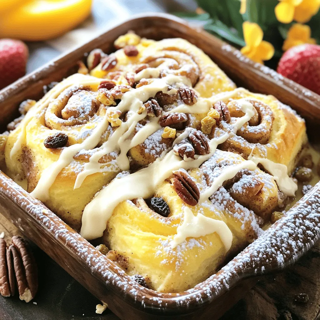 Here’s what you need for your cinnamon roll casserole: - 2 cans of refrigerated cinnamon roll dough (with icing) - 4 large eggs - 1 cup milk - 1 teaspoon vanilla extract - 1 teaspoon ground cinnamon - 1/2 cup brown sugar - 1/4 cup chopped pecans (optional) - 1/4 cup raisins (optional) - Cream cheese frosting (included in the cinnamon roll package or homemade) These ingredients make a tasty breakfast delight. The cinnamon roll dough gives the dish its sweet, fluffy base. Eggs and milk create a rich custard that soaks into the rolls. Vanilla and cinnamon add warm, comforting flavors. Brown sugar adds extra sweetness, while pecans and raisins provide a nice crunch and chew. Using cream cheese frosting on top makes it even better. You can keep the frosting simple or make your own. This dish is perfect for family gatherings or lazy weekend breakfasts. For the full recipe, check out the [Full Recipe]. First, preheat your oven to 350°F (175°C). This step is key to baking your casserole evenly. While the oven heats, grease a 9x13 inch baking dish with cooking spray or butter. This will prevent sticking and help with easy serving. Open the cans of refrigerated cinnamon roll dough. Cut each roll into quarters. You want to create bite-sized pieces. Spread the cut pieces evenly in the prepared baking dish. Make sure they are well-distributed for even cooking. In a large bowl, whisk together the eggs and milk. This mixture will bind the rolls together. Next, add in the vanilla extract, ground cinnamon, and brown sugar. Mix until everything is well combined. This step adds flavor and sweetness to your casserole. Now, pour the egg mixture over the cinnamon roll pieces in the baking dish. Make sure every piece is soaked. If you want, sprinkle chopped pecans and raisins on top for added texture and flavor. These ingredients are optional but can enhance your dish. Place the baking dish in the preheated oven. Bake for 25-30 minutes. Keep an eye on it; the casserole will be set and golden brown when done. You will know it’s ready when a toothpick inserted comes out clean. This is the perfect time to enjoy the aroma filling your kitchen. To cut the cinnamon rolls easily, use a sharp knife. Slice each roll into four pieces for even cooking. This helps each piece soak up the egg mix well. For maximum flavor, add extra spices. A pinch of nutmeg or cardamom pairs nicely with cinnamon. These spices can elevate your dish's taste. Serving your cinnamon roll casserole with a dusting of powdered sugar looks nice. It adds a sweet touch that everyone loves. You can also include fresh fruits like berries or banana slices. They add color and freshness to your meal. This makes the dish more appealing and fun to eat. You can choose between store-bought or homemade cream cheese frosting. Both options taste great, but homemade adds a personal touch. When drizzling, use a spoon or squeeze bottle for control. This way, you can make pretty patterns on each serving. It adds a nice finishing touch to your lovely cinnamon roll casserole. For the full recipe, check out the earlier section. {{image_2}} You can make your cinnamon roll casserole even more special by adding fruit. Apples and berries work great. Just chop the fruit into small pieces. Mix them in with the cinnamon rolls for added sweetness and flavor. You can also swap in different nuts or chocolate chips. Chopped walnuts or pecans add a nice crunch. Chocolate chips give a tasty twist that kids love. If you need gluten-free options, look for gluten-free cinnamon roll dough. Many stores sell it now. For dairy-free needs, use plant-based milk like almond or oat milk. You can also replace eggs with flaxseed meal. Just mix one tablespoon of flaxseed meal with three tablespoons of water. Let it sit for a few minutes to thicken. This mix works well in many baked goods. To enjoy your casserole, pair it with a warm drink. Coffee complements the sweet flavors perfectly. Fresh juice is a great option too, adding a refreshing touch. If you want to impress guests, create a brunch buffet. Serve the casserole with fresh fruit and yogurt on the side. This makes for a colorful and fun spread. You can find the full recipe online and customize it to your liking. To keep your cinnamon roll casserole fresh, place it in the fridge. Let it cool first. Then, cover it tightly with plastic wrap or foil. You can also use an airtight container. This helps keep moisture in and prevents drying out. When you're ready to enjoy leftovers, you have a few options. You can use the oven or microwave. For the oven, preheat to 350°F (175°C). Place the casserole in a baking dish and cover with foil. Bake for about 15-20 minutes until warm. In the microwave, heat in 30-second intervals. This method works fast. Be careful to not overheat, as it can make the casserole dry. You can freeze this casserole, too! If you want to freeze it before baking, prepare the dish as usual, but do not bake. Cover it tightly and place it in the freezer. To thaw, move it to the fridge overnight before baking. If you freeze it after baking, cool it first, then wrap it well. To reheat, just bake it from frozen at 350°F (175°C) for about 30-35 minutes. Enjoy your delicious treat anytime! You can use other types of dough. Try using biscuit dough for a flakier texture. Croissant dough also works well for a buttery flavor. If you are feeling adventurous, use puff pastry for a unique twist. Yes, you can. Prepare the casserole the night before. Just cover it and keep it in the fridge. In the morning, bake it straight from the fridge. This saves time and makes breakfast easy. Leftovers will last about three to four days in the fridge. Store them in an airtight container to keep them fresh. You can reheat portions in the microwave for a quick treat. In this article, we covered how to make a delicious cinnamon roll casserole. We discussed the key ingredients and each step in the process, from mixing the dough to baking. I shared helpful tips to enhance flavor and boost presentation. You can vary the recipe to suit your taste, such as using fruit or different nuts. Finally, I provided storage tips to keep leftovers fresh. With these easy steps, you can enjoy a warm, tasty dish any time.