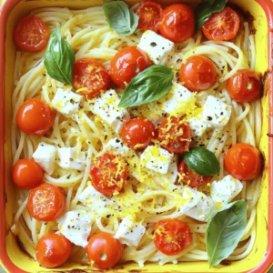 - 200g pasta (penne or fusilli) - 200g feta cheese block - 2 cups cherry tomatoes - 3 cloves garlic, minced - 1/4 cup extra-virgin olive oil - 1 teaspoon dried oregano - 1 teaspoon red chili flakes - Salt and pepper to taste - Fresh basil leaves, for garnish - Zest of 1 lemon To make this baked feta pasta, gather your ingredients. You need 200 grams of pasta. Penne or fusilli works best. You will also need a block of feta cheese. This cheese adds creaminess and flavor. Next, grab two cups of cherry tomatoes. They burst and add sweetness when baked. For extra flavor, use three cloves of minced garlic. Garlic brings a nice aroma. You will also need a quarter cup of extra-virgin olive oil. This oil helps blend the flavors. Add one teaspoon of dried oregano for a herby taste. If you want a kick, include one teaspoon of red chili flakes. Adjust salt and pepper to your liking. Fresh basil leaves make a lovely garnish. Finally, lemon zest adds brightness. You can find the Full Recipe at the end of this section. Enjoy creating a delicious meal! - Preheat your oven to 400&deg;F (200&deg;C). - Mince garlic and prepare your baking dish. Start by gathering all your ingredients. This makes cooking easier. Chop the garlic into tiny pieces. This lets the flavor mix well with the tomatoes. Set your baking dish nearby to save time. - Combine cherry tomatoes, garlic, olive oil, oregano, chili flakes, salt, and pepper in the dish. - Place the feta cheese block in the center and drizzle with olive oil. In the baking dish, add your cherry tomatoes and minced garlic. Pour in the olive oil, then sprinkle the oregano, chili flakes, salt, and pepper. Mix it gently. Next, put the block of feta cheese right in the middle. Drizzle a bit more olive oil on top. This will make it rich and creamy. - Boil pasta according to package instructions until al dente. - Drain and set aside. Now, fill a pot with water and bring it to a boil. Add your pasta and cook it until it&rsquo;s al dente, which means it should be firm but not hard. Once done, drain the pasta in a colander and keep it aside. - Mash feta and tomatoes after baking. - Toss with cooked pasta and lemon zest. After baking for 25-30 minutes, take the dish out of the oven. The tomatoes should be burst and slightly charred, and the feta should be soft and golden. Use a fork to mash the feta and mix it with the tomatoes. This creates a creamy sauce. Next, add the cooked pasta to the dish and toss everything together. Finally, add lemon zest for a fresh flavor. With these steps, you create a warm and tasty meal that is sure to impress. For the full recipe, check the detailed version to ensure perfect results. To make your baked feta pasta shine, start with high-quality feta cheese. This will give your dish a creamy texture and rich taste. Next, don't be shy with fresh herbs and spices. Try adding basil, thyme, or even a hint of rosemary. These can elevate the flavor and add a fresh twist to your meal. Baking time is key. If you want a creamy feta, bake it for 25 minutes. For a firmer texture, give it an extra five minutes. The tomatoes should burst and create a sauce. When cooking your pasta, ensure it's perfectly al dente. This will help it soak up the delicious sauce later on. To make your dish look great, use fresh basil leaves as a garnish. They add color and a lovely aroma. For an extra zing, sprinkle some lemon zest or parmesan on top before serving. This touch will impress your guests and enhance the flavors. {{image_2}} You can change up the vegetables in baked feta pasta for more flavor. - Add spinach or arugula for greenery. They bring a fresh taste. - Incorporate roasted bell peppers for added flavor. They add sweetness and color. Adding protein makes this dish more filling and hearty. - Include grilled chicken or shrimp for a hearty meal. They pair well with feta. - Try adding chickpeas for a vegetarian protein source. They add fiber and taste. Switching cheese can create a new taste. - Substitute with goat cheese for a tangy twist. It melts beautifully and adds depth. - Use vegan feta for a dairy-free option. It keeps the dish creamy without dairy. Feel free to explore these variations to make the dish your own! For the full recipe, check out the [Full Recipe]. Store your leftovers in an airtight container. They stay fresh for up to 3 days. This helps keep flavors intact. Make sure to let it cool before sealing. You can freeze baked feta pasta for later use. First, let it cool completely. Then, put it in a freezer-safe container. Label it with the date for easy tracking. To reheat, thaw it overnight in the fridge. Then, bake it in the oven at 350&deg;F (175&deg;C) until heated through. This method keeps the pasta tasty and creamy. To keep your pasta fresh, use good storage methods. Always store it in a clean, dry container. Avoid adding fresh basil before storing. It wilts quickly and can affect the dish's look. You can add fresh basil just before serving for the best flavor. Yes, you can use many types of pasta! Spaghetti, rotini, or penne work well. Each type brings its own charm to the dish. I like to use penne or fusilli for their ability to hold onto the creamy sauce. Feel free to experiment with your favorites! Baked feta pasta stays fresh for about three days in the fridge. Store it in an airtight container to keep it tasty. When you're ready to eat, just reheat it in the oven or microwave until it's warm. This dish pairs well with many sides. A fresh salad adds crunch and balance. Garlic bread brings warmth and flavor, making it a perfect match. You could also serve it with roasted veggies for a colorful plate. Yes, you can prep baked feta pasta in advance! Assemble the dish but skip the baking. Cover it well and store it in the fridge. When ready to eat, just bake it as instructed. This saves time on busy days! Baked feta pasta is easy and delicious. You only need pasta, feta, and cherry tomatoes. With garlic, olive oil, and spices, you create a tasty dish. Remember to use quality ingredients for the best flavor. Feel free to add veggies or protein for variety. Store leftovers properly to enjoy later. This dish is sure to impress anyone. Now it&rsquo;s your turn to try this simple recipe and wow your friends and family! Enjoy your cooking adventure!