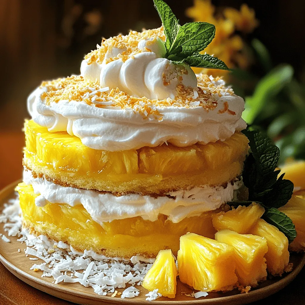 Here is what you need to make Pineapple Heaven Cake: - 2 cups all-purpose flour - 1 ½ cups granulated sugar - 1 cup unsweetened crushed pineapple (drained) - ½ cup unsalted butter, softened - 1 tsp baking powder - 1 tsp baking soda - ½ tsp salt - 4 large eggs - 1 tsp vanilla extract - ½ cup coconut milk - 1 cup shredded sweetened coconut - 1 cup crushed walnuts (optional) - Whipped cream for topping These ingredients come together to create a moist and flavorful cake. Each item plays a key role in the final taste and texture. You can change some ingredients if needed. Here are some options: - Flour: Use whole wheat flour for a healthier choice. - Butter: Coconut oil works well if you want a dairy-free cake. - Sugar: You can swap granulated sugar for brown sugar for a richer flavor. - Coconut milk: Almond milk or oat milk can replace coconut milk. - Eggs: Use flax eggs (1 tbsp ground flaxseed + 3 tbsp water) for a vegan option. These swaps help keep the essence of the cake while catering to different diets or preferences. Here’s a quick look at what one serving of Pineapple Heaven Cake offers: - Calories: 280 - Total Fat: 12g - Saturated Fat: 7g - Cholesterol: 70mg - Sodium: 180mg - Total Carbohydrates: 38g - Dietary Fiber: 1g - Sugars: 22g - Protein: 4g This cake is a lovely treat, perfect for gatherings or celebrations. Remember, moderation is key to enjoying this sweet delight! For the full recipe, check out the details earlier in the article. To make Pineapple Heaven Cake, start by gathering your ingredients. You will need flour, sugar, crushed pineapple, butter, eggs, and more. 1. Preheat your oven to 350°F (175°C). Grease and flour a 9x13 inch baking pan. 2. In a large bowl, cream the softened butter and sugar until light and fluffy. 3. Add the eggs one by one. Mix well after each egg. Stir in the vanilla and coconut milk. 4. In another bowl, sift the flour, baking powder, baking soda, and salt together. 5. Slowly mix the dry ingredients into the wet mixture. Do not overmix; just blend until combined. 6. Fold in the crushed pineapple, shredded coconut, and nuts if you like. 7. Pour the batter into your prepared pan. Smooth the top with a spatula. 8. Bake for 30-35 minutes. To check, insert a toothpick in the center. It should come out clean. 9. Let the cake cool in the pan for 10 minutes. Then, move it to a wire rack to cool completely. To get the best texture in your cake, follow these tips: - Use room temperature ingredients. This helps the batter mix well. - Don’t overmix the batter. Mix just until you see no dry flour. - Let the cake cool completely before frosting. This keeps the whipped cream from melting. Once the cake is cool, it’s time to serve. Top it with whipped cream and extra coconut. - For a lovely presentation, slice the cake and place each piece on colorful plates. - Add a sprig of mint and a few pineapple chunks to each slice for a tropical touch. Enjoy this easy and delightful treat! For the complete recipe, check the [Full Recipe]. When making Pineapple Heaven Cake, avoid overmixing the batter. This can make the cake tough. Make sure to fold in the crushed pineapple gently. Also, check your oven temperature. An oven too hot can burn the cake's edges. Lastly, let the cake cool before adding whipped cream. This keeps the cream from melting. You can boost flavor by adding a few ingredients. For a fruity twist, try adding diced mango or banana. If you love nuts, add some crushed walnuts or pecans. Adding a hint of lime juice gives a refreshing zing. You can also mix in chocolate chips for a sweet surprise. To make this cake, you need some basic tools. A 9x13 inch baking pan is key for even baking. Use a good mixing bowl for combining ingredients. A hand mixer helps cream butter and sugar well. Don’t forget measuring cups and spoons for accuracy. Finally, a wire rack cools the cake perfectly after baking. Check out the Full Recipe for more details. {{image_2}} You can make Pineapple Heaven Cake even better by adding more fruit. Try mixing in mango, banana, or peaches. These fruits pair well with the pineapple and add extra flavor. You can also use fresh fruit instead of canned. Just make sure to chop it up small. This extra fruit makes the cake even more tropical and fun. For those who need gluten-free options, use gluten-free flour instead of all-purpose flour. This swap works well and keeps the cake tasty. To create a vegan version, replace eggs with flaxseed meal mixed with water. Use coconut oil in place of butter too. These changes make the cake fit for everyone, while still keeping it moist and delicious. Frosting can change the whole cake experience! You can use cream cheese frosting for a tangy touch. A coconut whipped cream gives a light and fluffy feel. For a fun twist, try a mango glaze or a simple dusting of powdered sugar. Each frosting brings its own flavor, making every bite a new delight! To keep your Pineapple Heaven Cake fresh, store it in an airtight container. This helps keep the moisture in. If you don't have a container, cover the cake with plastic wrap. Make sure it is sealed tight to prevent drying out. You can keep it at room temperature for up to three days. If you live in a warm area, store it in the fridge to keep it fresh longer. Freezing is a great way to save your Pineapple Heaven Cake for later. First, let the cake cool completely. Then, slice it into pieces if you like. Wrap each slice tightly in plastic wrap. Place the wrapped slices in a freezer-safe bag. Be sure to remove as much air as possible. You can freeze the cake for up to three months. When ready to enjoy, thaw it in the fridge overnight. Pineapple Heaven Cake can last quite a while if stored properly. At room temperature, it stays fresh for about three days. In the fridge, it can last about one week. If you freeze it, the flavor and texture remain good for three months. Always check for any signs of spoilage before eating. Enjoy your cake at its best! To keep your cake moist, use crushed pineapple. The juice adds great moisture. Make sure to drain it well, so it doesn't add too much liquid. Also, don’t overbake it. Check for doneness at 30 minutes. The toothpick should come out clean but not dry. You can add coconut milk for a rich texture. This gives the cake a nice, soft bite. I often serve it warm with whipped cream on top. Yes, you can use fresh pineapple! It offers a bright flavor and a firmer texture. Just chop it into small pieces and crush it a bit. Make sure to drain any extra juice, similar to canned pineapple. This way, your cake won't become soggy. Fresh pineapple makes the cake taste even more vibrant and tropical. If you want a more intense flavor, grill the fresh pineapple before adding it to the batter. Pineapple Heaven Cake pairs well with many treats. Top it with whipped cream for a light finish. You can also add a scoop of vanilla ice cream for a creamy contrast. A sprinkle of toasted coconut can enhance the tropical vibe. Serve it on colorful plates to make it more fun. Fresh mint leaves or pineapple chunks can add a nice touch too. For a drink, try a tropical fruit punch or a light lemonade. For the full recipe, check here: [Full Recipe]. In this blog, we explored how to make Pineapple Heaven Cake. We covered the key ingredients, including substitutions and nutritional info. The step-by-step instructions helped you prepare, bake, cool, and serve the cake perfectly. I shared tips to avoid common mistakes and enhance flavors. We also discussed fun variations and storage tips for leftovers. Lastly, I answered frequent questions to help you succeed. Remember, with a few simple steps, you can create a delicious treat everyone will love. Enjoy your baking and the tasty results!