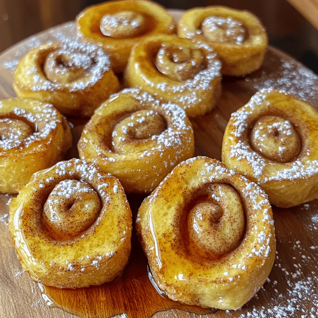 To create these tasty bites, gather these key ingredients: - 1 can (12 oz) refrigerated cinnamon roll dough - 3 large eggs - 1/2 cup milk - 1 tsp vanilla extract - 1/2 tsp ground cinnamon - 2 tablespoons butter - 1/4 cup maple syrup (for serving) - Powdered sugar (for dusting, optional) These ingredients make the bites sweet and fluffy. The cinnamon roll dough gives that classic flavor. Eggs and milk create a nice soak, making each piece delicious. The vanilla adds a lovely aroma. Ground cinnamon enhances this treat's warmth. Butter helps with browning and adds richness. You can personalize these bites with a few extra ingredients: - Fresh fruit (like berries or bananas) - Nuts (such as pecans or walnuts) - Chocolate chips for sweetness - Cream cheese frosting for dipping Adding fruits or nuts can boost the flavor and add texture. Chocolate chips make them extra special. Cream cheese frosting can turn them into a rich dessert. To make Cinnamon Roll French Toast Bites, you’ll need: - A baking tray - Parchment paper - Mixing bowls - Whisk - Large skillet - Tongs or a spatula Using the right tools makes cooking easier. The parchment paper helps with cleanup, while the skillet ensures even cooking. A whisk is perfect for mixing the egg mixture well. Tongs or a spatula let you flip the bites safely. For the complete recipe, check out the [Full Recipe]. Start by preheating your oven to 375°F (190°C). Line a baking tray with parchment paper. Open the can of refrigerated cinnamon rolls. Carefully pull apart each roll and cut them into four small pieces. This makes them easy to dip and cook. Keep them close as you will use them soon. In a mixing bowl, gather your eggs, milk, vanilla extract, and ground cinnamon. Whisk these together until they blend well. This egg mixture gives the bites a nice flavor and helps them cook evenly. Make sure there are no lumps. Take each piece of cinnamon roll dough and dip it into the egg mixture. Let it soak for a few seconds but do not let it get too soggy. In a large skillet, melt 2 tablespoons of butter over medium heat. Add the soaked pieces carefully, making sure they do not overlap. Cook for about 2-3 minutes until golden brown. Flip them and cook for another 2-3 minutes. Once browned, move the bites to your prepared baking tray. Bake in the oven for 10 minutes to set. After baking, let them cool for a few minutes. Drizzle with maple syrup and dust with powdered sugar, if you like. Enjoy your sweet treat! For the complete process, check out the Full Recipe. To get fluffy bites, use fresh cinnamon roll dough. The dough should be soft and pillowy. Cut each roll into equal pieces for even cooking. Soak them in the egg mix just long enough. A few seconds is perfect! This way, they absorb enough flavor without falling apart. When cooking, space the pieces out in the pan. This helps them brown nicely and stay fluffy. If you have leftovers, store them in an airtight container. Let the bites cool completely before sealing. This keeps them from getting soggy. You can keep them in the fridge for up to three days. For longer storage, freeze them in a single layer. After freezing, move them to a freezer bag. They will last for about a month. One common mistake is overcrowding the skillet. If the bites touch, they won’t cook evenly. Always make sure there is space between each piece. Another mistake is not soaking the dough enough. If you don’t soak them long enough, they will be dry. Lastly, check your oven temperature. An oven that is too hot can burn the outside while leaving the inside doughy. Follow these tips for perfect bites every time! {{image_2}} You can easily mix flavors with your Cinnamon Roll French Toast Bites. Here are some ideas: - Nutty Delight: Add chopped walnuts or pecans to the egg mix. - Chocolate Swirl: Include mini chocolate chips in the dough. - Fruit Burst: Toss in fresh berries or sliced bananas before cooking. - Maple Pecan: Drizzle with a maple pecan sauce instead of syrup. Each of these options adds a new twist. Experiment and find what you love most. If you need a different approach, I have you covered. Here are some alternatives: - Gluten-Free: Use gluten-free cinnamon roll dough. - Dairy-Free: Swap milk for almond or oat milk. - Vegan: Replace eggs with a flaxseed mixture or a commercial egg replacer. - Sugar-Free: Use sugar-free syrup or a natural sweetener. These swaps let everyone enjoy the treat. Serving your bites can be fun and creative. Try these ideas: - Skewers: Place bites on skewers for a fun presentation. - Dipping Sauces: Offer different sauces like chocolate, caramel, or yogurt. - Fruit Garnish: Add fresh fruit on the side for color and taste. - Breakfast Platter: Serve with bacon or sausage for a full meal. These ideas can make your brunch special. For the full recipe, check the details above. After enjoying your Cinnamon Roll French Toast Bites, store any leftovers in the fridge. Place them in an airtight container. This keeps them fresh for up to three days. Make sure to let them cool completely before sealing. This helps avoid moisture buildup inside the container. To enjoy your bites again, reheat them in the oven. Preheat the oven to 350°F (175°C). Place the bites on a baking sheet for about 5-7 minutes. This method keeps them crispy and warm. You can also use a microwave. Simply heat them for about 30 seconds. However, the oven gives a better texture. If you want to save some bites for later, freezing is a great option. Let them cool completely, then place them in a freezer-safe bag. Squeeze out as much air as possible before sealing. They can last up to three months in the freezer. When you’re ready to eat, thaw them in the fridge overnight. Reheat as mentioned above for the best taste. The prep time for Cinnamon Roll French Toast Bites is just 15 minutes. You can whip these up quickly. The total time from start to finish is around 30 minutes. That includes cooking and baking. This makes it a great choice for a fast breakfast or brunch. Yes, you can make these bites ahead of time. Prepare them fully and let them cool. Store them in an airtight container in the fridge. They will last for about three days. When you are ready to eat, you can reheat them in the oven or microwave. They taste best warm and fresh. To make Cinnamon Roll French Toast Bites without eggs, use a simple substitute. You can mix 1 tablespoon of ground flaxseed with 2.5 tablespoons of water. Let it sit for a few minutes until it thickens. This mix will act as an egg replacement in your recipe. You can also use mashed banana or unsweetened applesauce for a different twist. Just keep the same amount as you would for eggs. This way, you still get tasty bites! You learned how to make tasty Cinnamon Roll French Toast Bites. We covered key ingredients and tools you need. I shared step-by-step instructions for perfect bites every time. You also got tips on storing leftovers and avoiding common mistakes. Variations and dietary options can help make this dish your own. Enjoy making this fun and sweet treat! It’s easy to share and always a hit. Try it out, and you’ll see how simple it is to impress your friends and family.