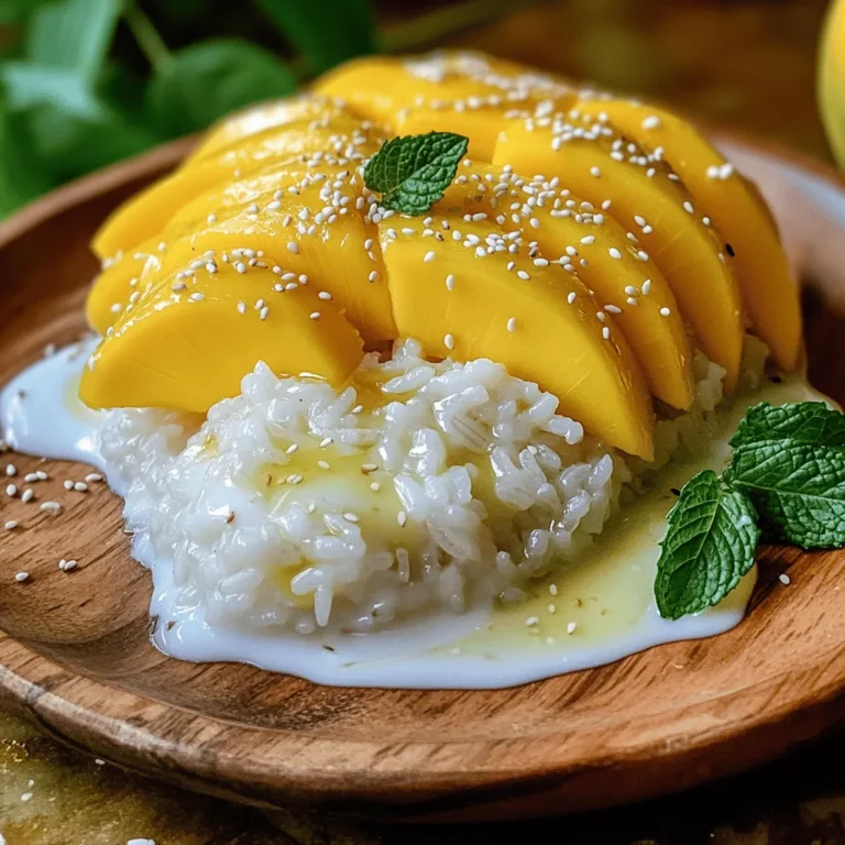 To make mango sticky rice, you need a few key ingredients: - 1 cup glutinous (sticky) rice - 1 ½ cups coconut milk - ½ cup sugar - ¼ teaspoon salt These ingredients create the rich, creamy base of the dish. The glutinous rice gives it the perfect sticky texture. The coconut milk adds creaminess, while sugar and salt balance the flavors. Choosing ripe mangoes is key. Look for mangoes that yield slightly to pressure. Their skin should have a vibrant color. You can use any sweet variety, like Honey or Ataulfo mangoes. For optional garnishes, consider adding sesame seeds. They offer a nice crunch. Fresh mint leaves add a pop of color and flavor. If you want to try different sweeteners, you can use maple syrup or honey. They can add unique flavors. For a dairy-free option, use non-dairy coconut milk. This keeps the dessert creamy without dairy. For the full recipe, check out the Tropical Mango Sticky Rice Delight . It’s simple and fun to make! 1. Rinse 1 cup of glutinous rice under cold water. Keep rinsing until the water runs clear. This step helps remove excess starch, making the rice less sticky. 2. Soak the rice in water for 4 hours or overnight. Soaking softens the rice and helps it cook evenly. 3. After soaking, drain the rice. Place it in a steamer lined with cheesecloth. This keeps the rice from falling through the holes. 4. Steam the rice over boiling water for 30 to 40 minutes. The rice should be tender and slightly translucent when done. 1. In a saucepan, combine 1 ½ cups of coconut milk, ½ cup of sugar, and ¼ teaspoon of salt. 2. Heat the mixture over low heat. Stir gently until the sugar dissolves. Be careful not to let it boil, as boiling can change the texture of the milk. 3. Once the sugar is dissolved, take it off the heat. You want the mixture warm, not hot. 1. Once the sticky rice is ready, transfer it to a large bowl. Pour 1 cup of the warm coconut milk mixture over the rice. 2. Stir gently to mix everything together. Cover the bowl and let it sit for about 20 minutes. This allows the rice to soak up the coconut flavor. 3. To serve, scoop a portion of the sticky rice onto a plate. Arrange the sliced mangoes beside or on top of the rice. 4. Drizzle the remaining coconut milk mixture over the dish. For a nice touch, sprinkle sesame seeds on top and add fresh mint leaves as a garnish if you like. For more details, check the Full Recipe. Enjoy your Mango Sticky Rice Dessert! To make mango sticky rice great, use ripe mangoes. Look for mangoes that have a sweet smell. Soft skin is a sign of ripeness. They should yield slightly to gentle pressure. The best varieties are Nam Dok Mai and Haden. These types have a smooth texture and rich flavor. Avoid green or hard mangoes, as they are not sweet. Cooking sticky rice can be tricky. First, rinse the rice well until the water is clear. Soak it for at least four hours. This helps the grains absorb water. When steaming, use a cheesecloth lining for even cooking. Steam for about 30 to 40 minutes. Check the rice; it should be tender and sticky, not mushy. If overcooked, it can turn gummy, so watch the time carefully. Plating makes your dish pop. Start by using a small bowl to shape the sticky rice. Press it in gently and flip it onto the plate. Fan out the mango slices beside the rice. Drizzle the warm coconut milk over the top. For extra flair, sprinkle sesame seeds for crunch. A few fresh mint leaves add color and freshness. This simple touch makes your dish look gourmet. For the full recipe, check out the Tropical Mango Sticky Rice Delight! {{image_2}} You can add fun flavors to your mango sticky rice. One great twist is pandan. This leaf gives a green color and a sweet aroma. It pairs well with coconut. You can also mix in fruits or nuts. Try adding mango chunks or even crunchy peanuts. These additions make the dish exciting and fresh. Mango sticky rice has many versions. The Thai version is the most famous. It uses sweet mangoes and rich coconut sauce. In other Southeast Asian countries, you may find different fruits or nuts. Each region adds its own flair. This makes every version unique and worth trying. If you need gluten-free options, you are in luck! Glutinous rice is naturally gluten-free. You can also make a vegan version. Just use plant-based milk instead of regular coconut milk. This way, everyone can enjoy this tasty treat. To keep your mango sticky rice fresh, place leftovers in a sealed container. Make sure the container is airtight. You can use glass or plastic containers. Store the dessert in the fridge. It will stay tasty for a few days. Always let it cool before sealing. This step helps avoid moisture buildup. When you are ready to eat it again, reheating is key. You can use a microwave or a steamer. For the microwave, put it in a bowl. Add a splash of coconut milk to keep it moist. Heat it for about 30 seconds. For steaming, place it in a steamer basket. Cover it and steam for about 5-10 minutes. Both methods help keep the rice sticky and soft. Mango sticky rice can last about 3 to 5 days in the fridge. If you want to keep it longer, you can freeze it. In the freezer, it lasts for about a month. Make sure to store it in a freezer-safe container. When you want to enjoy it, thaw it in the fridge overnight. Then, reheat it as needed. Mango Sticky Rice is a sweet dish from Thailand. It has soft, sticky rice, sweet coconut milk, and fresh mango slices. The rice is often steamed and mixed with coconut milk, giving it a rich flavor. This dessert is simple yet delightful. No, you should not use regular rice. Glutinous rice, also known as sticky rice, has a high starch content. This starch gives the rice its unique sticky texture. Regular rice will not work well for this dessert. You can serve Mango Sticky Rice warm or cold. Many people enjoy it warm, right after making it. However, some like to chill it in the fridge for a refreshing treat. Choose what you prefer! You can prepare the rice and coconut milk mix ahead of time. Simply cook the rice and let it cool. Store it in the fridge. Make the coconut milk mix and keep it in a separate container. When you are ready to serve, just combine them. Mango Sticky Rice pairs well with many drinks. You can enjoy it with sweet Thai iced tea or coconut water. It also goes great with fresh fruit salads or a scoop of coconut ice cream. These pairings enhance the dessert's tropical flavors. Mango sticky rice is a simple and delicious dish made with key ingredients like glutinous rice, coconut milk, and sugar. We covered how to choose ripe mangoes and some handy tips for making the best rice. You can also explore fun variations and dietary options to fit your taste. Remember to store leftovers properly to enjoy later. This dessert is satisfying, and with the right techniques, anyone can make it. Now, it's time to enjoy your sweet treat!