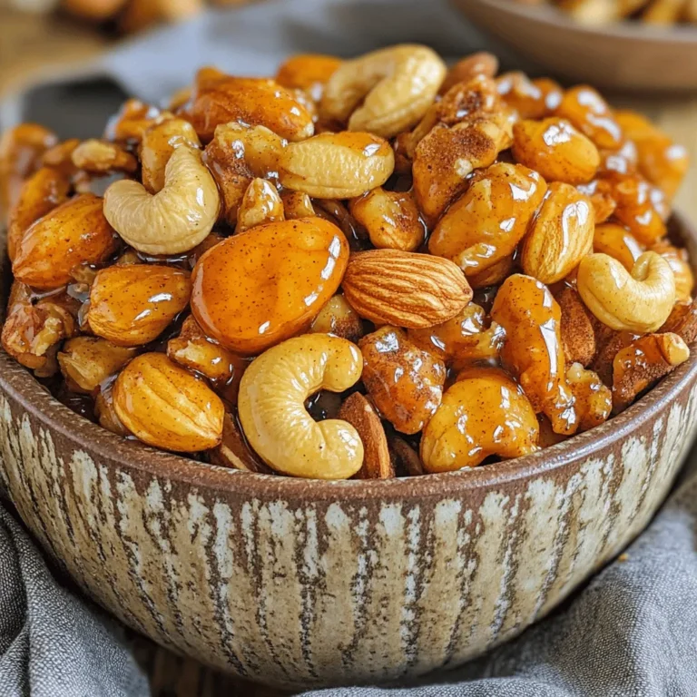 - 2 cups mixed nuts (almonds, cashews, walnuts) - 1/4 cup brown sugar - 2 tablespoons honey - 1 teaspoon cayenne pepper - 1 teaspoon ground cinnamon - 1/2 teaspoon sea salt - 1 tablespoon olive oil - 1 teaspoon vanilla extract When I make Sweet and Spicy Roasted Nuts, I love using mixed nuts. They add great texture and flavor. Almonds, cashews, and walnuts make the perfect blend. You can adjust the nuts based on your taste. For sweetness, I use brown sugar and honey. They give the nuts a rich flavor. The cayenne pepper adds a kick. Adjust it if you want more or less heat. Ground cinnamon brings warmth and depth to this snack. Sea salt balances the sweetness. It enhances all the flavors in the nuts. Olive oil helps the nuts roast evenly and gives them a nice shine. Finally, vanilla extract adds a lovely aroma. These nuts are a great snack. They provide healthy fats from the nuts. They also contain sugars from the brown sugar and honey. This snack is rich in calories, so enjoy in moderation. To make these roasted nuts, you will need a few tools: - A large mixing bowl - A small bowl for mixing spices - A baking sheet - Parchment paper to prevent sticking - A spoon for stirring With these ingredients and tools, you can create a tasty snack. For the complete process, check the Full Recipe. To start, gather all your ingredients. You'll need mixed nuts, brown sugar, honey, cayenne pepper, cinnamon, sea salt, olive oil, and vanilla extract. This recipe is simple and quick, taking just 10 minutes to prep. 1. Preheat your oven to 350°F (175°C). 2. Line a baking sheet with parchment paper. This will help with easy cleanup later. In a large bowl, add your mixed nuts. Pour in the olive oil and stir well. Make sure all the nuts are coated with oil. This step helps the spices stick better. In a small bowl, mix together brown sugar, honey, cayenne pepper, cinnamon, sea salt, and vanilla extract. Stir until everything is combined. Next, pour this mixture over the nuts. Use a spatula or wooden spoon to stir well. Make sure every nut gets a good coating. Spread the nuts evenly on your prepared baking sheet. Lay them in a single layer for even roasting. Now, roast them in the oven for 15-20 minutes. Stir every 5 minutes to prevent any burning. You want them to turn golden brown and smell great. Once roasted, take them out and let them cool. As they cool, they will become crunchier. If you have any clusters, just break them apart. Store your sweet and spicy roasted nuts in an airtight container. They'll stay fresh for up to two weeks. For the complete recipe with all details, check out the Full Recipe. To change the spice level, use more or less cayenne pepper. If you like it hot, add an extra half teaspoon. For a milder taste, cut the cayenne to half a teaspoon. You can also try other spices like smoked paprika. This will give a nice smoky flavor without the heat. For the best nuts, use a single layer on the baking sheet. This helps them roast evenly. Stir every five minutes to avoid burning. Keep an eye on them, as nuts can burn fast. When they smell nutty and look golden brown, they are ready. Let them cool completely to become extra crunchy. These nuts make a great snack by themselves. You can also serve them at parties in small bowls. Try mixing them into salads for a fun crunch. They pair well with cheese and dried fruit on a charcuterie board. For a sweet treat, serve them with dark chocolate. {{image_2}} You can customize the nuts in this recipe. Try using pecans or hazelnuts. Each nut brings its own flavor and texture. Mixing in pumpkin seeds or sunflower seeds adds crunch and nutrition. Get creative with your blend and find what you love best! While brown sugar is great, you can switch it up. Maple syrup gives a nice flavor. Agave nectar is another good choice for sweetness. Experiment with coconut sugar for a caramel-like taste. Each sweetener changes the nuts' flavor just a bit! Want to turn up the heat? Add more cayenne pepper for extra spice. You can also mix in chili powder for a smoky kick. Try crushed red pepper flakes for a different heat. A dash of hot sauce can make these nuts even more exciting! To keep your sweet and spicy roasted nuts fresh, store them in an airtight container. Glass jars work well, or you can use plastic containers. Make sure the lid is tight to keep air out. You can also use resealable bags if you remove as much air as possible. When stored properly, these nuts last for about two weeks. After that, they may lose their crunch and flavor. If you notice any off smells or signs of spoilage, it’s best to toss them. Enjoy them while they are fresh for the best taste! You can freeze roasted nuts for longer storage. Place them in a freezer-safe bag or container. Write the date on the bag so you remember when you froze them. They can last for up to three months in the freezer. To use, just take out what you need and let them thaw. They will still taste great, but may not be as crunchy as fresh ones. For the full recipe, check the earlier sections! To make Sweet and Spicy Roasted Nuts vegan, simply swap honey with maple syrup or agave nectar. Both options provide sweetness without using animal products. This change keeps the flavor robust and delicious. You can also use vegan butter instead of olive oil if you prefer a richer taste. Yes, you can use different types of nuts! Almonds, cashews, and walnuts work well, but feel free to explore. Pecans, hazelnuts, or even peanuts add a unique twist. Just remember to adjust the roasting time based on the nuts' size. Smaller nuts may roast faster, while larger ones need more time. Sweet and Spicy Roasted Nuts are great for many occasions. Serve them as a snack during movie night or at parties. They also make a tasty topping for salads or yogurt. For a fun twist, package them in small bags as gifts. Their crunch and flavor will impress everyone. You can find the Full Recipe for Sweet and Spicy Roasted Nuts above in this article. It includes detailed ingredients and step-by-step instructions to help you create this tasty snack at home. Enjoy making it! In this post, we walked through making sweet and spicy roasted nuts. You learned about the right ingredients, tools, and steps to get it just right. I shared tips for custom flavors and quick storage options. Remember, you can mix nuts and spices to fit your taste. Enjoy these nuts as snacks or gifts! With these easy steps, you can impress friends and family with a tasty treat. Happy roasting!