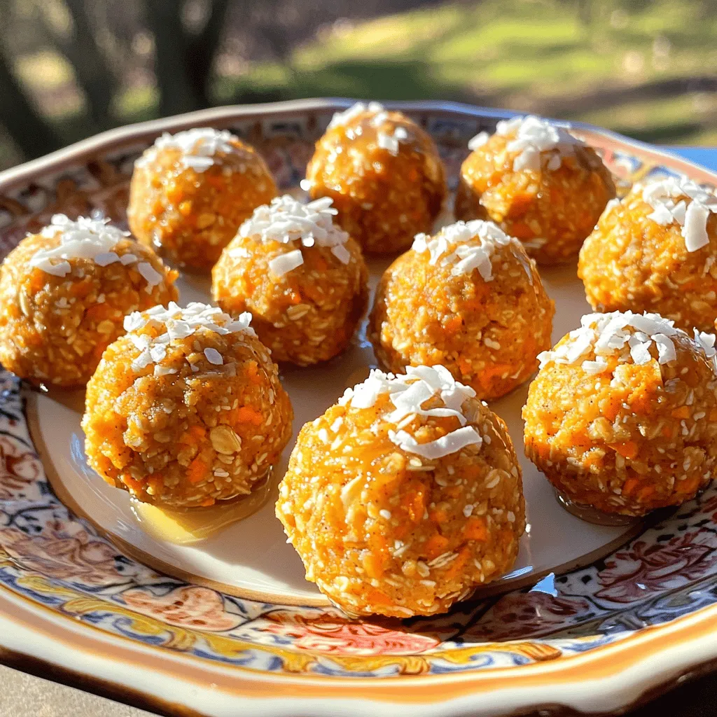 To make these tasty bites, gather the following ingredients: - 1 cup rolled oats - ½ cup almond flour - 1 cup grated carrots (about 2 medium-sized carrots) - ¼ cup honey or maple syrup - ¼ cup unsweetened shredded coconut - 1 teaspoon ground cinnamon - ½ teaspoon ground nutmeg - ½ teaspoon vanilla extract - A pinch of salt These main ingredients create the base of your energy bites. The oats provide fiber, while the carrots add moisture and sweetness. Almond flour gives the bites a nutty flavor and helps with texture. For added flavor or crunch, consider these optional ingredients: - ¼ cup raisins or chopped walnuts (optional) Raisins bring natural sweetness, while walnuts add a crunchy bite. You can mix and match to find your favorite combination. Carrot Cake Energy Bites are not just tasty; they are healthy too. Each bite contains natural sugars from honey or maple syrup, fiber from oats, and vitamins from carrots. They make a great snack for both kids and adults. These bites are perfect for energy on the go and can help keep you full between meals. Start by grating your carrots. Use a box grater or a food processor. You want about 1 cup of grated carrots, which is about 2 medium-sized carrots. Set them aside. Fresh carrots add great flavor and nutrition to these energy bites. In a large bowl, combine the rolled oats, almond flour, and shredded coconut. Add the ground cinnamon, ground nutmeg, and a pinch of salt. Mix these dry ingredients well. This step ensures an even taste in every bite. Now, add the grated carrots to the dry mix. Pour in the honey or maple syrup and vanilla extract. If you like, toss in the raisins or chopped walnuts at this stage. Mix everything until it’s well combined. The mixture should feel sticky. If it seems too dry, add a little more honey or a splash of water. Using your hands, scoop about 1 tablespoon of the mixture. Roll it into a ball. Repeat this until you use up all the mixture. This step is fun and simple. You can make the bites as big or small as you like, but keep them about the same size for uniformity. Place the energy bites on a baking sheet lined with parchment paper. Put them in the refrigerator for at least 30 minutes. This helps them set and makes them easier to eat. When they are ready, you can enjoy these healthy snacks. For the full recipe, check out the details above! To keep your carrot cake energy bites fresh, store them in an airtight container. Place parchment paper between layers to avoid sticking. They stay good in the fridge for about one week. If you want them to last longer, freeze them. They can last up to three months in the freezer. Just thaw them in the fridge overnight before you enjoy them. You can make these energy bites your own. Try different nuts or seeds for added crunch. Use dried apricots or cranberries instead of raisins. For a fun twist, add a bit of cocoa powder for a chocolate flavor. You can also mix in some protein powder for an extra boost. Experiment with spices like ginger or cardamom for a new taste. One mistake is not measuring your ingredients correctly. Too much or too little can change the texture. Another common issue is not letting them chill long enough. They need time to firm up in the fridge. Lastly, don't skip the salt. It enhances the flavors and makes the bites more delicious. Follow the full recipe closely for the best results. {{image_2}} You can try different sweeteners in carrot cake energy bites. Honey gives a warm, rich flavor. Maple syrup adds a nice, subtle sweetness. Agave nectar is another option. Use what you have on hand. Each sweetener changes the taste slightly, so feel free to experiment. You might find your favorite mix! If you want a nut-free version, use seeds instead. Sunflower seeds are a great choice. Pumpkin seeds also work well. Both add crunch and nutrition. You can mix and match to find the best combo for your taste. Try adding in some chia seeds for extra fiber and Omega-3s. Seeds boost the bites without nuts. Adding superfoods is a fun way to enhance these bites. You can mix in chia seeds or flaxseeds for fiber. These seeds also pack a protein punch. Try adding cacao nibs for a chocolatey twist and antioxidants. Spirulina powder can also be sneaked in for a nutrient boost. These additions make your energy bites even healthier and tastier. Check out the Full Recipe to see how these variations can fit into your snack time! To keep your carrot cake energy bites fresh, store them in the fridge. Place them in an airtight container. This method helps maintain their taste and texture. They should stay good for about one week. Always check for any changes in smell or texture before eating. If you want to save some bites for later, freezing works great. First, let the energy bites cool completely in the fridge. Then, arrange them in a single layer on a baking sheet. Freeze until firm, usually about two hours. Once frozen, transfer them to a freezer-safe bag. They can last up to three months in the freezer. Just thaw them in the fridge before you eat. For storing energy bites, choose the right container. Glass or plastic airtight containers are best. They keep moisture out and flavors in. If you plan to freeze them, use freezer bags or containers. Be sure to label the bags with the date to keep track of freshness. For the full recipe, check out the cooking section! Carrot Cake Energy Bites last about one week in the fridge. Store them in an airtight container. If you freeze them, they can last up to three months. Just take them out when you want a quick snack. Yes, you can use other flours like whole wheat or coconut flour. Just remember, the texture may change. You might need to adjust the liquid to get the right stickiness. You can use agave syrup or brown rice syrup as substitutes. These sweeteners work well and keep the bites moist. If you prefer less sweetness, try mashed banana or unsweetened applesauce. Yes, if you use maple syrup instead of honey. Make sure all other ingredients are plant-based. This way, you can enjoy a tasty snack without any animal products. Absolutely! Just replace almond flour with oat flour or sunflower seed flour. This keeps the bites safe for nut allergies. You can still enjoy the great taste without worry. For the complete recipe, check out the Full Recipe link. Carrot Cake Energy Bites are simple to make and full of flavor. We covered the main ingredients and optional add-ins that boost taste and nutrition. You learned how to prepare, mix, and form your bites, plus storage tips to keep them fresh. Customizing these bites is easy, and the different variations keep things fun. Remember, energy bites are great snacks. They fit many diets too. Enjoy your tasty, healthy treat!