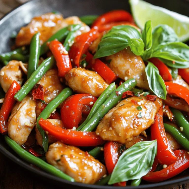 For this dish, you need simple, fresh ingredients. Here’s what you will use: - 500g boneless chicken thighs, sliced - 1 cup fresh Thai basil leaves - 2 tablespoons vegetable oil - 4 cloves garlic, minced - 2 bird's eye chilies, sliced (adjust to taste) - 1 red bell pepper, sliced - 1 cup green beans, trimmed and halved - 3 tablespoons soy sauce - 1 tablespoon oyster sauce - 1 tablespoon fish sauce - 1 teaspoon sugar - Fresh lime wedges for serving These ingredients come together to make a tasty meal that’s quick to prepare. You can customize this dish to your liking. Here are some ideas: - Add sliced carrots or snap peas for extra crunch. - Use chicken breast instead of thighs for a leaner option. - Swap Thai basil with regular basil or cilantro if needed. - Adjust the amount of chilies for more or less heat. Feel free to experiment with what you have on hand! Serve your Thai Basil Chicken Stir-Fry hot. I recommend: - Pairing it with steamed jasmine rice for a complete meal. - Adding a side of fresh cucumber salad for a crisp contrast. - Drizzling with lime juice for a zesty kick. These options will enhance your dining experience and balance the flavors beautifully. For the complete recipe, check out the Full Recipe. First, gather all your ingredients. You need: - 500g boneless chicken thighs, sliced - 1 cup fresh Thai basil leaves - 2 tablespoons vegetable oil - 4 cloves garlic, minced - 2 bird's eye chilies, sliced (adjust to taste) - 1 red bell pepper, sliced - 1 cup green beans, trimmed and halved - 3 tablespoons soy sauce - 1 tablespoon oyster sauce - 1 tablespoon fish sauce - 1 teaspoon sugar - Fresh lime wedges for serving Next, wash the Thai basil leaves and cut the chicken into thin pieces. Mince the garlic and slice the chilies, bell pepper, and green beans. This helps everything cook evenly. Now, heat the vegetable oil in a large wok or skillet over medium-high heat. Add the minced garlic and sliced chilies. Sauté for about 30 seconds until it smells great. Then, increase the heat to high. Add the sliced chicken to the wok. Stir-fry for about 4-5 minutes, or until the chicken is cooked through and browned. Next, toss in the sliced red bell pepper and green beans. Cook for another 2-3 minutes until the veggies are tender but still crisp. In a small bowl, mix the soy sauce, oyster sauce, fish sauce, and sugar. Pour this sauce over the chicken and veggies, stirring well. Finally, add the fresh Thai basil leaves. Toss everything together for about 1 minute, just until the basil wilts. Remove the wok from heat. Serve your Thai Basil Chicken Stir-Fry hot, with fresh lime wedges on the side for squeezing over the dish. This meal is quick, tasty, and full of flavor. You can find the Full Recipe for more details if needed. Enjoy! To make your Thai basil chicken shine, use fresh ingredients. Fresh Thai basil makes a huge difference. The smell alone brings joy. Adding lime juice at the end adds a zesty kick. You can also sprinkle some sesame seeds for crunch. If you like heat, adjust the chilies to your taste. More chilies mean more spice! For juicy chicken, start with high heat. This helps to sear the meat and locks in moisture. Cut the chicken into even pieces for uniform cooking. Stir-fry quickly, so the chicken cooks fast. Avoid overcrowding the pan, as this can steam the meat. Stirring often ensures even cooking and browning. A large wok or skillet is best for this dish. It gives enough space for the chicken and veggies to fry well. Use a wooden spatula to stir without scratching your pan. A sharp knife and cutting board help with quick prep. Ensure you have a strong stove that can handle high heat. This setup will help you make the best Thai basil chicken stir-fry! For the complete cooking process, check out the Full Recipe. {{image_2}} You can easily make this dish vegetarian or vegan. Swap the chicken for tofu or tempeh. Use the same cut size. This change gives you a nice texture. Make sure to press the tofu first to remove water. This helps it absorb flavors better. You can also add more veggies like mushrooms or carrots. They add great taste and color. If you want to try different proteins, go for shrimp, beef, or pork. These options cook quickly and pair well with basil. Slice them thin to help them cook evenly. For shrimp, cook until they turn pink. For beef or pork, ensure they reach a safe temperature. Each protein adds a unique flavor to the dish. You can adjust the spice level based on your taste. Add more bird's eye chilies for heat. If you prefer mild, use fewer chilies or remove the seeds. For a different kind of heat, try adding black pepper or chili flakes. You can also serve chili sauce on the side for those who like it hot. This way, everyone can enjoy their meal just how they like it. To store your Thai Basil Chicken Stir-Fry, let it cool first. Place it in an airtight container. This keeps the dish fresh for up to three days. Store it in the fridge. If you want to keep it longer, freezing is a great option. When you are ready to eat your leftovers, use a skillet. Heat it over medium heat. Add a splash of water or oil to keep it moist. Stir often until it’s hot. You can also use a microwave for quick reheating. Just cover it to avoid drying out. To freeze, make sure your stir-fry is cool. Place it in a freezer-safe container. It can last up to three months in the freezer. When you want to eat it, thaw it in the fridge overnight. Reheat it using the instructions above. Enjoy your meal even after some time! Yes, you can use other herbs. Sweet basil works well in a pinch. You might also try cilantro or mint. Each herb gives a different taste. Experiment to find what you like best. To reduce spiciness, use fewer bird's eye chilies. You can also remove the seeds from the chilies. Another option is to add sugar. This will balance the heat and make it milder. This dish pairs well with jasmine rice or noodles. You can also serve it with a fresh salad. For a crunchy side, try spring rolls. Each option complements the flavors nicely. Yes, this recipe can be gluten-free. Use gluten-free soy sauce and oyster sauce. Always check labels to ensure no gluten is present. This way, you can enjoy it without worry. For the complete steps and ingredients, check out the Full Recipe. It covers everything you need to make this tasty dish at home. Thai basil chicken stir-fry is simple, tasty, and versatile. We explored key ingredients, serving tips, and cooking steps for the best results. You can boost flavors and choose from many protein options. Storing leftovers or freezing them is easy too. The recipe suits all tastes, plus, it's gluten-free. Enjoy making this dish your own! With these tips, you’ll impress everyone at the table. Happy cooking!
